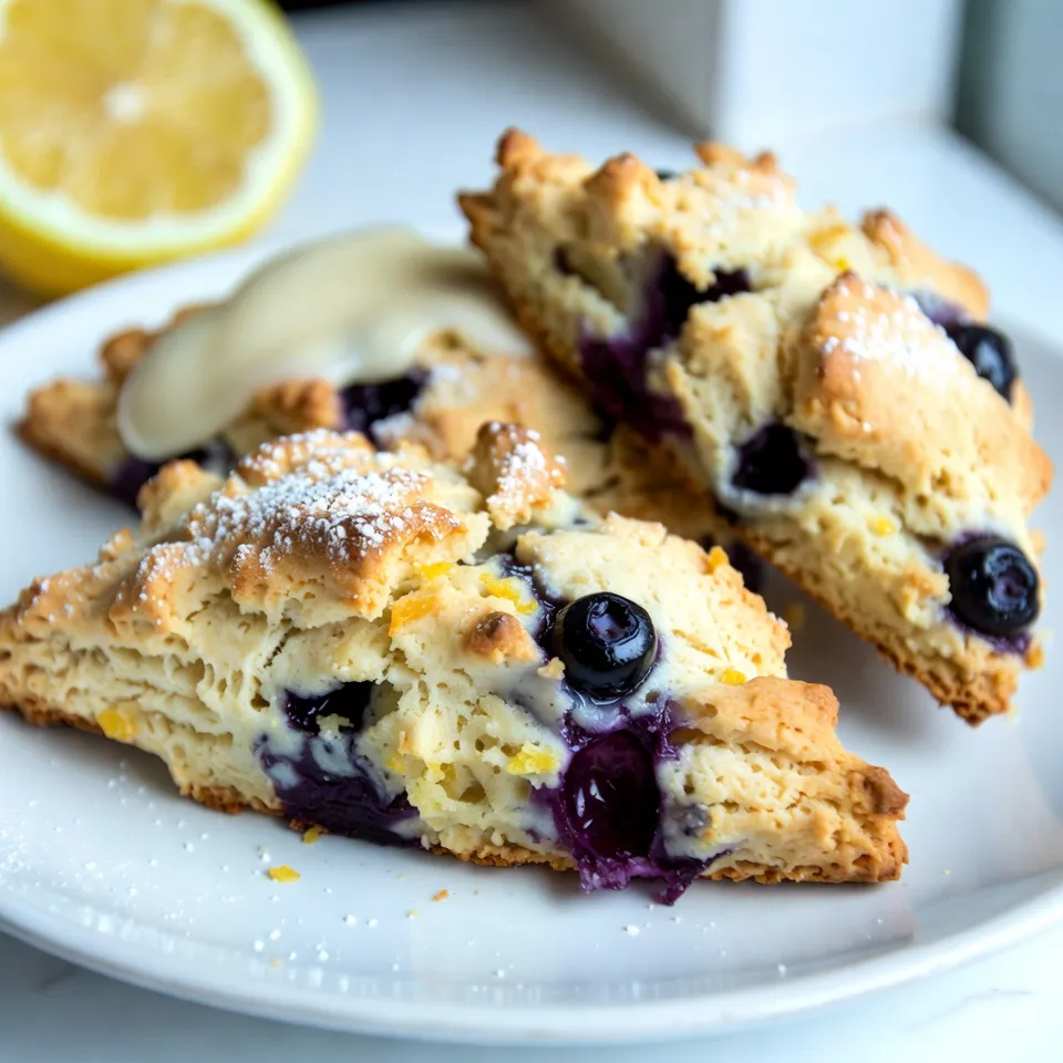 - 2 cups all-purpose flour - 1/4 cup granulated sugar - 1 tablespoon baking powder - 1/2 teaspoon salt - 1/2 cup unsalted butter, cold and cubed - 1 cup fresh blueberries - Zest of 1 lemon - 1/2 cup heavy cream - 1 large egg - 1 teaspoon vanilla extract Each ingredient plays a key role in making your scones fluffy and tasty. Use the right amounts to ensure success. For the flour, use 2 cups to give a solid base. The sugar adds a touch of sweetness with 1/4 cup, while 1 tablespoon of baking powder helps the scones rise. Don't forget the 1/2 teaspoon of salt to balance the flavors. The butter should be cold, cut into 1/2 cup cubes, to keep the scones light. The blueberries add color and flavor with 1 cup. The zest of 1 lemon adds brightness. The wet mix includes 1/2 cup of heavy cream and 1 large egg, plus 1 teaspoon of vanilla extract for depth. - Flour: I suggest using all-purpose flour, like King Arthur or Gold Medal. - Butter: Use unsalted butter for the best flavor. Challenge yourself with brands like Kerrygold for a creamier texture. - Blueberries: Fresh blueberries work best. If you can, choose organic for better flavor. - Cream: Heavy cream from brands like Horizon Organic provides richness. These recommendations help ensure your blueberry lemon scones turn out delicious and fluffy every time. {{ingredient_image_2}} Preheat your oven to 400°F (200°C). This step is key for a crisp outside. Line a baking sheet with parchment paper. This makes cleanup easy, and your scones won’t stick. In a big bowl, mix 2 cups of all-purpose flour, 1/4 cup of granulated sugar, 1 tablespoon of baking powder, and 1/2 teaspoon of salt. Whisk these ingredients together. This helps them blend and adds air for fluffiness. In another bowl, whisk together 1/2 cup of heavy cream, 1 large egg, and 1 teaspoon of vanilla extract. Mix until smooth. This wet mixture will bring moisture to the dry mix. Turn the dough out onto a floured surface. Gently shape it into a circle about 1 inch thick. Use a sharp knife to cut the circle into 8 wedges. Move each wedge to the baking sheet, leaving space between them. Bake the scones for 15-18 minutes. Watch them closely as they bake. They should turn golden brown on top. If you see them browning too fast, rotate the pan. Once done, let them cool on a wire rack. For a special touch, brush them with melted butter and sprinkle some sugar on top. To make your scones light and fluffy, use cold butter. Cold butter helps create steam during baking, making them rise beautifully. When mixing, be gentle. Overmixing makes scones tough. Just mix until the dough comes together, and some lumps remain. To stop blueberries from sinking, toss them in a little flour before adding them to the dough. This creates a light coating that helps them stay suspended. Be gentle when folding them in to keep their shape. This way, you get bursts of berry goodness in every bite. To ensure even baking, space the scones apart on your baking sheet. This allows hot air to circulate around each scone. Also, bake them on the center rack of your oven for the best results. Rotate the baking sheet halfway through to avoid hot spots. These small steps make a big difference! Pro Tips Use Cold Butter: Make sure your butter is very cold when mixing it into the flour. This helps create a flaky texture in your scones. Don't Overmix: When combining the wet and dry ingredients, mix just until combined. Overmixing can lead to tough scones. Fresh Blueberries: If using frozen blueberries, do not thaw them before adding to the dough to prevent the batter from turning blue. Brush with Cream: For a golden finish, brush the tops of the scones with a little extra heavy cream before baking. {{image_4}} You can swap blueberries for other fruits. Raspberries work well for a tart twist. Their bright flavor pairs nicely with lemon. Cranberries bring a sweet and slightly tart taste. Dried cranberries also add a chewy texture. Just make sure to adjust the sugar if you use tart fruit. For gluten-free scones, use a gluten-free flour blend. Look for one that has xanthan gum for better texture. You can also use almond flour or coconut flour. These flours give a unique flavor and dense texture. Remember to add a little extra liquid, as these flours absorb moisture differently. To make vegan scones, replace the butter with coconut oil or vegan butter. Use non-dairy milk in place of heavy cream. A flax egg can substitute for the large egg. Mix one tablespoon of ground flaxseed with three tablespoons of water and let it sit. This will help bind your scones without eggs. After you enjoy your blueberry lemon scones, you may have some left. Store them in a cool place. Place them in an airtight container. This keeps them fresh for up to two days. If you want them to last longer, consider freezing them. For short-term storage, use a sealed plastic container or a glass jar. Make sure the lid fits tightly. If you freeze the scones, wrap each one in plastic wrap. Then, place them in a freezer bag. This prevents freezer burn and keeps them tasty. To reheat your scones, preheat your oven to 350°F (175°C). Place the scones on a baking sheet. Heat for about 10 minutes. This restores their crispy outside and soft inside. You can also use a microwave, but they may lose some texture. Heat for about 20-30 seconds for a quick fix. Enjoy your warm scones again! I love serving blueberry lemon scones warm, right out of the oven. A light dusting of powdered sugar adds a nice touch. You can also serve them with a dollop of homemade lemon glaze or rich clotted cream. Pair them with a hot cup of tea or coffee. This combo enhances the flavors and makes for a cozy treat. Yes, you can freeze these scones! First, let them cool completely after baking. Then, wrap each scone tightly in plastic wrap. Place the wrapped scones in a freezer bag or airtight container. They will stay fresh for up to three months. When ready to enjoy, simply thaw at room temperature or warm them in the oven. To adjust the sweetness, you can add or reduce the sugar. If you want sweeter scones, increase the granulated sugar by a few tablespoons. If you prefer less sweet, cut back on the sugar. Taste the dough before baking to find the right balance. Remember, the blueberries also add some natural sweetness! If your dough feels too dry, don’t worry! Add a bit more heavy cream, one tablespoon at a time. Gently mix until the dough comes together. Be careful not to overmix, as this can make your scones tough. The right texture should be soft but not sticky. This post covered how to make delicious blueberry lemon scones. We discussed key ingredients, step-by-step instructions, and helpful tips. You learned how to prevent blueberries from sinking and ensure even baking. I shared great variations and storage methods to keep them fresh. In the end, enjoy your scones warm and fresh. Experiment with flavors and share them with friends for the best experience. Baking is fun, so dive in and enjoy!
