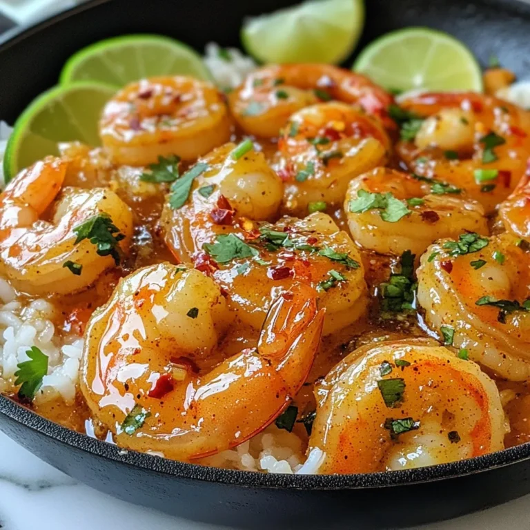 - Large shrimp (1 pound, peeled and deveined) - Honey (3 tablespoons) - Soy sauce (2 tablespoons) - Garlic (3 cloves, finely minced) - Ginger (1 tablespoon, finely minced) - Red pepper flakes (1 teaspoon) - Extra virgin olive oil (2 tablespoons) - Fresh lime juice (1 tablespoon) - Salt and black pepper (to taste) - Fresh cilantro (for garnish) - Lime wedges (for serving) Gathering the right ingredients is key to making Spicy Honey Garlic Shrimp. Start with large shrimp. You will need one pound, peeled and deveined. This will give you sweet, tender bites. Next, grab three tablespoons of honey. It adds sweetness to balance the spice. You also need two tablespoons of soy sauce. This brings a nice umami flavor. Then, pick up three cloves of garlic. Mince them finely for that bold taste. One tablespoon of ginger is next. Minced ginger adds warmth and zest. For a kick, use one teaspoon of red pepper flakes. Adjust this based on how spicy you like it. You will need two tablespoons of extra virgin olive oil to cook the shrimp. A tablespoon of fresh lime juice brightens the dish. Don’t forget salt and black pepper to taste. Lastly, you’ll want fresh cilantro for garnish and lime wedges for serving. The fresh herbs and citrus will make your dish pop! {{ingredient_image_2}} - Combine 3 tablespoons honey, 2 tablespoons soy sauce, 3 cloves minced garlic, 1 tablespoon minced ginger, 1 tablespoon lime juice, and 1 teaspoon red pepper flakes. - Whisk until smooth and set aside. This sauce brings a sweet and spicy punch. - Season 1 pound of peeled and deveined shrimp with salt and pepper. This enhances their taste. - Heat 2 tablespoons of olive oil in a skillet over medium-high heat. Wait until it shimmers. - Add shrimp in a single layer. Sauté for 2-3 minutes. They should turn pink and caramelize well. - Flip shrimp with a spatula and pour the sauce over them. - Cook for another 2-3 minutes. Gently stir to coat every shrimp. The sauce should thicken a bit. - When shrimp are opaque, remove the skillet from heat. Garnish with chopped cilantro for a fresh look. - How to achieve the perfect shrimp texture: To get tender shrimp, buy fresh or frozen shrimp. Make sure they are peeled and deveined. When cooking, keep the heat at medium-high. Cook them just until they turn pink. This usually takes around 2-3 minutes per side. Overcooking makes shrimp tough. - Importance of cooking shrimp in a single layer: Cooking shrimp in a single layer helps them cook evenly. If they are piled on top of each other, some shrimp may steam instead of sear. This can lead to uneven texture and flavor. Use a large skillet to give them room to breathe. - Suggestions for adjusting spice levels: If you like more heat, add more red pepper flakes. For less heat, use fewer flakes. You can also swap them for a milder chili powder. Taste the sauce before adding it to the shrimp to find your ideal spice level. - Optional add-ins for extra flavor: You can add chopped scallions for a fresh crunch. A splash of sesame oil can give an earthy note. Want a tangy kick? Try adding a bit of orange juice or zest to the sauce. Pro Tips Prep Your Ingredients: Before you start cooking, make sure to have all your ingredients prepped and measured. This ensures a smooth cooking process without any interruptions. Adjust the Heat: If you prefer a milder flavor, reduce the amount of red pepper flakes. You can always add more spice later, but it’s hard to tone it down once it’s cooked. Don’t Overcook the Shrimp: Cook the shrimp just until they are opaque and pink. Overcooking can make them tough and rubbery, so keep an eye on them! Garnish for Freshness: Adding fresh cilantro not only enhances the dish’s appearance but also elevates the flavor profile. Don’t skip this step for a burst of freshness! {{image_4}} You can change the sweetener in this recipe. Try using agave or maple syrup instead of honey. Both add a unique twist. You can also swap the shrimp for other proteins. Chicken or firm tofu works well, too. Each option offers a different taste. Grilling shrimp gives it a nice smoky flavor. Just brush them with the honey garlic sauce and grill for about 2-3 minutes per side. Another option is roasting. Place the shrimp on a baking sheet, drizzle with olive oil and sauce, and roast at 400°F for about 8-10 minutes. Both methods create a tasty dish with new textures. Leftover shrimp can last up to three days in the fridge. To keep them fresh, store the shrimp in an airtight container. This method helps reduce air exposure. If you have extra sauce, keep it separate to avoid sogginess. To reheat shrimp without losing texture, use the stovetop. Heat a skillet on low and add a splash of water. This method keeps shrimp juicy and tender. If you use a microwave, reheat in short bursts. Cover the shrimp to keep moisture in. Always check for warmth before serving. To tell if shrimp are cooked, look for these signs: - They turn bright pink. - They curl into a C shape. - They become opaque and firm. Cooked shrimp should not be rubbery. If they overcook, they become tough. Check them after about 4-6 minutes of cooking time. It’s best to keep an eye on them as they cook quickly. Yes, you can make this dish ahead of time! Here are some tips: - Cook the shrimp and sauce, then cool them. - Store them in an airtight container. - Keep them in the fridge for up to two days. When you’re ready to eat, reheat them in a skillet. This keeps the shrimp tender and the sauce flavorful. For a complete meal, pair the shrimp with these sides: - Steamed jasmine rice or quinoa. - Roasted vegetables like broccoli or bell peppers. - A fresh green salad with a light vinaigrette. These sides balance the shrimp's sweetness and spice. They also add color and nutrition to your plate! This guide provides all you need to make Spicy Honey Garlic Shrimp. You learned about the key ingredients, from shrimp to garlic and honey. I shared step-by-step instructions for preparing your dish perfectly. You also discovered tips, variations, and storage methods to ensure your shrimp stay fresh. Making this dish is fun and rewarding. Experiment with flavors and enjoy each bite. This meal is sure to impress friends and family. Enjoy your cooking adventure!