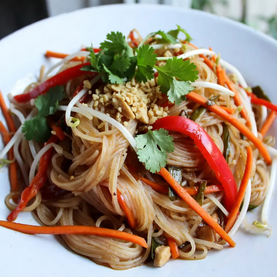 - 8 oz rice noodles - 2 tablespoons vegetable oil - 1 red bell pepper, thinly sliced - 1 cup carrots, cut into thin matchsticks (julienned) - 1 cup fresh bean sprouts - 3 green onions, finely chopped - 2 cloves garlic, minced - 1 tablespoon fresh ginger, grated - 1/4 cup low-sodium soy sauce - 2 tablespoons brown sugar - 1 tablespoon chili paste (adjust according to your spice preference) - 1 tablespoon fresh lime juice To make Sweet and Spicy Thai Noodles, you need key ingredients. Rice noodles are the base. They soak up flavors well. Fresh vegetables add crunch and color. The mix of red bell pepper, carrots, and bean sprouts makes the dish vibrant. The sauces and seasonings tie everything together. Low-sodium soy sauce gives it a salty kick. Brown sugar adds sweetness, while chili paste brings the heat. Fresh lime juice brightens the flavors. - Fresh cilantro leaves - Crushed peanuts Garnishes add extra flair. Fresh cilantro adds a bright, herbal note. Crushed peanuts give a nice crunch. You can use these to make your dish look and taste amazing. {{ingredient_image_2}} - Start by boiling a large pot of water. - Once the water bubbles, add the rice noodles. - Cook them for 4-6 minutes until they are just tender. - Drain the noodles in a colander and let them cool. - Heat 2 tablespoons of vegetable oil in a large skillet. - Wait until the oil shimmers. - Add the red bell pepper and carrots first. - Stir-fry for 3-4 minutes until they soften a bit. - Next, add the minced garlic and stir for another minute. - Toss in the fresh bean sprouts and green onions. - Cook for 2 more minutes until everything is bright and crisp. - In a small bowl, mix 1/4 cup soy sauce, 2 tablespoons brown sugar, 1 tablespoon chili paste, and 1 tablespoon fresh lime juice. - Stir well until the brown sugar fully dissolves. - Return the drained noodles to the skillet with the veggies. - Pour the sauce over the noodles. - Toss everything together gently for about 2 minutes. - Serve on plates, garnishing with cilantro and crushed peanuts for crunch. To ensure your noodles don’t stick, rinse them under cold water after cooking. This helps cool them and removes excess starch. Stir the noodles well during cooking, and don’t forget to use enough water. Adjusting spice levels is easy. Start with a small amount of chili paste. You can always add more if you want more heat. Adding proteins like shrimp or chicken can boost the dish's flavor. Cook the protein in the skillet before adding vegetables. Using different vegetables can also change the taste. Try snap peas, broccoli, or bok choy for a new twist. For a beautiful plate, use white dishes to make the colors pop. Create a nest of noodles in the center and pile vegetables on top. Garnish with fresh cilantro and crushed peanuts to make the dish look inviting. A lime wedge on the side adds a nice touch. Pro Tips Perfect Noodle Texture: Ensure you cook the rice noodles just until al dente, as they will continue to cook slightly when combined with the hot vegetables and sauce. Customize the Spice Level: Adjust the amount of chili paste to your taste; start with less and add more gradually to avoid overpowering the dish. Fresh Ingredients Matter: Use fresh vegetables for the best flavor and texture; they should be vibrant and crisp for a satisfying crunch in every bite. Garnish for Flavor: Don’t skip the cilantro and crushed peanuts; they add a fresh taste and a delightful crunch that elevates the dish. {{image_4}} To make this dish vegetarian, swap out some ingredients. Use tofu instead of meat. Tofu adds protein and absorbs flavors well. You can also add more vegetables. Consider using: - Broccoli florets - Snow peas - Zucchini slices These options keep the dish colorful and tasty. If you need gluten-free noodles, rice noodles work well. They are light and perfect for this recipe. You can also try other gluten-free options like: - Shirataki noodles - Quinoa noodles These choices keep your meal satisfying without gluten. Want more heat? Increase the chili paste in the sauce. You can add fresh chilies like jalapeños or Thai bird's eye chilies. Here are some tips for a spicy kick: - Start with one extra tablespoon of chili paste. - Add sliced fresh chilies to the skillet when cooking vegetables. Adjust the spice to match your taste. Enjoy the heat! To keep your Sweet and Spicy Thai Noodles fresh, store leftovers in an airtight container. Let the noodles cool down to room temperature before sealing them up. This helps to avoid moisture build-up inside the container. You can store the noodles in the fridge for up to three days. When you’re ready to enjoy your leftovers, reheat them in a skillet over medium heat. Add a splash of water or a bit of oil to help keep them moist. Stir often to warm them evenly. You can also microwave them, but be sure to cover the bowl with a damp paper towel. This method helps to retain flavor and texture. If you want to save some for later, you can freeze the cooked noodles. Place them in a freezer-safe container or bag. Make sure to remove as much air as possible. They can be frozen for up to a month. When you're ready to eat, thaw them overnight in the fridge. Reheat them in a skillet or microwave before serving. To make the dish less spicy, you can adjust the chili paste. Here are some tips: - Use less chili paste. Start with half a tablespoon. - Add more brown sugar. This will balance the heat. - Include extra vegetables. They help absorb some spice. - Serve with lime wedges. The citrus can cool the dish. Yes, you can use various noodles! Here are some great options: - Spaghetti works well in a pinch. - Udon noodles add a chewy texture. - Soba noodles offer a nutty taste. - Zucchini noodles are a low-carb choice. Experiment with what you have on hand! These noodles shine alongside many dishes. Consider these pairings: - Thai spring rolls make a light side. - A fresh cucumber salad adds crunch. - Grilled chicken or shrimp complements the meal. - A simple miso soup warms the palate. These options create a well-rounded dining experience. You learned how to make Sweet and Spicy Thai Noodles. We discussed main ingredients like rice noodles, fresh vegetables, and flavorful sauces. You now know how to cook the noodles, sauté veggies, and make the sauce. Remember to try different garnishes like cilantro or crushed peanuts for fun. In closing, enjoy experimenting with variations and make this dish your own. The more you cook, the better you'll get! Enjoy your tasty creation and share it with friends!