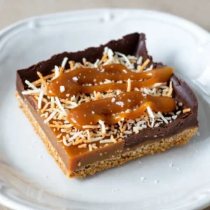 - 1 ½ cups graham cracker crumbs - ½ cup unsweetened cocoa powder - ½ cup unsweetened shredded coconut, toasted - ½ cup brown sugar, packed - ½ cup unsalted butter, melted - 1 cup sweetened condensed milk - 1 cup semi-sweet chocolate chips - ¼ cup caramel sauce - 1 teaspoon vanilla extract - Sea salt for garnish To make these No-Bake Samoa Cookie Bars, gather all your ingredients first. This way, you stay organized and focused. Start with graham cracker crumbs. They give the bars a nice base. Cocoa powder adds a rich chocolate flavor. Shredded coconut gives that classic Samoa taste. Next, brown sugar adds sweetness. Unsalted butter helps hold the base together. Sweetened condensed milk creates a creamy filling. Semi-sweet chocolate chips will be our topping. Caramel sauce gives a nice gooey texture. Lastly, vanilla extract adds depth to the flavor. Don't forget the sea salt! A pinch on top makes the flavors pop. This mix of ingredients makes the bars delicious and fun. You can even customize some ingredients if you want. {{ingredient_image_2}} To start, gather your dry ingredients. In a large bowl, mix together the graham cracker crumbs, unsweetened cocoa powder, toasted shredded coconut, and brown sugar. Next, add the melted butter. Use a spatula or your hands to blend everything. You want the mixture to feel like wet sand. Make sure there are no dry spots left. Now, we need to prepare the baking dish. Line an 8x8-inch dish with parchment paper. Let some paper hang over the sides for easy removal. Take the crumb mixture and press it firmly into the bottom of the dish. Ensure it is even and compact. This creates a solid base for your bars. In another bowl, whisk together the sweetened condensed milk, caramel sauce, and vanilla extract. Keep mixing until the mixture is smooth. For a stronger coconut flavor, fold in an extra ¼ cup of toasted coconut. This will make your filling even more delicious and rich. Next, pour the caramel coconut mixture over the crust. Use a spatula to carefully spread it evenly. Make sure to reach the edges so every bite is tasty. This layer adds sweetness to balance the chocolate. For the topping, place the semi-sweet chocolate chips in a microwave-safe bowl. Heat them in the microwave for 30 seconds at a time. Stir after each interval until the chocolate is fully melted and smooth. Be cautious not to overheat it as this can ruin the texture. Once your chocolate is melted, pour it over the caramel layer. Use a spatula to spread the chocolate evenly across the top. If you want, drizzle some extra caramel sauce over the melted chocolate for a nice touch. Let the bars sit at room temperature for about 10 minutes, then chill them in the fridge for at least 2 hours. This will ensure they set properly. When the bars are ready, use the overhanging parchment paper to lift them out of the dish. Place them on a cutting board and slice them into squares. For a lovely finish, sprinkle a pinch of sea salt on top before serving. This adds a nice contrast to the sweet flavors. To get the right texture for your no-bake bars, mix well. Start with the graham cracker crumbs, cocoa powder, shredded coconut, brown sugar, and melted butter. Use your hands or a spatula to blend until it feels like wet sand. Make sure there are no dry bits. This helps the crust hold together well. If you see lumps in your filling, whisk it more. A smooth filling makes for better bars. When melting chocolate, use a microwave-safe bowl. Heat the chocolate chips in 30-second bursts. Stir after each burst to check the texture. This way, you avoid burning the chocolate. If you prefer, you can melt chocolate on the stove. Just use a heat-safe bowl over simmering water. This method keeps the chocolate warm and smooth. Chill your bars for at least 2 hours. This helps them set perfectly. If you want quicker results, place them in the freezer for about 30 minutes. Just make sure not to freeze them too long. When they feel firm to the touch, they are ready to slice. Enjoy your delicious no-bake Samoa cookie bars! Pro Tips Use Fresh Ingredients: Ensure your shredded coconut and chocolate chips are fresh for the best flavor and texture in your bars. Chill Properly: Allow the bars to chill in the refrigerator for at least 2 hours to ensure they set properly and can be cut into neat squares. Even Layering: When spreading the caramel coconut filling, make sure to reach the edges of the crust for a visually appealing finish. Garnish Creatively: Enhance your presentation by garnishing with extra toasted coconut and a drizzle of caramel before serving. {{image_4}} You can change the chocolate type. Use dark chocolate for a richer taste. Try milk chocolate for a sweeter treat. You can also add flavors like almond or peppermint. A few drops of almond extract boost the flavor. Peppermint extract brings a fun holiday vibe. Both options can make your bars special. If you need gluten-free options, use gluten-free graham crackers. They work just as well in the crust. For a dairy-free version, swap unsalted butter with coconut oil. Use almond or soy milk instead of regular milk. These changes keep the taste yummy and true to the recipe. To add texture, try sprinkles or nuts on top. Chopped nuts give a nice crunch. You can also serve with coconut whipped cream. It adds a light and airy feel to the bars. These toppings can make each bite even more delightful. To keep your No-Bake Samoa Cookie Bars fresh, start by storing them in the refrigerator. This helps them stay firm and tasty. Use an airtight container to avoid drying out. You can also wrap them tightly in plastic wrap before placing them in the container. This extra layer keeps out air and moisture. If you want to store the bars longer, freezing is a great option. Cut the bars into squares before freezing. Place them in a single layer on a baking sheet to freeze for about an hour. Once frozen, transfer them to an airtight container or freezer bag. This way, they won’t stick together. When you’re ready to enjoy them, thaw the bars in the fridge overnight. This helps keep their texture smooth and delicious. These cookie bars can last about one week in the fridge if stored properly. If frozen, they can last up to three months. Check for signs that they are no longer good. If you see any mold or the bars smell off, it’s best to discard them. Enjoy your treats while they are fresh and tasty! Yes, you can make these bars ahead of time. They taste great after a day in the fridge. This lets the flavors blend well. Just cover them tightly to keep them fresh. You can enjoy them for up to a week! If you don't have graham crackers, you can use cookies like Digestive biscuits or vanilla wafers. You can also use crushed oats or even shortbread cookies. Just make sure they are a good base for your bars. To cut these bars neatly, chill them well. Once they are firm, lift them out using the parchment paper. Use a sharp knife to slice. Wipe the knife with a damp cloth between cuts for clean edges. Yes, you can add nuts! Chopped pecans or walnuts work well. Just mix them into the filling or sprinkle them on top. This adds crunch and flavor to your bars. You can make a vegan version easily. Use vegan butter instead of regular butter. Replace sweetened condensed milk with coconut cream or a plant-based substitute. Ensure your chocolate chips are dairy-free too. This way, everyone can enjoy these delicious bars! You now know how to make delicious No-Bake Samoa Cookie Bars. We covered each step, from mixing ingredients to serving tips. Whether you want to add your own flavors or store leftovers, this recipe is easy to follow. Remember, baking should be fun! Experiment with the ingredients to find your favorite mix. Enjoy sharing these tasty treats with friends and family. You’ll impress everyone with these simple yet delightful bars.