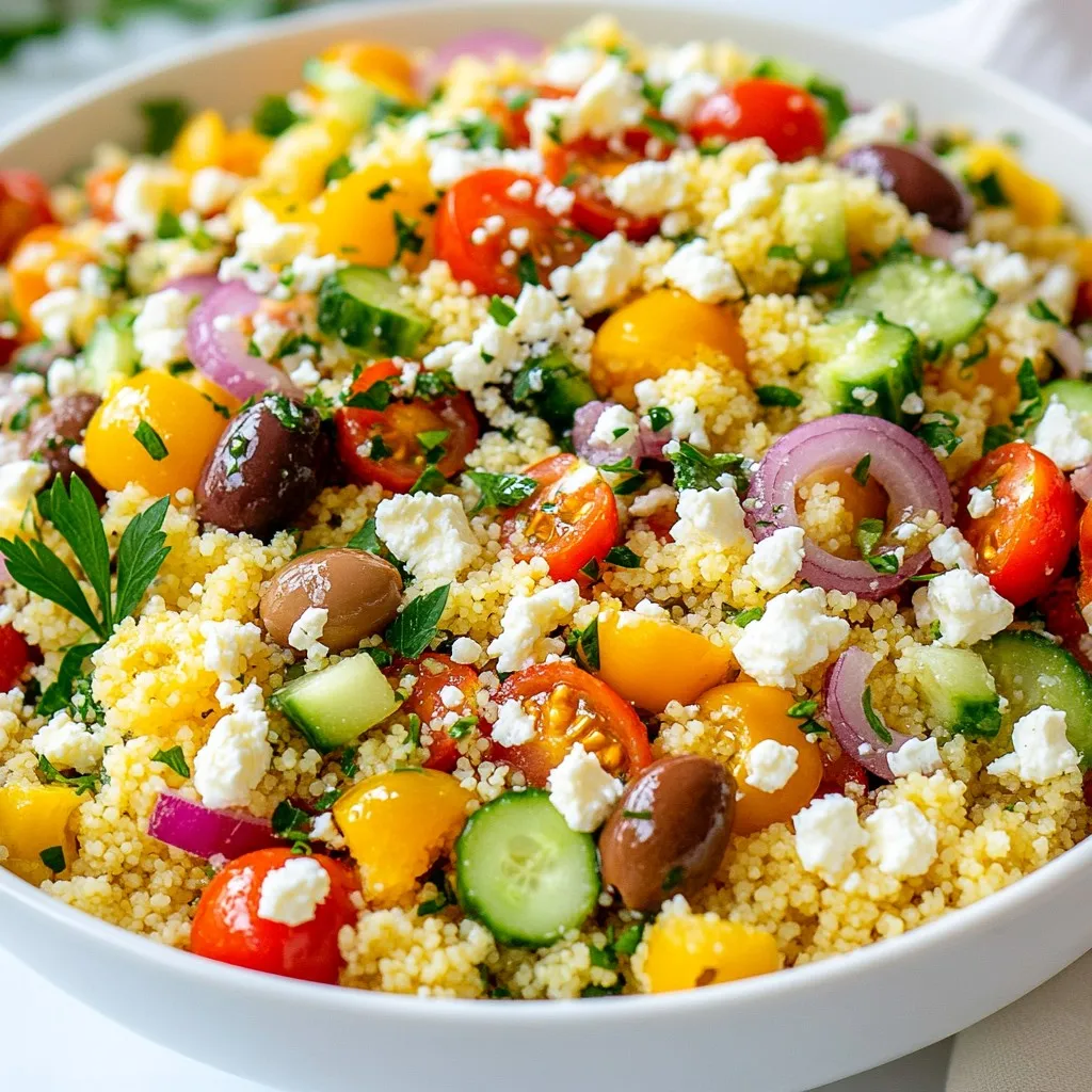 - Couscous and Broth - 1 cup couscous - 1 1/4 cups vegetable broth (preferably low-sodium) - Fresh Vegetables - 1 cup cherry tomatoes, halved - 1 medium cucumber, diced into small cubes - 1/2 medium red onion, finely chopped - 1/2 cup Kalamata olives, pitted and sliced - 1/4 cup fresh parsley, finely chopped - Accompaniments - 1/2 cup feta cheese, crumbled - Seasoning and Dressing - 2 tablespoons freshly squeezed lemon juice - 2 tablespoons high-quality extra virgin olive oil - Salt and freshly ground black pepper to taste Gather these ingredients before starting. Using fresh vegetables makes a big difference. The color and taste will be brighter and more appealing. Kalamata olives add a nice touch of saltiness. Feta cheese brings creaminess to each bite. This salad is quick to prepare and so rewarding. You will enjoy each layer of flavor as you mix the ingredients. {{ingredient_image_2}} - Prepare the Couscous: First, bring 1 1/4 cups of vegetable broth to a boil. Use a medium saucepan over medium-high heat. - Cook and Fluff the Couscous: Once the broth is boiling, stir in 1 cup of couscous. Lower the heat and cover the pot. Let it sit for about 5 minutes until the broth is absorbed. - Combine Vegetables: In a large bowl, mix 1 cup of halved cherry tomatoes, 1 medium diced cucumber, 1/2 finely chopped red onion, 1/2 cup sliced Kalamata olives, 1/2 cup crumbled feta cheese, and 1/4 cup chopped fresh parsley. - Mix in the Couscous: After the couscous cools to room temperature, add it to the vegetable bowl. Toss gently to combine. Be careful not to break the feta. - Make the Dressing: In a small bowl, whisk together 2 tablespoons of lemon juice, 2 tablespoons of extra virgin olive oil, and season with salt and black pepper to taste. Mix until it thickens slightly. - Dress the Salad: Pour the dressing over the salad. Toss gently until all ingredients are coated in the dressing. - Taste and Adjust: Sample the salad and adjust the seasoning. Add more salt, pepper, or lemon juice if needed for your taste. - Chill and Serve: Cover the salad with plastic wrap and refrigerate for at least 30 minutes. This chilling time helps the flavors blend well. Choosing the Right Couscous Use regular couscous for a fluffy texture, or try whole wheat for more fiber. Instant couscous cooks faster but may lack flavor. Always check the package for cooking times. Balancing Flavors Aim for a blend of sweet, salty, and tangy. The tomatoes add sweetness, while olives and feta bring saltiness. Fresh lemon juice adds brightness. Taste as you mix, and adjust the seasoning. Ideal Pairings This salad pairs well with grilled chicken or fish. It also complements roasted vegetables. For a light lunch, serve it with a slice of crusty bread. Presentation Ideas Serve the salad in a colorful bowl. Top it with extra feta and parsley for a pop of color. A drizzle of olive oil adds a nice touch, too. Pro Tips Use Quality Ingredients: The flavor of your salad will greatly depend on the quality of your olive oil and feta cheese. Invest in high-quality brands for the best taste. Customize Your Veggies: Feel free to add or substitute other vegetables like bell peppers, zucchini, or spinach to suit your taste and what you have on hand. Perfect Chilling Time: Allowing the salad to chill for at least 30 minutes not only melds the flavors but also enhances the overall texture and taste. Leftover Magic: This salad keeps well in the fridge for a couple of days. It makes for a quick lunch or side dish, and the flavors continue to develop over time. {{image_4}} Alternative Vegetables You can change the vegetables in this salad. If you want, try bell peppers for a sweet crunch. Zucchini adds a fresh taste and is easy to find. For a bit of spice, add radishes. These changes keep the salad fun and tasty. Different Cheeses Feta cheese is great, but you can use other cheeses too. Goat cheese gives a creamy taste. For a sharper flavor, try blue cheese. If you want a dairy-free option, use a nut-based cheese. Each cheese gives a unique touch to your salad. Summer Ingredients In the summer, add in fresh corn or ripe avocados. These ingredients bring a sweet flavor. You can also toss in fresh herbs like basil or mint. They add a bright note and make your salad refreshing. Fall Additions In the fall, swap in roasted butternut squash or sweet potatoes. These add warmth and depth. You can also include dried cranberries for sweetness. This mix makes your salad hearty and perfect for cooler days. To keep your Mediterranean couscous salad fresh, follow these tips: - Best Practices for Refrigeration: Store the salad in an airtight container. This helps keep moisture in and prevents drying. Place it in the fridge right after serving. It's best to eat it within three days for the best flavor and texture. - Freezing Guidelines: Freezing is not ideal for this salad. The couscous and veggies may get mushy when thawed. If you need to freeze it, separate the dressing from the salad. You can freeze the salad without dressing for up to a month. Thaw it in the fridge and add fresh dressing before serving. Understanding how long your salad lasts is important: - How Long It Lasts in the Fridge: The Mediterranean couscous salad lasts about 3 to 5 days in the fridge. The flavors will get better as it sits, but check for freshness. - Signs of Spoilage: Look for changes in color or smell. If the salad smells sour or the veggies become slimy, it's time to toss it. Always trust your senses when deciding if food is safe to eat. Yes, you can make this salad ahead of time. It tastes even better after chilling. The flavors mix well, creating a tasty dish. Store it in the fridge for up to three days. Just remember to add fresh herbs right before serving. To make it more filling, consider adding protein. Grilled chicken, chickpeas, or shrimp work well. You can also include avocado for creaminess. Nuts or seeds add a nice crunch too. These additions will make the salad a hearty meal. Absolutely! This salad is great for meal prep. It holds up well in the fridge. Portion it into containers for easy lunches. Just keep the dressing separate until you're ready to eat. This way, the salad stays fresh and crisp. This blog post explored making a tasty couscous salad. We covered the key ingredients, including couscous, fresh veggies, and dressings. I provided clear steps to prepare and combine these elements. You learned tips for choosing the best ingredients and ideas for serving and storing leftovers. Remember, you can try different veggies and seasonal items to keep it fresh. With this knowledge, you're ready to create a delicious salad that impresses. Enjoy your cooking adventure!