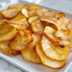 To make these delicious cinnamon sugar apple chips, you will need: - 3 medium-sized apples (recommended: Honeycrisp or Fuji) - 2 tablespoons granulated sugar - 1 teaspoon ground cinnamon - Pinch of salt - Lemon juice (for coating) I recommend using Honeycrisp or Fuji apples for this recipe. These apples are sweet and crisp, making them perfect for baking. Their juicy texture adds a nice flavor to the chips. You can also try Granny Smith for a tart twist. Each variety will bring a unique taste to your chips. Here are the tools you will need: - Oven - Baking sheets - Parchment paper - Mandoline slicer or sharp knife - Mixing bowls These tools make the process smooth. The mandoline helps you cut the apples thinly. Thin slices will crisp up better in the oven. The parchment paper will keep the chips from sticking. Each tool plays a role in making your apple chips easy to prepare and tasty to eat! {{ingredient_image_2}} First, set your oven to 200°F (93°C). A low heat helps the apples dry slowly. This keeps them crispy and tasty. Wash and dry three medium apples. Honeycrisp or Fuji apples work best. Use a mandoline or a sharp knife to slice them very thin. Aim for about 1/8 inch thick. Thin slices will crisp up perfectly. In a small bowl, mix together 2 tablespoons of sugar, 1 teaspoon of cinnamon, and a pinch of salt. Whisk until blended. This mix gives your chips a sweet and spiced flavor. In a larger bowl, add the apple slices. Drizzle a bit of lemon juice over them. This enhances their taste and stops browning. Toss gently to coat each slice. Next, sprinkle the cinnamon sugar mix over the apples. Make sure each slice is well-covered for even flavor. Lay the apple slices on baking sheets lined with parchment paper. Arrange them in a single layer without overlapping. This helps them cook evenly. Place the baking sheets in your preheated oven. Bake for about 2 hours. Halfway through, flip the apple slices. This ensures they bake evenly and become crunchy. Check the chips as they near completion. They should look light golden-brown and crispy. Once done, take them out and let them cool. They will get even crispier as they cool on the sheets. To make the best apple chips, you need thin slices. Aim for 1/8 inch thick. A mandoline slicer works wonders here. It helps keep every slice even. If you don’t have one, a sharp knife can do the job. Just be careful to cut slowly and steadily. Remember, the thinner the slice, the crispier the chip. To achieve that perfect crunch, lay the apple slices in a single layer. Overlapping slices will trap moisture and make them soggy. Use two baking sheets if needed. Halfway through baking, flip the slices. This helps them brown evenly. Keep an eye on them as they bake. When they turn a light golden-brown, they are almost done. The classic cinnamon sugar mix is fantastic, but you can get creative! Try adding nutmeg for a warm spice kick. A dash of vanilla extract on the slices can add depth. For a twist, sprinkle a bit of cayenne pepper for heat. You can also use other fruits! Pears or peaches work great with the same method. Enjoy experimenting with flavors! Pro Tips Choose the Right Apples: Opt for sweet and crisp varieties like Honeycrisp or Fuji for the best flavor and texture in your apple chips. Slice Evenly: Use a mandoline slicer for uniform thickness, which ensures even baking and a consistent crispiness across all chips. Keep an Eye on Baking: As the baking time nears completion, monitor your chips closely to prevent over-baking, achieving the perfect golden-brown color. Store Properly: Once cooled, store your apple chips in an airtight container to maintain their crispness for longer. {{image_4}} You can spice up your apple chips in many ways. Try adding nutmeg for a warm kick. If you like a bit of heat, cayenne pepper works well too. For a sweeter twist, drizzle maple syrup before baking. Each option adds a fun spin to the classic flavor. Apple chips make a great snack on their own, but they shine with other foods. Try serving them with yogurt for breakfast. They also pair well with salads, adding crunch and sweetness. You can sprinkle them on oatmeal for a tasty topping or use them as a garnish for desserts. If you want to switch things up, try other fruits. Pears work great and are just as crisp. Bananas can be sliced thin and made into chips too, but they need a bit of extra care. You can also use mango or pineapple for a tropical flair. Just remember to adjust the baking time for different fruits. Enjoy experimenting! To keep your cinnamon sugar apple chips fresh, store them in an airtight container. This helps to keep moisture out. Use a glass jar or a plastic container with a tight lid. Make sure to let the chips cool completely before sealing them. If you don't, they might get soggy. Homemade apple chips can last up to two weeks when stored properly. If you notice any softness, it's best to eat them soon. To maintain their taste, keep them in a cool, dry place. Avoid sunlight and heat sources, as these can affect their crispness. If your apple chips lose their crunch, don't worry! You can easily re-crisp them. Preheat your oven to 200°F (93°C). Spread the chips on a baking sheet in a single layer. Bake them for about 10 to 15 minutes. Keep an eye on them to prevent burning. Let them cool again before enjoying that delightful crunch! Homemade cinnamon sugar apple chips can last about one week. Store them in an airtight container at room temperature. They keep their flavor and crunch best this way. If you live in a humid area, they might not last as long. Always check for any signs of moisture or softness before eating. Yes, you can use a dehydrator! Slice the apples thinly and follow the same steps for coating. Set your dehydrator to 135°F (57°C) and let them dry for about 6 to 8 hours. Check them every hour. They should be crisp and dry but not burnt. This method can give you even crunchier chips. If your apple chips are not crispy, they might be too thick. Next time, slice them thinner. You can also bake them longer at a low temperature. Keep an eye on them to avoid burning. If they still aren't crisp, try putting them back in the oven for 10 more minutes. Cinnamon sugar apple chips can be a healthy snack. They are made from apples, which are full of fiber and vitamins. However, they do have some sugar. Use less sugar if you want a healthier option. These chips are a better choice than many processed snacks! Enjoy them in moderation for a tasty treat. In this blog post, we explored how to make delicious cinnamon sugar apple chips. You learned about the required ingredients, essential tools, and step-by-step instructions. We shared tips for slicing apples and achieving perfect crispiness. You discovered tasty variations and best storage practices to keep your chips fresh. With these details, you can enjoy a healthy snack that’s easy to make. Now it’s time to grab your apples and start baking. Enjoy your tasty treats!
