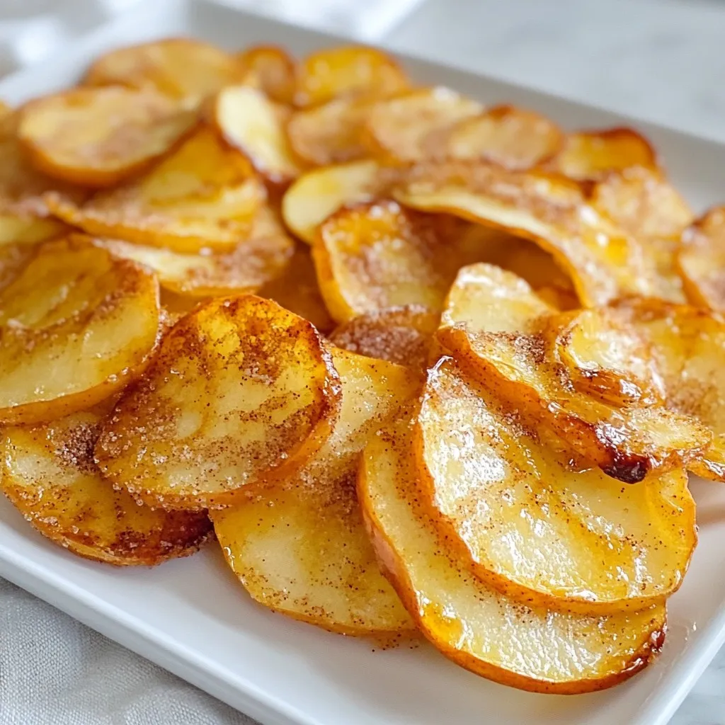 To make these delicious cinnamon sugar apple chips, you will need: - 3 medium-sized apples (recommended: Honeycrisp or Fuji) - 2 tablespoons granulated sugar - 1 teaspoon ground cinnamon - Pinch of salt - Lemon juice (for coating) I recommend using Honeycrisp or Fuji apples for this recipe. These apples are sweet and crisp, making them perfect for baking. Their juicy texture adds a nice flavor to the chips. You can also try Granny Smith for a tart twist. Each variety will bring a unique taste to your chips. Here are the tools you will need: - Oven - Baking sheets - Parchment paper - Mandoline slicer or sharp knife - Mixing bowls These tools make the process smooth. The mandoline helps you cut the apples thinly. Thin slices will crisp up better in the oven. The parchment paper will keep the chips from sticking. Each tool plays a role in making your apple chips easy to prepare and tasty to eat! {{ingredient_image_2}} First, set your oven to 200°F (93°C). A low heat helps the apples dry slowly. This keeps them crispy and tasty. Wash and dry three medium apples. Honeycrisp or Fuji apples work best. Use a mandoline or a sharp knife to slice them very thin. Aim for about 1/8 inch thick. Thin slices will crisp up perfectly. In a small bowl, mix together 2 tablespoons of sugar, 1 teaspoon of cinnamon, and a pinch of salt. Whisk until blended. This mix gives your chips a sweet and spiced flavor. In a larger bowl, add the apple slices. Drizzle a bit of lemon juice over them. This enhances their taste and stops browning. Toss gently to coat each slice. Next, sprinkle the cinnamon sugar mix over the apples. Make sure each slice is well-covered for even flavor. Lay the apple slices on baking sheets lined with parchment paper. Arrange them in a single layer without overlapping. This helps them cook evenly. Place the baking sheets in your preheated oven. Bake for about 2 hours. Halfway through, flip the apple slices. This ensures they bake evenly and become crunchy. Check the chips as they near completion. They should look light golden-brown and crispy. Once done, take them out and let them cool. They will get even crispier as they cool on the sheets. To make the best apple chips, you need thin slices. Aim for 1/8 inch thick. A mandoline slicer works wonders here. It helps keep every slice even. If you don’t have one, a sharp knife can do the job. Just be careful to cut slowly and steadily. Remember, the thinner the slice, the crispier the chip. To achieve that perfect crunch, lay the apple slices in a single layer. Overlapping slices will trap moisture and make them soggy. Use two baking sheets if needed. Halfway through baking, flip the slices. This helps them brown evenly. Keep an eye on them as they bake. When they turn a light golden-brown, they are almost done. The classic cinnamon sugar mix is fantastic, but you can get creative! Try adding nutmeg for a warm spice kick. A dash of vanilla extract on the slices can add depth. For a twist, sprinkle a bit of cayenne pepper for heat. You can also use other fruits! Pears or peaches work great with the same method. Enjoy experimenting with flavors! Pro Tips Choose the Right Apples: Opt for sweet and crisp varieties like Honeycrisp or Fuji for the best flavor and texture in your apple chips. Slice Evenly: Use a mandoline slicer for uniform thickness, which ensures even baking and a consistent crispiness across all chips. Keep an Eye on Baking: As the baking time nears completion, monitor your chips closely to prevent over-baking, achieving the perfect golden-brown color. Store Properly: Once cooled, store your apple chips in an airtight container to maintain their crispness for longer. {{image_4}} You can spice up your apple chips in many ways. Try adding nutmeg for a warm kick. If you like a bit of heat, cayenne pepper works well too. For a sweeter twist, drizzle maple syrup before baking. Each option adds a fun spin to the classic flavor. Apple chips make a great snack on their own, but they shine with other foods. Try serving them with yogurt for breakfast. They also pair well with salads, adding crunch and sweetness. You can sprinkle them on oatmeal for a tasty topping or use them as a garnish for desserts. If you want to switch things up, try other fruits. Pears work great and are just as crisp. Bananas can be sliced thin and made into chips too, but they need a bit of extra care. You can also use mango or pineapple for a tropical flair. Just remember to adjust the baking time for different fruits. Enjoy experimenting! To keep your cinnamon sugar apple chips fresh, store them in an airtight container. This helps to keep moisture out. Use a glass jar or a plastic container with a tight lid. Make sure to let the chips cool completely before sealing them. If you don't, they might get soggy. Homemade apple chips can last up to two weeks when stored properly. If you notice any softness, it's best to eat them soon. To maintain their taste, keep them in a cool, dry place. Avoid sunlight and heat sources, as these can affect their crispness. If your apple chips lose their crunch, don't worry! You can easily re-crisp them. Preheat your oven to 200°F (93°C). Spread the chips on a baking sheet in a single layer. Bake them for about 10 to 15 minutes. Keep an eye on them to prevent burning. Let them cool again before enjoying that delightful crunch! Homemade cinnamon sugar apple chips can last about one week. Store them in an airtight container at room temperature. They keep their flavor and crunch best this way. If you live in a humid area, they might not last as long. Always check for any signs of moisture or softness before eating. Yes, you can use a dehydrator! Slice the apples thinly and follow the same steps for coating. Set your dehydrator to 135°F (57°C) and let them dry for about 6 to 8 hours. Check them every hour. They should be crisp and dry but not burnt. This method can give you even crunchier chips. If your apple chips are not crispy, they might be too thick. Next time, slice them thinner. You can also bake them longer at a low temperature. Keep an eye on them to avoid burning. If they still aren't crisp, try putting them back in the oven for 10 more minutes. Cinnamon sugar apple chips can be a healthy snack. They are made from apples, which are full of fiber and vitamins. However, they do have some sugar. Use less sugar if you want a healthier option. These chips are a better choice than many processed snacks! Enjoy them in moderation for a tasty treat. In this blog post, we explored how to make delicious cinnamon sugar apple chips. You learned about the required ingredients, essential tools, and step-by-step instructions. We shared tips for slicing apples and achieving perfect crispiness. You discovered tasty variations and best storage practices to keep your chips fresh. With these details, you can enjoy a healthy snack that’s easy to make. Now it’s time to grab your apples and start baking. Enjoy your tasty treats!