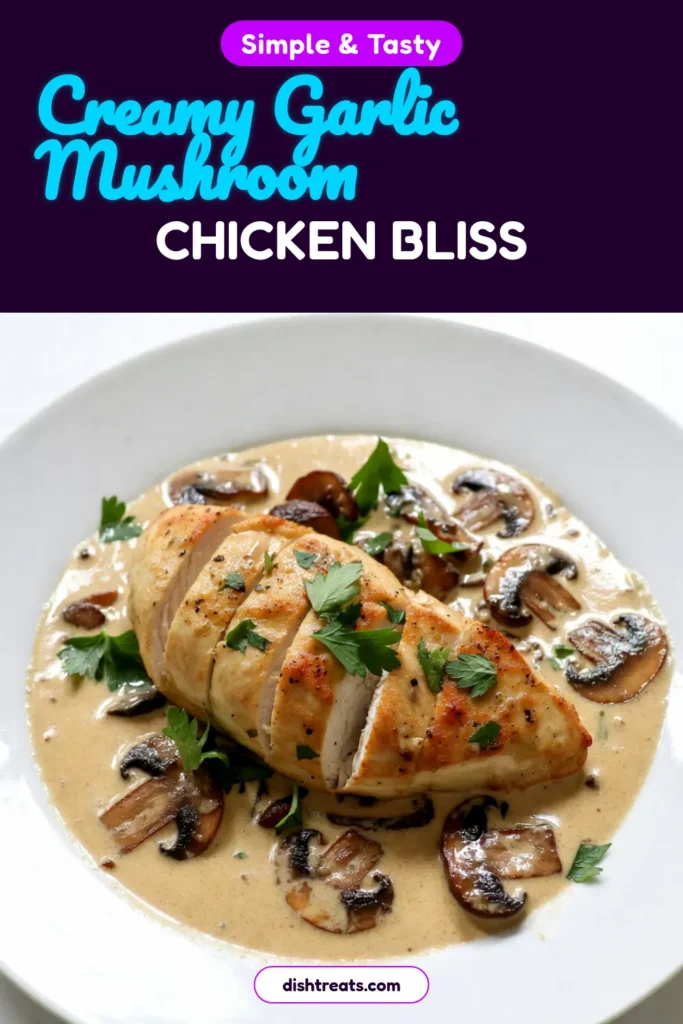 Discover the deliciousness of creamy garlic mushroom chicken with this easy creamy chicken dinner recipe! Perfect for busy weeknights, this skillet chicken with mushrooms is quick and satisfying. With tender chicken breasts, savory mushrooms, and a rich creamy sauce, it’s a must-try creamy chicken breast recipe. Save it for your next meal! #CreamyGarlicMushroomChicken #EasyDinnerRecipes #SkilletChicken #ChickenDinnerIdeas