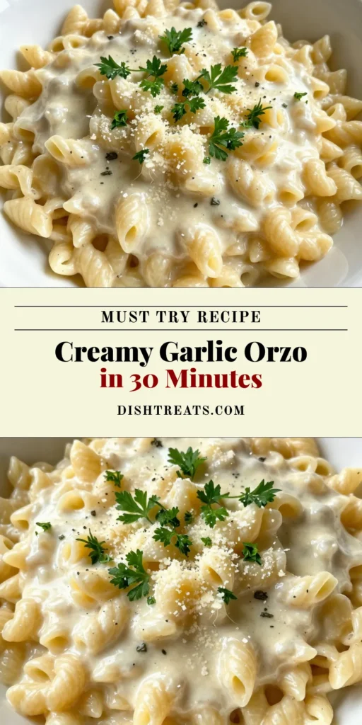 Indulge in this creamy garlic parmesan orzo, a quick and delicious vegetarian orzo dish perfect for any meal! This easy creamy orzo combines tender orzo pasta with garlic, rich cream, and Parmesan cheese for a flavor-packed pasta experience. Ideal for weeknight dinners, this garlic parmesan pasta is sure to impress. Try this simple recipe today! Save for later! #OrzoPastaRecipes #EasyCreamyOrzo #GarlicParmesanPasta #VegetarianOrzoDish