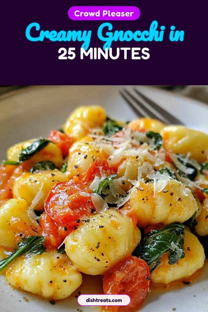 Indulge in this easy creamy gnocchi recipe featuring creamy tomato spinach gnocchi that will delight your taste buds. This vibrant tomato spinach pasta is packed with flavor and made in just 25 minutes. Perfect for a quick weeknight meal, it combines gnocchi, fresh spinach, and Parmesan for a comforting dish everyone will love. Save this creamy tomato gnocchi recipe for dinner tonight! #CreamyGnocchi #SpinachGnocchi #TomatoSpinachPasta #EasyGnocchi