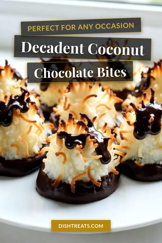 Satisfy your sweet tooth with this Coconut Bliss Bites recipe featuring chocolate-dipped macaroons. These easy coconut desserts are made with just a few ingredients, including sweetened condensed milk, and are perfect for no-bake coconut treats! Whip up a batch to impress friends or satisfy cravings. Don't miss out on this delicious recipe! Save it for later and enjoy a delightful sweet experience. #CoconutDesserts #NoBakeTreats #ChocolateMelt #EasyRecipes