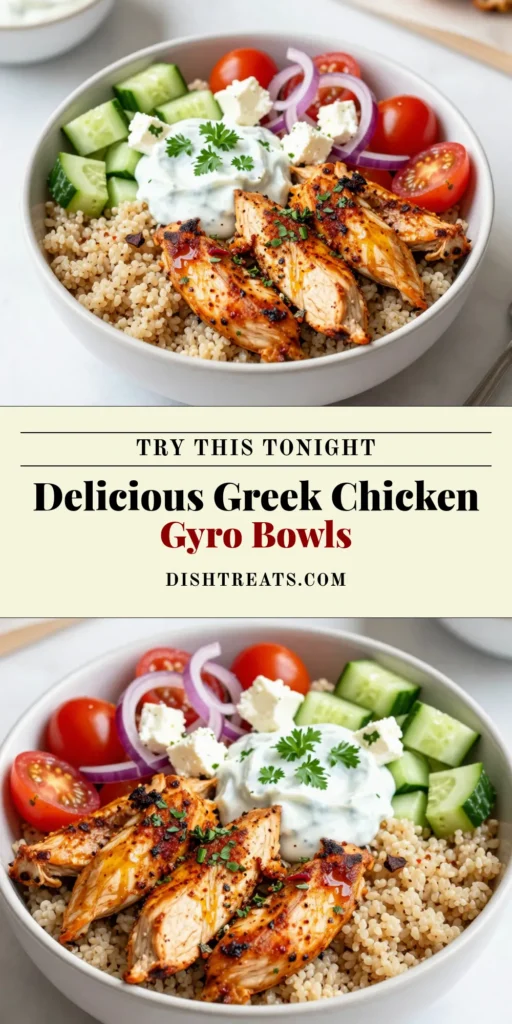 Discover the deliciousness of Greek chicken gyro bowls with this healthy gyro bowl recipe that combines tender marinated chicken, fresh veggies, and a creamy tzatziki sauce chicken bowl. Perfect for meal prep or a quick dinner, this quinoa chicken gyro bowl is nutritious and satisfying. Elevate your meals with this Mediterranean chicken bowl recipe and enjoy a burst of flavor in every bite! Save this recipe for later! #GreekChickenGyroBowls #HealthyRecipe #QuinoaBowl #MediterraneanEats
