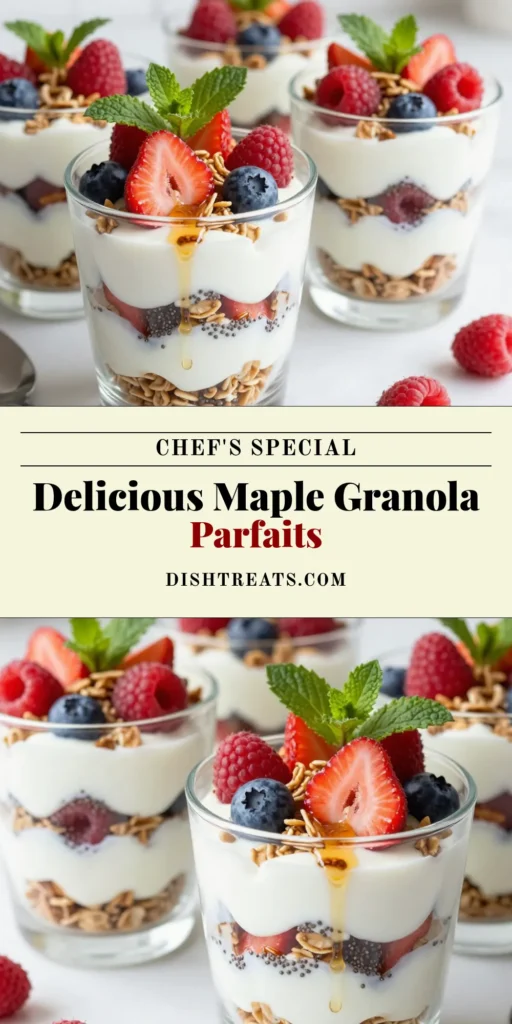 Start your day with these delicious Maple Granola Yogurt Parfaits! This Greek yogurt parfait recipe combines creamy Greek yogurt, homemade granola, and fresh berries for easy breakfast parfaits that are both nutritious and satisfying. Drizzled with pure maple syrup, these berry granola desserts are perfect for brunch or a quick treat. Try this simple recipe today and savor every layer! #MapleYogurtParfaits #GreekYogurtParfait #EasyBreakfast #GranolaDessert