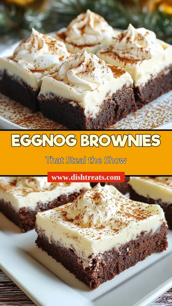 Indulge in the ultimate holiday treat with these Eggnog Brownies! This festive brownie recipe features rich chocolate brownies topped with creamy eggnog frosting, elevating your dessert game. Perfect for holiday parties or cozy gatherings, these eggnog treats will impress everyone. Make this delicious dessert and spread some cheer! Save this recipe for your holiday dessert ideas! #EggnogBrownies #HolidayBaking #FestiveDesserts #CreamyEggnogTreats