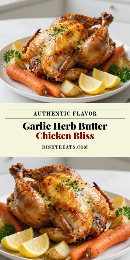 Indulge in this irresistible Garlic Herb Butter Roasted Chicken that will become your go-to roasted chicken recipe! This easy garlic butter chicken features a juicy whole chicken infused with garlic, rosemary, and lemon. Perfect for family dinners or gatherings, this lemon herb roasted chicken is sure to impress. Try this recipe today and elevate your cooking! Save for later! #garlicherbbutterchicken #roastedchickenrecipe #wholechickenwithgarlic #easygarlicbutterchicken