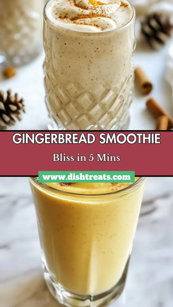 Experience the joy of the season with this delicious Gingerbread smoothie recipe! Perfect for healthy holiday smoothies, this festive treat combines almond milk, frozen banana, and Greek yogurt with warming spices like ginger and cinnamon. It's a fantastic addition to your Christmas smoothie ideas. Enjoy this gingerbread flavored drink as a nutritious snack or breakfast! Save this recipe for your holiday entertaining! #GingerbreadSmoothie #HealthyHolidaySmoothies #ChristmasSmoothieIdeas #FestiveSmoothieRecipes