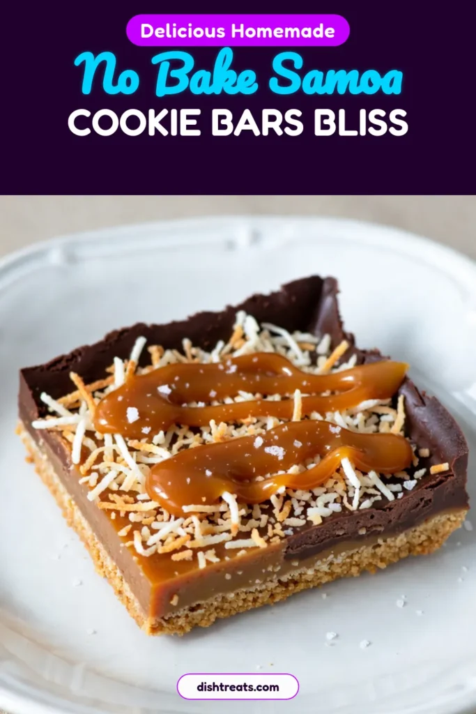 Indulge in these no-bake Samoa cookie bars, the perfect blend of coconut and chocolate! These easy cookie recipes require no baking, making dessert bars without baking a breeze. Made with graham cracker crumbs, toasted coconut, and topped with chocolate, these homemade Samoa bars are a hit for any occasion. Try this delightful treat today and get ready for rave reviews! Save this recipe for later! #NoBakeCookies #SamoaBars #DessertRecipes #SweetTreats