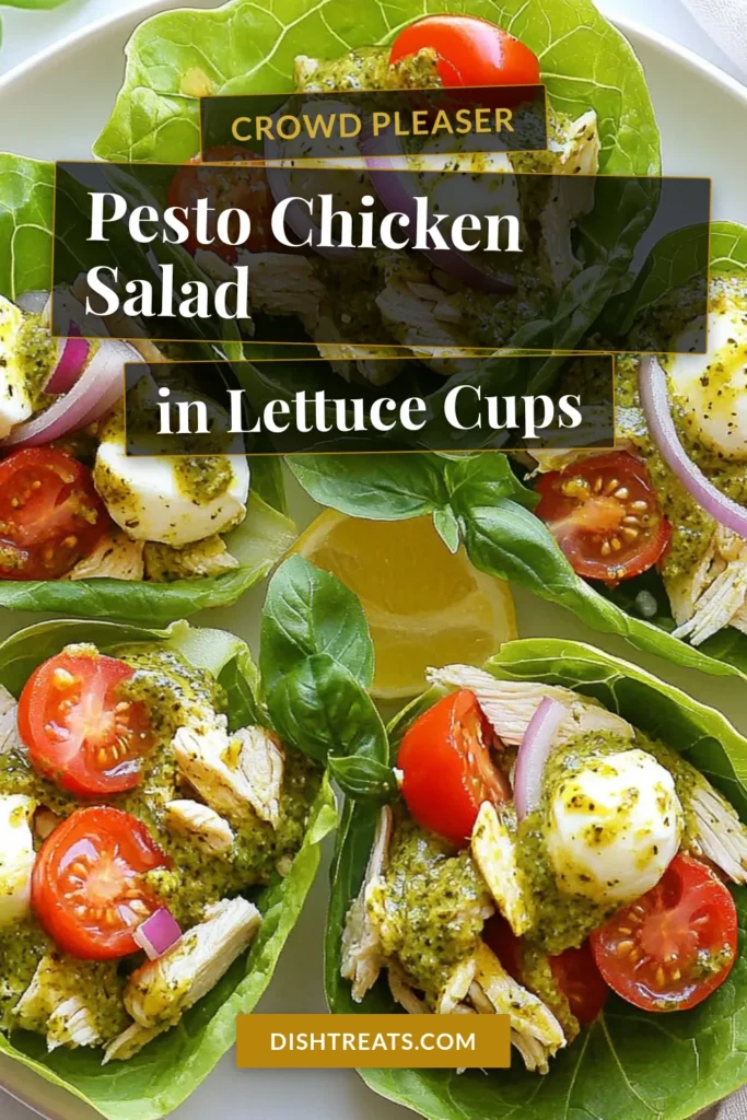 Looking for a quick and healthy lunch? Try these delicious pesto chicken salad lettuce cups! This easy chicken salad recipe combines shredded chicken, basil pesto, and fresh veggies for a low-carb salad that's perfect for any meal. Enjoy this flavorful and nutritious dish in crisp lettuce leaves. Perfect for meal prep or a light snack! Save this recipe for your next easy lunch idea and delight your taste buds! #HealthyEating #LowCarb #LunchIdeas #PestoChickenSalad