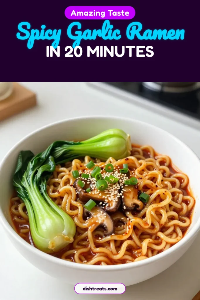 Craving a quick and flavorful meal? Try this Spicy Garlic Ramen recipe! This easy ramen recipe elevates instant ramen noodles into a delicious vegetarian ramen dish infused with garlic, spicy chili paste, and fresh vegetables like bok choy and mushrooms. Perfect for busy weeknights, this spicy noodle dish is sure to satisfy your taste buds. Click to save this easy vegetarian ramen noodle meal! #SpicyGarlicRamen #EasyRamenRecipe #VegetarianRamen #InstantRamenMeal