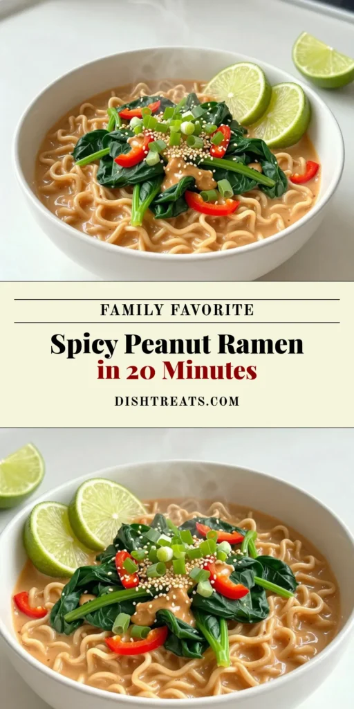 Discover the ultimate spicy peanut ramen recipe that's perfect for a quick dinner! This easy ramen with peanut butter combines vegetarian ramen noodles with a flavorful sriracha-infused broth, creating a delicious spicy noodle soup. Packed with fresh veggies and ready in just 20 minutes, it’s a healthy and satisfying meal. Save this recipe to make your weeknight dinners a breeze! #SpicyPeanutRamen #VegetarianRamen #NoodleSoup #EasyRecipes