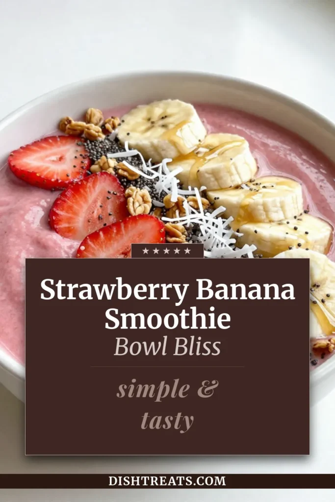Try this delightful Strawberry Banana Smoothie Bowl for a nutritious breakfast or snack! This Healthy Smoothie Bowl Recipe combines frozen strawberries and ripe bananas with creamy Greek yogurt. Topped with fresh fruit and crunchy granola, it’s an easy Chia Seed Smoothie Bowl that satisfies your cravings. Perfect for a quick treat! Save this Fruit Topped Smoothie Bowl recipe for your next healthy meal. #SmoothieBowl #HealthyRecipes #BreakfastIdeas #FruitBowl