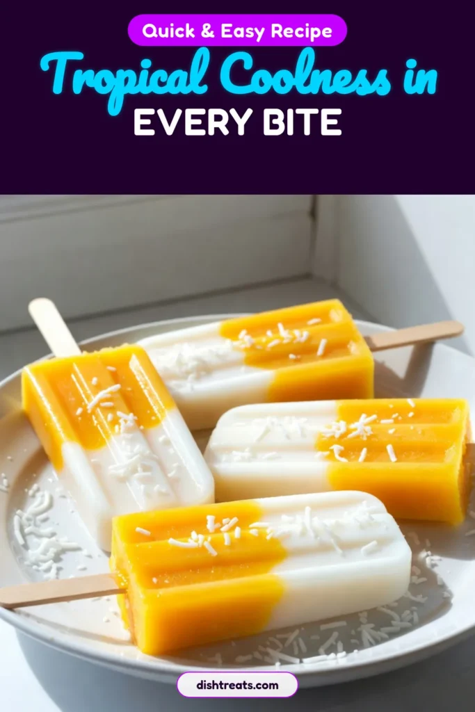 Beat the summer heat with these Tropical Mango Coconut Popsicles! Made with creamy coconut milk and fresh mangoes, this homemade popsicles recipe is the perfect way to enjoy refreshing tropical treats. Easy to make and perfect for summer fruit desserts, these coconut milk popsicles will keep you cool. Try them today and elevate your warm-weather snack game! Save this recipe for delicious moments! #TropicalMangoPopsicles #CoconutMilkPopsicles #SummerFruitDesserts #RefreshingTreats