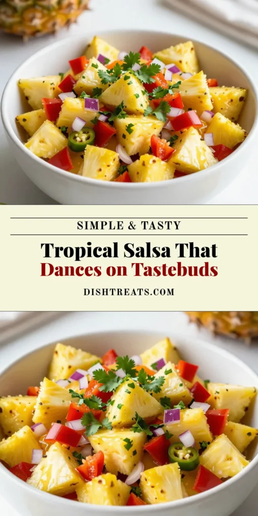 Discover the ultimate tropical salsa recipe with this Fresh Pineapple Salsa! Bursting with flavor, this pineapple salsa with cilantro combines ripe pineapple, red bell pepper, and jalapeño for a fresh fruit salsa that's not only delicious but also healthy. Perfect for summer gatherings, it's one of the easiest salsa recipes to make. Try it today and elevate your meals with this vibrant dish! Save and share for healthy salsa ideas! #PineappleSalsa #TropicalSalsa #EasySalsaRecipes #FreshFruitSalsa