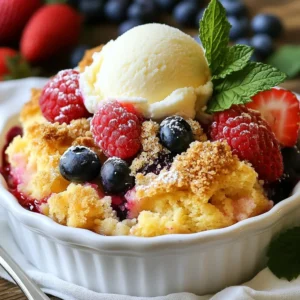 For this cobbler, I use three types of fresh berries. You need: - 1 cup fresh strawberries, hulled and sliced - 1 cup fresh blueberries - 1 cup fresh raspberries These berries bring bright colors and sweet flavors to the dish. The strawberries add a juicy bite, while the blueberries and raspberries provide a tart contrast. Mixing these fruits creates a delightful taste that sings of summer. Next, gather your dry ingredients. You will need: - 1 cup all-purpose flour - 1/2 cup granulated sugar (divided) - 1 teaspoon baking powder - 1/2 teaspoon salt The flour forms the base of the cobbler. Sugar sweetens the berries and the batter. Baking powder makes the cobbler rise, giving it a light texture. Salt balances the sweetness in your dish. Now, let’s look at the wet ingredients. You will require: - 1/3 cup unsalted butter, melted - 1/2 cup milk - 2 tablespoons fresh lemon juice - 1 teaspoon pure vanilla extract Melted butter adds richness, while milk keeps the batter moist. Lemon juice brightens the berry flavor, and vanilla adds warmth and depth. Together, these ingredients create a tender batter that pairs perfectly with the juicy berries. {{ingredient_image_2}} First, I preheat the oven to 375°F (190°C). This step warms the oven for baking. Next, I take a large bowl and add 1 cup of fresh strawberries, 1 cup of blueberries, and 1 cup of raspberries. I sprinkle 1/4 cup of granulated sugar over the berries. Then, I add 2 tablespoons of fresh lemon juice and 1 teaspoon of pure vanilla extract. I toss everything gently so the berries get coated. This marinating step lasts about 10 minutes. It makes the berry flavor pop! In another bowl, I whisk together 1 cup of all-purpose flour, 1 teaspoon of baking powder, 1/2 teaspoon of salt, and the remaining 1/4 cup of granulated sugar. This mix helps distribute the baking powder and sugar evenly. Then, I slowly pour in 1/3 cup of melted unsalted butter and 1/2 cup of milk. I stir the mixture gently until it is just combined. It's okay if it looks a little lumpy. This adds tenderness to the cobbler. Now, I get a greased 9x9-inch baking dish. I pour the marinated berry mixture evenly into the dish. This juicy layer forms the base of the cobbler. Next, I spoon the batter over the berries. I try to spread it evenly but let some berries peek through for a nice look. To add a sweet crunch, I sprinkle 1 tablespoon of brown sugar on top. I place the dish in the oven and bake for 35-40 minutes. I know it’s ready when the top turns golden brown and a toothpick comes out clean. After baking, I let it cool slightly before serving. This wait helps the cobbler set up nicely. Enjoy this warm treat! To get great berry flavor, always use fresh berries. Fresh strawberries, blueberries, and raspberries make a huge difference. You should also marinate the berries. Mix them with sugar, lemon juice, and vanilla extract. Let them sit for about ten minutes. This helps the berries release their juices, making them sweeter and more flavorful. Remember, you can mix different berries based on what you love. For a great cobbler texture, the batter must be slightly lumpy. When mixing the wet and dry ingredients, stir gently. If you overmix, the cobbler can become tough. Also, avoid spreading the batter too smoothly over the berries. Let some peek through for a nice look and texture. This allows the berries to caramelize and adds a lovely taste when baked. Serve the cobbler warm for the best taste. A scoop of creamy vanilla ice cream on top makes it even better. You can also add a sprinkle of fresh mint leaves for a pop of color and flavor. Another fun idea is to serve the cobbler with whipped cream. This adds a light and fluffy touch. Enjoy it at a picnic or family gathering. Everyone will love this tasty dessert! Pro Tips Use Fresh Berries: For the best flavor, always opt for fresh, in-season berries. Frozen berries can be used, but they may release more liquid during baking. Don’t Overmix: When combining the wet and dry ingredients, mix just until combined. Overmixing can lead to a tough cobbler. Let it Rest: Allow the cobbler to cool for about 10 minutes after baking. This helps it set properly and makes it easier to serve. Variations: Feel free to experiment with different berry combinations or even add a dash of cinnamon or nutmeg for added warmth and flavor. {{image_4}} You can switch up the flavors by using different berries. In summer, use fresh peaches or blackberries. In fall, try apples or cranberries. Each fruit brings its own taste and texture. Mix and match to create your favorite blend. Enjoy the freshness of seasonal fruit! If you need a gluten-free option, swap the all-purpose flour for a gluten-free blend. Look for blends that include rice flour and tapioca starch. They work well in baking. You can also use almond flour for a nutty flavor. Adjust the baking time if needed, as gluten-free mixtures can bake faster. You can try different sweeteners to change the taste. Instead of granulated sugar, use honey or maple syrup. These natural sweeteners add depth to the flavor. You can also add spices like cinnamon or nutmeg for warmth. A pinch of cardamom gives it a lovely twist. Don't be afraid to experiment! To keep your triple berry cobbler fresh, let it cool first. After that, cover it with plastic wrap or foil. You can store it in the fridge for up to three days. Make sure to keep it in an airtight container. This helps to keep the berries juicy and the topping soft. When you're ready to enjoy leftovers, preheat your oven to 350°F (175°C). Place the cobbler in a baking dish and cover it with foil. Heat it for about 15-20 minutes. This warms it up without making it dry. If you like a crispy top, remove the foil for the last 5 minutes. If you want to save your cobbler for later, freezing works well. First, cool the cobbler completely. Then, cut it into serving pieces. Wrap each piece in plastic wrap, then place them in a freezer bag. When stored this way, it can last up to three months. To serve, thaw it in the fridge overnight, then reheat as mentioned above. Enjoy your cobbler later! Yes, you can use frozen berries for this cobbler. Frozen berries work well in recipes like this. They will still provide great flavor and texture. Just remember to thaw them first and drain any excess juice. This will help keep your cobbler from getting too soggy. You can tell your cobbler is done when the top is golden brown. Insert a toothpick into the center. If it comes out clean, your cobbler is ready. The edges should be bubbly, and the berries should be soft. There are many tasty toppings you can add to your cobbler. Here are a few ideas: - Whipped cream - Vanilla ice cream - Fresh mint leaves - A sprinkle of cinnamon - Crushed nuts for crunch Feel free to mix and match these toppings for extra flavor! This article explored ingredients and steps for a delicious triple berry cobbler. We covered fresh berries, dry and wet ingredients, and tips for perfect flavor. You learned how to prep, mix, and bake the cobbler, plus ideas for variations and storage. In conclusion, you can make a tasty cobbler that suits your taste. Enjoy this treat fresh, or store it for later. Happy baking!