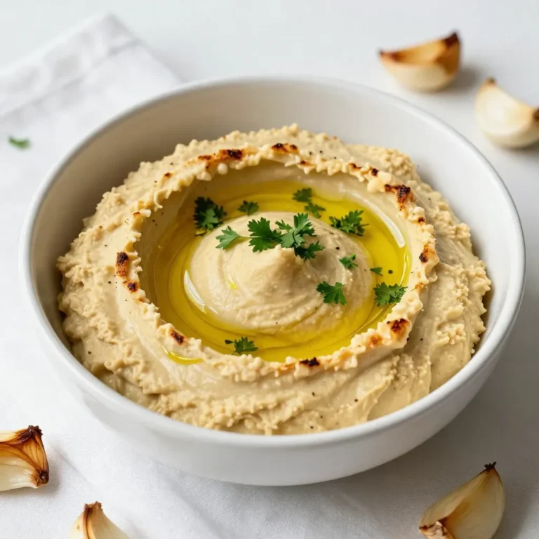 - 1 can (15 oz) chickpeas, drained and rinsed - 1 whole head of garlic - 3 tablespoons tahini - 3 tablespoons extra virgin olive oil The chickpeas form the base of our hummus. They provide protein and creaminess. The roasted garlic adds a sweet, rich flavor that you will love. Tahini gives a nutty taste and smooth texture. Extra virgin olive oil brings a fruity note and helps blend everything well. - 3 tablespoons freshly squeezed lemon juice - 1 teaspoon ground cumin - Sea salt to taste Lemon juice adds brightness to the hummus. It helps balance the richness of the tahini and oil. Ground cumin brings warmth and depth to the flavor. You can adjust sea salt to make it taste just right for you. - Fresh parsley, finely chopped (for garnish) - Extra drizzle of olive oil (for serving) Fresh parsley adds color and a touch of freshness. It makes your hummus look pretty too. A drizzle of olive oil on top enhances the flavor and adds richness. You can use these garnishes to impress your guests or enjoy them yourself. {{ingredient_image_2}} To roast the garlic, start by prepping the garlic head. Slice off the top to reveal the cloves. This helps them roast evenly. Drizzle a teaspoon of olive oil over the exposed cloves. Wrap the garlic in aluminum foil to keep it snug. Next, set your oven to 400°F (200°C). Place the wrapped garlic in the oven and roast for 30-35 minutes. You want the cloves to be soft and fragrant. When done, let it cool a bit before handling. Once the garlic cools, squeeze the cloves out of their skins. They should pop out easily. Add these sweet, roasted cloves to your food processor. Now, combine the chickpeas, tahini, lemon juice, olive oil, ground cumin, and a pinch of sea salt. Make sure everything is in the bowl. This is where the magic starts. For blending, pulse the mixture until it is smooth and creamy. Stop to scrape down the sides as needed. If the hummus is too thick, don’t worry! Gradually add water, one tablespoon at a time. Blend again until it reaches your desired creaminess. Taste your hummus and adjust the seasoning if needed. You can add more salt or lemon juice for extra flavor. To get the best texture, blend your hummus for 2-3 minutes. This helps create a smooth and creamy dip. If your hummus feels thick, add water 1 tablespoon at a time. Blend after each addition until you reach your desired creaminess. Store your hummus in an airtight container. It will stay fresh in the fridge for up to a week. If you want to keep it longer, freezing is a great option. Just scoop it into ice cube trays. Once frozen, transfer the cubes to a bag. They can last for up to 3 months. For dipping, veggie sticks like carrots and cucumbers work great. Pita bread and crackers are also excellent choices. If you want to impress, serve it with smoked paprika on top for color. You can even create a beautiful platter with various dips and fresh herbs. Pro Tips Use Fresh Ingredients: Always opt for the freshest garlic and high-quality olive oil to enhance the flavor of your hummus. Adjust Consistency: If your hummus is too thick, add water gradually to reach your desired creaminess without overpowering the flavor. Experiment with Flavors: Feel free to add other spices like smoked paprika or a dash of cayenne for an extra kick in your hummus. Perfect Pairings: Serve with a variety of dippers like fresh veggies, pita chips, or even as a spread on sandwiches for a delicious twist. {{image_4}} You can spice up your roasted garlic hummus in fun ways. One option is roasted red pepper hummus. Just add roasted red peppers to the mix. They bring a nice sweetness and a vibrant color. Another great choice is a spicy harissa variation. Mix in a spoonful of harissa paste for a kick. This adds depth and warmth to your hummus. Herbs can take your hummus to the next level. Adding fresh basil or cilantro gives a bright flavor. Both herbs bring freshness that pairs well with garlic. You can also experiment with different nuts in your tahini. Try using cashews or almonds for a unique twist. This change can add a different texture and flavor to the hummus. If you want vegan options, use a nut-based yogurt. It can replace tahini while still keeping your hummus creamy. For low-fat alternatives, swap olive oil with a bit of water. This keeps the taste while reducing calories. Adjusting your ingredients lets you enjoy hummus in many ways. To keep your hummus fresh, store it in the fridge. Use an airtight container. This will stop air from drying it out. If you don't have one, a glass jar works too. Always make sure the lid is on tight. Roasted garlic hummus lasts about a week in the fridge. You can check for signs of spoilage. If it smells off or has mold, toss it out. Freshness is key for great flavor, so always use your best judgment. You can freeze hummus for longer storage. First, scoop it into a freezer-safe container. Leave some space at the top for expansion. Seal it tightly to avoid freezer burn. To thaw, place it in the fridge overnight. For the best texture, mix it well after thawing. You may need to add a bit of water or olive oil to restore creaminess. To make roasted garlic hummus, start by roasting the garlic. Preheat your oven to 400°F (200°C). Cut off the top of a whole head of garlic and drizzle olive oil on it. Wrap it in foil and roast for 30-35 minutes. When done, let it cool, then squeeze the soft cloves into a food processor. Add one can of drained chickpeas, tahini, lemon juice, olive oil, ground cumin, and sea salt. Blend until creamy. If it's too thick, add water one tablespoon at a time. Taste and adjust the salt or lemon juice as needed. Serve with olive oil and parsley on top. Yes, you can flavor store-bought hummus. Look for brands with simple ingredients, like Sabra or Tribe. You can mix in roasted garlic, herbs, or spices. Add a dash of lemon juice or olive oil for a fresh taste. This will enhance the flavor and make it your own. Roasted garlic hummus pairs well with many foods. Serve it with colorful veggie sticks like carrots, cucumbers, and bell peppers. Pita bread or crackers are also great choices. For parties, consider adding a sprinkle of smoked paprika on top for a pop of color. You can even create a platter with olives and nuts for a fun touch. Enjoy the dip with friends or family! Roasted garlic hummus is simple yet tasty. Start with chickpeas, roasted garlic, tahini, and olive oil. Mix in lemon juice, cumin, and salt for extra flavor. Follow the step-by-step guide to roast garlic, blend, and achieve the right texture. For variety, try adding spices or fresh herbs. Store it well to keep it fresh, and serve it with your favorite dippers. Enjoy this healthy snack that’s easy to make and share! Your next gathering will shine with this hummus on the table.