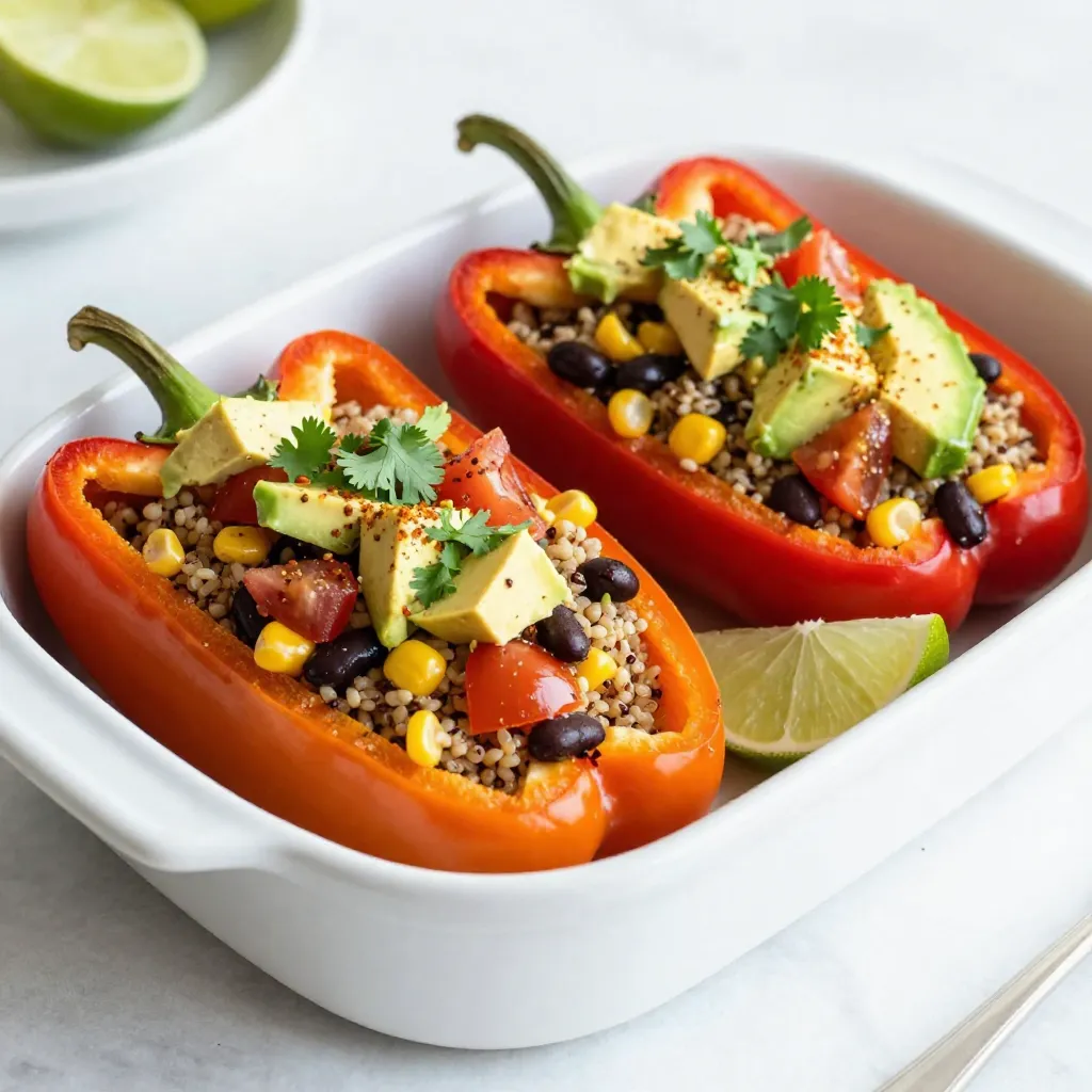 - 4 large bell peppers (any vibrant color) - 1 cup quinoa (thoroughly rinsed) - 2 cups vegetable broth (or water) - 1 can black beans (15 oz, drained and rinsed) - 1 cup corn kernels (fresh, frozen, or canned) - 1 cup diced tomatoes (fresh or canned) - 1 teaspoon ground cumin - 1 teaspoon smoked paprika - ½ teaspoon chili powder - ½ teaspoon garlic powder - Salt and pepper (to taste) - 1 avocado (diced) - Fresh cilantro (chopped) - Lime wedges (for serving) These ingredients make a vibrant and tasty dish. The bell peppers bring color and crunch. Quinoa adds protein and fiber, making it filling. Black beans and corn provide sweetness and texture. Diced tomatoes add juiciness, while the spices bring warmth and depth. Rinsing quinoa is key. It removes a bitter coating called saponin. This step ensures a clean, nutty flavor. Using vegetable broth instead of water boosts the taste. The spices are easy to adjust. If you want more heat, add extra chili powder. Each ingredient works together to create a flavorful experience. For fresh toppings, avocado and cilantro shine. They add creaminess and brightness. Lime wedges offer a zesty finish. Serve these stuffed peppers warm for the best flavor. Each bite is a delightful mix of tastes. Enjoy making this fun and delicious dish! {{ingredient_image_2}} To cook the quinoa, start with a medium saucepan. Add 1 cup of rinsed quinoa and 2 cups of vegetable broth or water. Bring it to a rolling boil over medium-high heat. Rinsing is key. It removes a bitter coating called saponin. After boiling, reduce the heat to low. Cover the pot with a lid and let it simmer for about 15 minutes. The quinoa is done when it’s fluffy and absorbs all the liquid. You can check by fluffing it with a fork. While the quinoa cooks, prep the bell peppers. Slice off the tops of 4 large peppers and discard these tops. Remove the seeds and white membranes inside. This step helps keep the dish clean and tasty. Choose a baking dish that holds the peppers snugly. This keeps them upright while baking. In a large mixing bowl, combine the cooked quinoa with black beans, corn, and diced tomatoes. Add 1 teaspoon of ground cumin, 1 teaspoon of smoked paprika, ½ teaspoon of chili powder, and ½ teaspoon of garlic powder. Season with salt and pepper. Use a spatula or large spoon to mix everything well. Make sure each ingredient is evenly spread. This helps each bite taste great. Now it’s time to fill the peppers. Use a spoon to fill each pepper with your quinoa mixture. Press down gently to pack it in. This ensures a nice, hearty bite. Cover the baking dish with aluminum foil. This keeps the moisture in while baking. Place it in your preheated oven at 375°F (190°C). Bake for 25 minutes. After that, remove the foil and bake for another 10-15 minutes. The peppers should be tender and the tops slightly golden. To prevent soggy stuffing, avoid overcooking your quinoa. Cook it just until fluffy. After cooking, let the quinoa cool for a bit. This helps it mix well with other ingredients. If you add hot quinoa to the filling, it can make it watery. For a tasty twist, adjust the spices. Try adding more chili powder for heat. You can also mix in some cheese before baking. Cheese adds a rich flavor and a nice golden top. Experiment with different types like cheddar or pepper jack for extra flair. For a beautiful presentation, arrange the stuffed peppers on a large platter. Drizzle a bit of olive oil on top for shine. Add colorful lime wedges around the peppers. This not only looks great but also adds a pop of freshness. Garnish with chopped cilantro for a vibrant finish and extra flavor. Pro Tips Choose Colorful Peppers: Using a mix of colored bell peppers not only adds visual appeal but also provides a variety of flavors. Rinse Quinoa Thoroughly: Rinsing quinoa removes its natural coating, called saponin, which can give it a bitter taste. Always rinse before cooking! Customize the Filling: Feel free to add other ingredients like diced zucchini or mushrooms to the quinoa mixture for extra nutrition and flavor. Keep Foil On Initially: Covering the baking dish with foil helps steam the peppers, keeping them moist and tender. Remove the foil towards the end for a golden finish. {{image_4}} You can easily change some ingredients in this dish. If you want to swap quinoa, use brown rice or farro. These grains add texture and a different flavor. If you want a vegan meal, stick with vegetable broth. For a non-vegan twist, you can use chicken broth instead. Want to spice things up? Try adding different spices. A pinch of cayenne can give a nice heat. You can also add herbs like oregano for more flavor. Feel free to mix in other veggies too. Chopped zucchini or spinach works well in the filling. Just make sure to adjust the cooking time slightly for these veggies. Pair your stuffed peppers with side dishes for a full meal. A fresh garden salad adds crunch. You can also serve them with a zesty sauce. A dollop of sour cream or a drizzle of salsa enhances the dish. Don't forget lime wedges on the side; they add a bright finish. To keep your stuffed peppers fresh, use airtight containers. Glass or plastic containers work well. Make sure each pepper is tightly packed to avoid air exposure. Store them in the fridge. This helps them stay tasty for later meals. You can freeze stuffed peppers for future meals. First, let them cool completely. Then, wrap each pepper in plastic wrap. Place wrapped peppers in a freezer bag. Squeeze out the air and seal. For reheating, thaw them in the fridge overnight. Then, bake at 375°F until heated through. Stuffed peppers last about 3-5 days in the fridge. In the freezer, they can last up to 3 months. Check for signs of spoilage. If you see mold, a bad smell, or a change in color, do not eat them. Always prioritize your safety when enjoying leftovers. Yes, you can make them ahead. Prepare the filling and stuff the peppers. Store them in the fridge for up to two days. Before baking, let them sit out for about 30 minutes. This helps them cook evenly. You can also bake them and freeze the leftovers. Just let them cool and wrap them tightly. When ready, reheat them in the oven. If you don't have quinoa, try these grains: - Brown rice - Farro - Barley - Couscous - Bulgur These grains work well in the stuffing. They add great texture and flavor. The peppers are done when they are tender. You should see some browning on the tops. Also, the filling should be hot and bubbly. A fork should easily pierce the skin. If the skin feels soft, they are ready to enjoy. Yes, this recipe is gluten-free! All the ingredients, like quinoa and beans, are safe for a gluten-free diet. Just double-check that any packaged items, like vegetable broth, are certified gluten-free. This way, you can enjoy your meal without worry. In this post, we covered delicious Southwest Quinoa Stuffed Peppers. We listed ingredients, simple steps to prep, and tips for success. Remember to rinse your quinoa and let it cool to avoid soggy stuffing. You can also mix up flavors by adding different spices or veggies. These peppers are easy to store and great for meal prep. Experiment with variations to find your favorite taste. I hope you enjoy making this healthy dish!