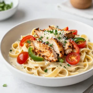 - 8 ounces fettuccine pasta - 2 boneless, skinless chicken breasts - 2 tablespoons Cajun seasoning - 1 bell pepper (red or green), sliced - 1 small onion, sliced - 3 cloves garlic, minced - 1 cup cherry tomatoes, halved - Fresh parsley, chopped (for garnish) - 1 cup heavy cream - 1 cup freshly grated Parmesan cheese - 1 tablespoon olive oil - Salt and pepper to taste Cajun chicken pasta is all about bold flavors and fresh ingredients. Start with the main items. You need fettuccine pasta, which gives the dish a nice base. Chicken breasts are the star protein. Coat them with Cajun seasoning to bring in that spicy kick. Next, gather your fresh ingredients. A bell pepper adds crunch and color. The onion gives sweetness, while garlic boosts flavor. Cherry tomatoes bring juiciness. Finally, fresh parsley brightens up the dish. Don’t forget the heavy cream. It makes the sauce rich and creamy. Parmesan cheese adds depth and a salty touch. Olive oil helps to cook the chicken and veggies. Use salt and pepper to enhance all the flavors. This mix of ingredients makes a simple yet flavorful meal. It all comes together for a delicious dinner that’s sure to please. {{ingredient_image_2}} Start by bringing a large pot of salted water to a rolling boil. Salt adds flavor to the pasta as it cooks. Once the water boils, carefully add 8 ounces of fettuccine pasta. Cook the pasta according to the package instructions until it is al dente, which means it should still be firm. This usually takes about 8-10 minutes. When done, drain the pasta and set it aside. While the pasta cooks, take 2 boneless, skinless chicken breasts. Generously coat both sides with 2 tablespoons of Cajun seasoning. Press the seasoning into the meat to help it stick. Heat 1 tablespoon of olive oil in a large skillet over medium-high heat. Once hot, add the seasoned chicken. Cook for about 5-7 minutes on each side. The chicken should be juicy and golden brown when done. Once cooked, transfer the chicken to a plate and let it rest for a few minutes. Then, slice the chicken into strips. Using the same skillet, add the sliced bell pepper and onion. Sauté them for about 3-4 minutes. You want them to soften but not lose all their crunch. Next, add 3 cloves of minced garlic. Cook for an additional minute, stirring often. The garlic should become fragrant and slightly golden. Pour in 1 cup of heavy cream into the skillet with the vegetables. Stir well to mix everything. Add 1 cup of halved cherry tomatoes to the pan. Allow the sauce to simmer for about 5 minutes. This will help the sauce thicken and blend the flavors together. Once the sauce has thickened, add the cooked fettuccine back into the skillet. Toss gently to coat the pasta evenly with the creamy sauce. Gradually stir in 1 cup of freshly grated Parmesan cheese. This will melt and blend into the sauce, making it rich and delicious. Taste your dish and add salt and pepper as needed. Arrange the sliced chicken over the pasta and sauce. This adds a nice touch and lets the flavors meld. Finally, sprinkle freshly chopped parsley on top for color and freshness. Enjoy your meal! To sear chicken breasts well, use a hot skillet. Start with medium-high heat. Add olive oil and let it shimmer. Place the chicken in the pan without crowding. Cook for 5-7 minutes on each side. This helps create a nice brown crust. Always check for doneness. The chicken should reach 165°F for safety. To keep your chicken juicy, let it rest after cooking. Resting allows the juices to redistribute. Slice it just before serving. This keeps it moist and tasty. For flavor, coat the chicken with Cajun seasoning. Press it in so it sticks well. Adjusting the spice level is easy. If you want less heat, use less Cajun seasoning. You can also add cream to tone it down. If you love spice, add cayenne pepper or hot sauce. For vegetable substitutions, try zucchini or spinach. Chopped mushrooms also work well. These add great texture and flavor. Mix and match to find your favorite combo. For ideal pairings, serve Cajun chicken pasta with a fresh salad. A side of garlic bread also complements the dish. If you want more veggies, a side of steamed broccoli is great. To make your dish visually appealing, use large, shallow bowls. Layer the chicken over the pasta nicely. Drizzle with olive oil for shine. A sprinkle of parsley adds color and freshness. Enjoy your beautiful plate! Pro Tips Cooking the Pasta: Make sure to salt your water generously to enhance the flavor of the fettuccine. It should taste like seawater for the best results. Resting the Chicken: After cooking the chicken, let it rest for a few minutes before slicing. This allows the juices to redistribute, keeping it moist. Adjusting the Spice Level: If you prefer a milder dish, reduce the amount of Cajun seasoning or add a touch of cream to balance the heat. Fresh Ingredients: Using fresh garlic and seasonal vegetables will elevate the dish's flavor profile. Opt for ripe cherry tomatoes for natural sweetness. {{image_4}} You can easily make this dish meat-free. Start by swapping the chicken for plant-based protein. Options like tofu, tempeh, or chickpeas work well. To keep the rich flavor, use the same Cajun seasoning. Also, add a bit more garlic for depth. You can include veggies like zucchini or mushrooms for extra texture. To turn up the heat, add more spice to your dish. Try adding red pepper flakes or diced jalapeños. You can sprinkle them in while cooking the chicken or sautéing the veggies. Another option is to use a spicier Cajun seasoning. This adds a nice kick to your meal. Adjust the heat to match your taste. Shrimp is a great twist on this classic dish. Simply replace the chicken with shrimp. Make sure to adjust cooking times; shrimp cooks much faster than chicken. Sauté the shrimp for about 2-3 minutes per side until they are pink. You can still use the same Cajun seasoning and veggies to keep the dish flavorful. To keep your Cajun Chicken Pasta fresh, let it cool first. Then, store it in an airtight container. This helps maintain flavor and texture. Place the container in the fridge. It will stay good for about three days. If you want to keep it longer, consider freezing. Just remember to label the container with the date. When you’re ready to eat, reheating is key. The best method is using the stovetop. Heat a pan over medium-low heat. Add a splash of water or cream to the pasta to keep it moist. Stir often to avoid sticking. You can also use the microwave. However, cover the pasta with a damp paper towel. This traps moisture and prevents dryness. To freeze Cajun Chicken Pasta, cool it completely first. Then, scoot it into a freezer-safe container. Make sure to leave some space at the top, as it will expand. It can last for about two months in the freezer. When you’re ready to eat, move it to the fridge for a night to thaw. Reheat it using the stovetop method for the best results. Cajun Chicken Pasta is a creamy dish with bold flavors. It features juicy chicken, tender fettuccine, and colorful veggies. The dish gets its kick from Cajun seasoning, which brings spice and warmth. You can taste the rich flavors of garlic and cream, making it a comforting meal. To make this dish fast, prep your ingredients first. Slice the chicken, bell pepper, onion, and garlic ahead of time. Use a large skillet to cook the chicken and veggies at the same time as the pasta. Cook the fettuccine while you sear the chicken. This way, you combine everything quickly for a speedy meal. Yes, you can prepare Cajun Chicken Pasta ahead. Cook the pasta and chicken, then store them separately. When ready to eat, reheat them in a skillet. Add the sauce and veggies just before serving. This keeps the pasta from becoming mushy and lets the flavors shine. Cajun Chicken Pasta can be made gluten-free. Just choose gluten-free fettuccine or any pasta you prefer. Many brands offer great alternatives. Look for options made from rice, quinoa, or chickpeas. This way, you can enjoy the dish without gluten. Cajun Chicken Pasta is a hearty meal. One serving has about 600 calories. It contains protein from chicken and healthy fats from cream and cheese. The dish also offers carbs from pasta. For a balanced meal, pair it with a side salad or steamed veggies. Cajun Chicken Pasta is a delicious dish with rich flavors and textures. You need to start with key ingredients like fettuccine, chicken, and Cajun seasoning. Then sauté fresh veggies, create a creamy sauce, and combine everything for a satisfying meal. You can customize this dish to your taste, whether making it vegetarian or spicy. Remember to store leftovers properly for later enjoyment. This dish is versatile and easy to make, so enjoy the cooking journey and the tasty results that follow!