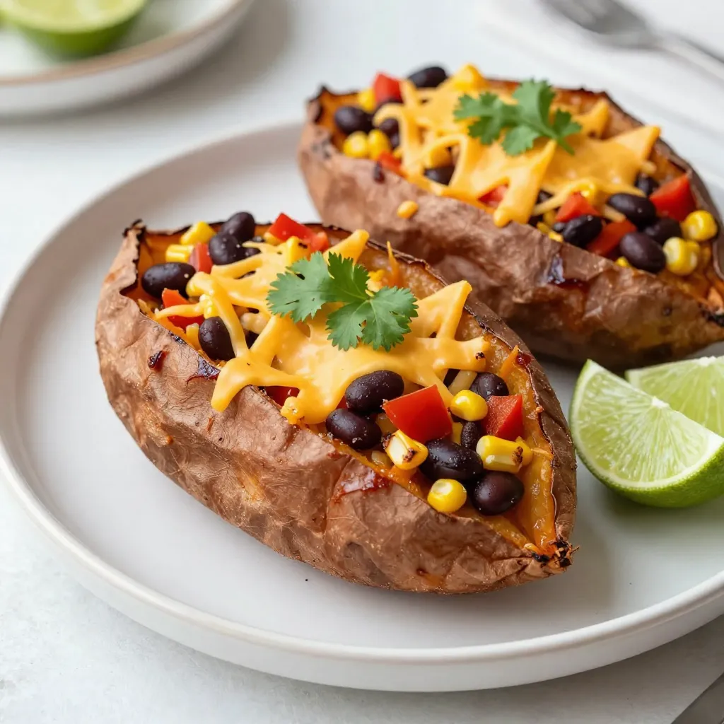 To make these tasty Southwest stuffed sweet potatoes, gather the following ingredients: - 4 medium sweet potatoes - 1 can (15 oz) black beans, rinsed and drained - 1 cup corn kernels (fresh or frozen) - 1 red bell pepper, diced - 1 small red onion, diced - 2 cloves garlic, minced - 1 teaspoon ground cumin - 1 teaspoon smoked paprika - ½ teaspoon chili powder - Salt and pepper to taste - ½ cup shredded cheddar cheese (optional) - 2 tablespoons olive oil - 2 tablespoons fresh cilantro, chopped - Lime wedges for serving These ingredients come together to create a filling and flavorful dish. Sweet potatoes bring a natural sweetness. Black beans add protein and texture. Corn introduces a sweet crunch. The bell pepper and onion offer a nice bite of freshness. Garlic and spices give this dish a warm depth. You can top it with cheese for an extra creamy touch. Fresh cilantro and lime add brightness to every bite. Enjoy cooking! {{ingredient_image_2}} - Preheat the oven to 400°F (200°C). - Rinse the sweet potatoes under water. Use a fork to poke holes in each potato. This helps steam escape while baking. Place them on a baking sheet lined with parchment paper. - Bake the sweet potatoes for 45-60 minutes, or until they feel soft. You can tell they are done when a fork slides in easily. - Heat olive oil in a large skillet over medium heat. Add diced red onion and bell pepper. Sauté for about 5 minutes until they soften and smell good. - Next, add minced garlic, ground cumin, smoked paprika, and chili powder. Cook for another minute until the spices smell great. - Stir in the rinsed black beans and corn. Cook for 5 more minutes. Season with salt and pepper to taste. - Once your sweet potatoes are baked, let them cool for a few minutes. Carefully slice each potato down the middle. - Use a fork to fluff the insides. This makes them light and fluffy. Fill each potato with the savory bean and corn mixture. - If you like cheese, sprinkle some shredded cheddar on top of each stuffed potato. Return them to the oven for another 5 minutes, until the cheese melts. - Remove from the oven and garnish with fresh cilantro. Serve with lime wedges for a fresh burst of flavor. To bake sweet potatoes just right, follow these steps: - Preheat your oven to 400°F (200°C). - Wash the sweet potatoes well. - Use a fork to poke holes in each potato. - Place them on a lined baking sheet. - Bake for 45 to 60 minutes. Check for softness with a fork. These tips help keep the sweet potatoes tender and fluffy inside. To boost the taste, try adding these spices: - Cayenne pepper for heat. - Ground coriander for a citrusy twist. - A dash of cinnamon for warmth. You can also add toppings like: - Crumbled feta cheese for a tangy bite. - Sliced green onions for crunch. - Avocado for creaminess. These extras give your dish more depth and fun flavors. For a beautiful presentation, serve the stuffed potatoes on a colorful platter. - Arrange lime wedges around them for brightness. - Add a sprinkle of extra cilantro on top for color. You can also serve these with a side salad or rice for a complete meal. These ideas help make your dish inviting and tasty! Pro Tips Choose the Right Sweet Potatoes: Opt for medium-sized sweet potatoes for even cooking and easier handling when stuffing. Enhance Flavor with Toppings: Consider adding avocado slices or a dollop of sour cream on top for a creamy, delicious contrast to the spices. Customize the Filling: Feel free to add other ingredients like diced jalapeños or cooked quinoa for added texture and nutrition. Make Ahead: You can prepare the filling in advance and store it in the fridge for up to 3 days, making mealtime even quicker. {{image_4}} For a veggie twist, swap the black beans with lentils. Lentils cook fast and add protein. You can also add more colorful veggies. Try zucchini, spinach, or diced carrots. They bring fresh flavors and texture. This makes the dish even healthier and more vibrant. This recipe is already gluten-free since sweet potatoes and beans are safe for all. Just check your spices and cheese. Some brands add gluten, so read the labels. Using fresh ingredients ensures that your meal is totally gluten-free and safe for everyone. Want to change up the taste? You can try different spices. Use taco seasoning for a bold kick. A pinch of cinnamon can add a sweet note. You could also replace the cheese with avocado for a creamy touch. Each choice makes the meal unique and fun to explore. To keep your stuffed sweet potatoes fresh, store them in the fridge. Place them in an airtight container. You can also wrap them tightly in plastic wrap. If you want to freeze them, wrap each potato in foil. Use a freezer-safe bag for extra protection. When it's time to eat leftovers, I suggest reheating them in the oven. Preheat your oven to 350°F (175°C). Place the stuffed potatoes on a baking sheet. Heat for about 15-20 minutes. This helps keep the texture nice. You can also use a microwave. Heat them for 1-2 minutes. Just remember to cover them to avoid drying out. These stuffed sweet potatoes last about 3-5 days in the fridge. If you freeze them, they can last up to 3 months. Just make sure to label them with the date. This way, you can enjoy your tasty meal later! Yes, you can make these sweet potatoes ahead of time. Bake and stuff them, then store in the fridge. They last about three days. When you are ready, just reheat them in the oven. This keeps the flavors fresh. You can also prepare the filling in advance. Store it separately in the fridge and stuff the sweet potatoes when ready to bake. If you do not have black beans, try other beans. Kidney beans or pinto beans work well. You can even use chickpeas for a unique twist. These beans will still add protein and flavor. Just make sure to rinse and drain them first. Yes, they are healthy! Sweet potatoes are packed with vitamins A and C. Black beans provide fiber and protein. Corn adds some sweetness and more nutrients. This dish is also low in fat, especially if you skip the cheese. It’s a great choice for a balanced meal. To add heat, try adding jalapeños or diced green chilies to the filling. You can also sprinkle cayenne pepper into the mix. If you enjoy hot sauce, drizzle some on top before serving. Adjust the spice level to match your taste. This blog covered a flavorful recipe for Southwest stuffed sweet potatoes. We explored the ingredients needed, the steps for preparation, and tips to enhance flavor. You can make this dish vegetarian or gluten-free with easy swaps. Remember to store leftovers properly and enjoy them later. Whether you serve it for dinner or meal prep, this dish brings joy to your table. Try it out, and let these stuffed sweet potatoes brighten your meals!