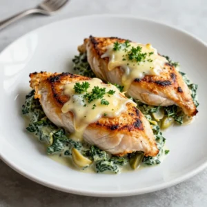 - 4 boneless, skinless chicken breasts - 1 cup frozen spinach, thoroughly thawed and well-drained - 1 cup canned artichoke hearts, finely chopped - 1 cup cream cheese, softened to room temperature - ½ cup sour cream - ½ cup shredded mozzarella cheese - ¼ cup grated Parmesan cheese The main ingredients create a rich, creamy filling. The chicken serves as a perfect pocket for this treat. Spinach and artichokes bring a lovely color and flavor. Cream cheese, sour cream, and mozzarella make it extra creamy. Parmesan adds a nice touch of sharpness. - 2 cloves garlic, minced - 1 tablespoon olive oil - 1 teaspoon garlic powder - 1 teaspoon onion powder - Salt and black pepper to taste - Fresh parsley, chopped, for garnish Seasonings are key to enhance the dish. Garlic adds depth and aroma. Olive oil helps to get that golden crust. Onion powder brings sweetness, while salt and pepper balance all the flavors. Fresh parsley on top gives a pop of color. It also adds freshness to each bite. {{ingredient_image_2}} - Preheat your oven to 375°F (190°C). - In a medium bowl, mix the thawed spinach, artichoke hearts, cream cheese, sour cream, mozzarella, Parmesan, minced garlic, garlic powder, onion powder, and a pinch of salt and pepper. Stir well until smooth. - Take each chicken breast and make a pocket. Use a sharp knife to cut horizontally into the side. Be careful not to cut through completely. - Stuff each chicken pocket with the spinach-artichoke mixture. Fill them generously, but don’t let the filling spill out. - Heat olive oil in a large, oven-safe skillet over medium-high heat. - Season the outside of each stuffed chicken breast with salt and pepper. Sear them for about 3-4 minutes on each side until they turn golden brown. - Once seared, transfer the skillet to the preheated oven. Bake for 25-30 minutes. The chicken should reach an internal temperature of 165°F (75°C). - After baking, remove the skillet from the oven. Let the chicken rest for about 5 minutes. This helps keep the juices inside. - Before serving, sprinkle fresh parsley on top for a burst of color and flavor. How to ensure juiciness in chicken To keep your chicken juicy, make sure to sear it first. This step locks in moisture. Also, let the chicken rest after baking. This helps the juices settle back into the meat. Best practices for stuffing When you stuff the chicken, use a generous amount of the spinach-artichoke mix. Fill it well but don’t overfill. If it spills out, it can make a mess while cooking. Recommended sides for the stuffed chicken I love serving this dish with a side of quinoa or rice. They soak up the flavors well. A fresh salad or steamed veggies also pairs nicely with the rich chicken. Presentation tips for an elegant plate For a beautiful plate, place the stuffed chicken on a bed of quinoa. Drizzle some balsamic reduction around the plate. Finish with a sprinkle of parsley for color. This makes your meal pop! Essential kitchen tools: skillet, knife, mixing bowls You will need a good skillet to sear and bake the chicken. A sharp knife is vital for making pockets in the chicken breasts. Mixing bowls are perfect for combining your stuffing ingredients. These tools help you create this dish with ease. Pro Tips Perfectly Thawed Spinach: Make sure to thoroughly thaw and drain your spinach to avoid excess moisture in the filling, which can make the chicken soggy. Customize Cheese Blend: Feel free to mix different types of cheese for a unique flavor. Creamy ricotta or tangy goat cheese can add an interesting twist. Chicken Breasts Size: Choose chicken breasts that are similar in size for even cooking. If they are uneven, pound them out gently for uniform thickness. Resting Time: Allowing the chicken to rest after baking is crucial. This helps the juices redistribute, ensuring each slice is moist and flavorful. {{image_4}} You can swap cream cheese for Greek yogurt. This adds creaminess with less fat. If you want a dairy-free option, use cashew cream. It gives a nutty flavor. For cheese, try goat cheese or feta for a unique taste. They both melt well. If you need gluten-free meals, use gluten-free chicken broth. It pairs well with the dish. For low-carb options, replace the stuffing with cauliflower rice. It’s light and tasty. Add spices like paprika or cayenne for heat. A little goes a long way. Herbs like thyme or basil can brighten the flavor. Fresh herbs are the best choice. You can also mix in chopped mushrooms or bell peppers. They add texture and taste. To store leftovers properly, first let the chicken cool to room temperature. Place the stuffed chicken in an airtight container. Make sure to store it in the fridge within two hours of cooking. It will stay fresh for three to four days. If you want to enjoy it later, try to eat it within this time frame for the best taste. To freeze stuffed chicken, let it cool completely. Wrap each piece tightly in plastic wrap. Then place them in a freezer-safe bag or container. Be sure to label it with the date. You can freeze the chicken for up to three months. When you’re ready to eat, just thaw it in the fridge overnight before reheating. For the best taste, reheat the chicken in the oven. Preheat your oven to 350°F (175°C). Place the chicken in an oven-safe dish, cover it with foil, and heat for about 20 minutes. This method helps keep the chicken moist. You can also use a microwave if you’re short on time. Just heat it in short bursts, checking often to avoid overcooking. Can I make this recipe ahead of time? Yes, you can make this recipe ahead. Prepare the stuffed chicken and store it in the fridge. Make sure to cover it well. You can bake it later when you are ready to eat. What should I serve with Creamy Spinach Artichoke Stuffed Chicken? I suggest serving it with quinoa or rice. A fresh salad pairs nicely too. You can drizzle some balsamic reduction on the plate for extra flavor. How can I check if chicken is fully cooked? To check if the chicken is fully cooked, use a meat thermometer. It should read 165°F (75°C) inside the thickest part. This ensures it is safe to eat. Is it safe to eat leftover stuffed chicken? Yes, it is safe to eat leftover stuffed chicken. Store it in the fridge within two hours of cooking. Eat it within three to four days for the best taste. What if my stuffing leaks during cooking? If your stuffing leaks, try not to overstuff the chicken. Make sure to seal the pockets well. You can also use toothpicks to help keep the filling inside. How can I prevent the chicken from drying out? To keep the chicken juicy, avoid overcooking it. Use a meat thermometer to check the temperature. Let it rest for five minutes after baking to keep the juices inside. This blog post has covered how to create a delicious creamy spinach artichoke stuffed chicken. We discussed the main ingredients, step-by-step instructions, and tips to make your dish shine. You can experiment with variations and know how to store leftovers properly. Always check the chicken is cooked through for safety. Enjoy this dish with your favorite sides or adapt it to your needs. Cooking should be fun and rewarding! With these tips, you’ll impress family and friends every time you serve this meal.