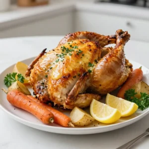- 1 whole chicken (4-5 lbs) - 1/2 cup unsalted butter, softened - 8 cloves garlic, finely minced - 2 tablespoons fresh rosemary, finely chopped - 2 tablespoons fresh thyme, finely chopped - 2 tablespoons fresh parsley, finely chopped - Zest of 1 lemon - Juice of 1 lemon - Salt and pepper, to taste - 1 onion, cut into quarters - 1 lemon, cut into quarters - 4 carrots, cut into 1-inch chunks - 4 medium potatoes, cut into 1-inch chunks - Olive oil, for drizzling When making garlic herb butter roasted chicken, the ingredients shine. The whole chicken is the star. It weighs between 4 to 5 pounds. Using a fresh chicken gives the best flavor. Next, we need unsalted butter. About half a cup works well. Softened butter is key. It helps mix in the herbs and garlic easily. Garlic is a must. Eight cloves, finely minced, add a strong flavor. Fresh herbs bring life to the dish. I use two tablespoons each of rosemary, thyme, and parsley. These herbs give a rich taste. The zest and juice of one lemon brighten everything up. Salt and pepper add balance. You can adjust these to your taste. For the stuffing, I use an onion and a lemon, both quartered. They add more aroma to the chicken as it cooks. The vegetables add texture and heartiness. I recommend four carrots and four medium potatoes, each cut into one-inch chunks. A drizzle of olive oil on the veggies helps them roast well. Each ingredient plays a part in making this dish savory and juicy. {{ingredient_image_2}} Set your oven to 425°F (220°C). Preheating is vital. It ensures the chicken cooks evenly and gets that golden brown skin. A hot oven helps seal in the juices for a tender, juicy bird. In a medium bowl, mix 1/2 cup of softened butter with 8 minced garlic cloves. Add 2 tablespoons each of chopped rosemary, thyme, and parsley. Don’t forget the zest and juice of 1 lemon! Season with salt and pepper. Mix until smooth. This blend adds great flavor to the chicken. Start with a whole chicken, about 4-5 lbs. Pat it dry using paper towels. This helps the skin crisp up. Next, gently loosen the skin over the breast and thighs. Be careful not to tear it. Spoon half of the garlic herb butter mixture into the pockets you made. Focus on the breast and thigh areas. Rub the rest of the butter all over the outside of the chicken. This step is key for flavor and moisture. For extra taste, stuff the chicken cavity with quartered onion and lemon. This adds aromatic goodness during roasting. Now your chicken is ready for the oven! Basting keeps the chicken moist and adds flavor. I recommend basting every 30 minutes. Use a spoon or a baster to drizzle the pan juices over the chicken. This method helps keep the skin crispy while locking in juices. The pan juices mix with the herb butter, creating a tasty glaze. To ensure your chicken is cooked, use a meat thermometer. Insert it into the thickest part of the thigh, avoiding the bone. The chicken is done when it reaches 165°F (75°C). Look for golden, crispy skin and clear juices. These signs show your chicken is perfectly roasted. Resting is key for juicy chicken. It allows the juices to spread throughout the meat. I suggest resting the chicken for 10 to 15 minutes after roasting. This short wait makes each slice tender and flavorful. Use this time to prepare your sides or set the table. Pro Tips Use Fresh Herbs: Fresh herbs bring vibrant flavors to your dish. If possible, use herbs from your garden or a local market for the best taste. Let the Chicken Rest: Resting the chicken after roasting allows the juices to redistribute, ensuring a moist and flavorful meal. Customize Your Veggies: Feel free to mix and match vegetables based on what you have on hand or your family's preferences for a personalized touch. Baste for Extra Flavor: Basting the chicken halfway through roasting with its juices will enhance the flavor and keep the meat juicy. {{image_4}} You can change the herbs to suit your taste. Try using sage, basil, or dill. Each adds a unique flavor. Mixing fresh herbs with dried ones can also work well. Customize the butter mixture by adding your favorite spices, like paprika or cayenne. These can give your chicken an extra kick. You don’t have to stick with carrots and potatoes. Try adding sweet potatoes, Brussels sprouts, or zucchini. These veggies roast nicely and add color. You can also change the vegetables with the seasons. Use fresh asparagus in spring or butternut squash in fall for a lovely twist. Roasting is great, but you can also grill or slow-cook the chicken. Grilling gives it a smoky flavor. If you slow-cook, the chicken stays juicy and tender. Adjust the cooking time when using different methods. For grilling, cook it for about 1 hour. For slow-cooking, you might need 4-6 hours on low. To store leftover chicken, first let it cool. This helps keep moisture in. Next, take your chicken and cut it into pieces if you prefer. Place it in an airtight container. This keeps the chicken fresh for up to four days in the fridge. You can also wrap it tightly in plastic wrap. Just make sure to remove as much air as you can. For longer storage, freeze the chicken. It can last for up to four months in the freezer. Recommended containers include: - Glass or plastic airtight containers - Heavy-duty freezer bags - Aluminum foil for wrapping When reheating roasted chicken, your goal is to keep it juicy. The best method is to use an oven. Preheat it to 350°F (175°C). Place the chicken in a baking dish. Add a splash of chicken broth or water to keep it moist. Cover the dish with foil. This traps steam and prevents drying out. Heat for about 20-30 minutes or until warmed through. You can also use a microwave. Place the chicken on a microwave-safe plate. Add a few drops of water. Cover it with a damp paper towel. This helps keep moisture in. Heat in short bursts, checking often. Remember, no one likes dry chicken! So, aim to maintain moisture and flavor when reheating. Roasting a whole chicken takes about 20 minutes per pound at 425°F (220°C). For a 4-5 pound chicken, aim for 1 hour and 15 minutes. Always check the internal temperature. It should reach 165°F (75°C) in the thickest part of the meat. This ensures the chicken cooks safely and remains juicy. Yes, you can use frozen chicken, but it must be thawed first. Thaw it in the fridge for 24 hours. You can also use the cold water method. Submerge the chicken in cold water for a few hours. Cooking time will increase if the chicken is still slightly frozen. The texture may also be less tender than fresh chicken. Complement your chicken with sides like: - Roasted carrots - Mashed potatoes - Green beans - Salad These sides balance the rich flavors of the chicken. For quick sides, try making a simple salad or mashed potatoes while the chicken roasts. You can roast vegetables in the same pan for a hearty meal. This blog post shared how to roast a whole chicken with garlic herb butter. We covered the key ingredients, like fresh vegetables and herbs, and the step-by-step process, including preheating the oven and preparing the chicken. Tips on basting, checking doneness, and resting time help ensure your chicken is juicy and flavorful. Don’t forget the variations and how to store leftovers for later. Remember, cooking is fun and rewarding, so get creative! Enjoy your delicious chicken and the smiles it brings to the table.