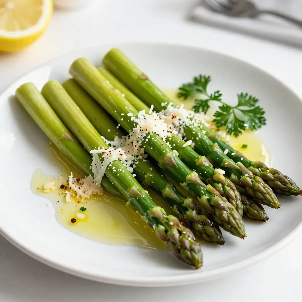 - 1 pound fresh asparagus, trimmed - 3 tablespoons olive oil - 4 cloves garlic, minced - Zest of 1 lemon - Juice of 1 lemon - Salt and pepper, to taste - 1 teaspoon red pepper flakes (for a kick) - Grated Parmesan cheese (optional) - Fresh parsley, chopped {{ingredient_image_2}} Start by preheating your oven to 425°F (220°C). This heat is key for perfect asparagus. While the oven warms up, clear your workspace. Gather your ingredients and tools to make everything smooth. Rinse the fresh asparagus under cold water. This step removes dirt and grit. Next, trim the woody ends. You can snap them off or cut about 1-2 inches from the bottom. Lay the asparagus on a large baking sheet in a single layer. This helps them cook evenly. In a small bowl, whisk together three tablespoons of olive oil, four minced garlic cloves, the zest of one lemon, and the juice of that lemon. If you want a kick, add one teaspoon of red pepper flakes. Season with salt and pepper. Mix until you have a fragrant marinade. Drizzle the lemon-garlic mixture over the asparagus. Use your hands or a spatula to toss gently. Make sure each spear gets coated well. Spread them out on the baking sheet. Avoid overcrowding for the best roast. Place the baking sheet in your preheated oven. Roast the asparagus for 12-15 minutes. They should be bright green and tender when pierced with a fork. The tips will have a nice crispness. After roasting, take the asparagus out of the oven. Let them cool for a couple of minutes. Then, transfer them to a serving platter. For a tasty finish, sprinkle with grated Parmesan cheese and chopped parsley. Arrange them nicely for a beautiful display. Look for asparagus with bright green color. The tips should be tightly closed and firm. Avoid any that are limp or have brown spots. Fresh asparagus should feel crisp and snap easily when bent. This helps ensure you get the best flavor and texture in your dish. For crispy asparagus, roast it at a high heat. The oven should be set to 425°F (220°C). Roast for 12-15 minutes. Keep an eye on it to prevent burning. If you prefer tender asparagus, you can lower the heat to 375°F (190°C) and roast a bit longer. This way, you get a softer bite while still enjoying great flavor. You can prepare the asparagus a few hours in advance. Just toss it in the lemon-garlic mix and store it in the fridge. When ready to cook, let it sit at room temperature for about 15 minutes. To reheat, place it back in the oven at 350°F (175°C) for about 5-7 minutes. This warms it up without losing texture or flavor. Pro Tips Choose Fresh Asparagus: Look for firm, bright green spears with closed tips. Fresh asparagus will have a vibrant color and a slightly crisp texture, ensuring the best flavor. Adjust Roasting Time: Depending on the thickness of your asparagus, you may need to adjust the roasting time. Thinner spears will cook faster, so keep an eye on them to avoid overcooking. Customize Seasonings: Feel free to experiment with additional seasonings like lemon pepper or garlic powder. This allows you to tailor the dish to your taste preferences. Serve Immediately: Roasted asparagus is best served right away while it's still warm and crispy. If necessary, keep it in a warm oven (at a low temperature) until ready to serve. {{image_4}} You can turn Lemon Garlic Asparagus into a full meal by adding protein. Chicken or shrimp work well. For chicken, use thin pieces and marinate them in the same lemon-garlic mix. Cook the chicken on the baking sheet with the asparagus. For shrimp, add them for the last 5 minutes of roasting. This way, they get tender and flavorful. Feel free to change the seasonings for new tastes. Try adding soy sauce and ginger for an Asian twist. Or, mix in balsamic vinegar and thyme for a sweet touch. You can even use smoked paprika for a deeper flavor. Each seasoning brings a unique taste to the dish. This recipe is easy to make vegetarian or vegan. Just skip the Parmesan cheese for a vegan version. You can also add nuts like almonds or walnuts for crunch. They add healthy fats and a nice texture. Serve with a grain like quinoa or brown rice for a complete meal. Store leftover lemon garlic asparagus in an airtight container. This keeps the flavors fresh. Place it in the fridge within two hours of cooking. Use it within three days for the best taste. If you notice any moisture, dry the asparagus with a paper towel before storing. To reheat, use the oven or a skillet. Preheat the oven to 350°F (175°C) and place the asparagus on a baking sheet. Heat for about 10 minutes. This method keeps it crispy. If using a skillet, add a bit of olive oil and warm on medium heat for about 5 minutes. Stir gently to prevent burning. You can freeze lemon garlic asparagus for longer storage. First, blanch the spears in boiling water for 2 minutes. Then, cool them in ice water to stop cooking. Dry the spears and place them in freezer bags. Remove as much air as possible. Use within three months for the best flavor. When ready to eat, thaw in the fridge overnight and reheat as mentioned above. Yes, you can use frozen asparagus. It is a quick option. Just thaw it first. Do not roast frozen asparagus for too long. It may become mushy. Lemon Garlic Asparagus pairs well with many dishes. Here are a few ideas: - Grilled chicken - Baked salmon - Quinoa salad - Pasta primavera - Rice pilaf These sides enhance the bright flavors of the asparagus. Perfectly cooked asparagus is bright green and tender. It should snap easily when bent. You can also test it with a fork. If it goes in with little effort, it’s ready! If you lack olive oil, use these options: - Avocado oil - Grapeseed oil - Vegetable oil - Coconut oil Each oil adds a unique flavor while keeping the dish healthy. Yes, you can skip garlic if you prefer. Instead, try adding lemon zest or herbs like thyme or basil. These will give the dish a fresh taste without the garlic. You now know how to make delicious lemon garlic asparagus. We covered key ingredients, step-by-step prep, and tips for the best results. You learned variations to suit different diets and how to store leftovers. As you try this recipe, keep your taste buds in mind. Feel free to adjust flavors and have fun with it. Great meals come from a mix of simple steps and creativity. Enjoy your cooking!