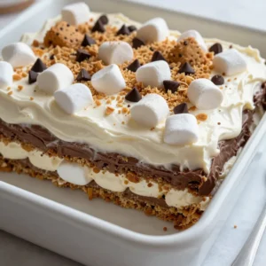 For the S'mores Icebox Cake, you will need: - 1 box of graham crackers - 2 cups heavy whipping cream - 1 cup powdered sugar - 1 teaspoon vanilla extract - 1 cup mini marshmallows - 1 cup chocolate hazelnut spread - 1 cup chocolate chips - 1/4 cup mini chocolate chips for garnish - 1/4 cup crushed graham crackers for garnish These ingredients create a rich, creamy dessert that captures the joy of s'mores. If you need to swap some ingredients, here are a few ideas: - Graham crackers: You can use digestive biscuits or vanilla wafers for a different flavor. - Heavy whipping cream: Try using coconut cream for a dairy-free option. - Powdered sugar: Granulated sugar works too; just blend it well. - Chocolate hazelnut spread: Nut butter or chocolate spread can be good substitutes. - Mini marshmallows: You can use regular marshmallows, just cut them into smaller pieces. These substitutions keep the essence of the dessert while allowing for some flexibility. For the best results, I suggest these brands: - Graham Crackers: Honey Maid offers a classic flavor and texture. - Heavy Whipping Cream: Land O'Lakes is known for its rich creaminess. - Powdered Sugar: Domino provides a fine, soft sugar ideal for desserts. - Chocolate Hazelnut Spread: Nutella is the gold standard for its smooth taste. - Chocolate Chips: Ghirardelli makes high-quality chocolate chips that melt well. Using these brands can enhance your dessert's taste and texture. Enjoy making this easy and delightful S'mores Icebox Cake! {{ingredient_image_2}} Start by gathering your ingredients. You will need heavy whipping cream, powdered sugar, and vanilla extract. In a large mixing bowl, combine these three ingredients. Use an electric mixer to beat them on high speed. Keep mixing until the cream thickens and soft peaks form. This should take about 3 to 5 minutes. Once you see those peaks, set the whipped cream aside. This fluffy layer is key to your S'mores Icebox Cake. Next, grab a 9x13 inch baking dish. This is where your cake will come to life. Spread a thin layer of chocolate hazelnut spread on the bottom of the dish. Use a spatula to ensure it covers the entire base evenly. This layer adds a rich flavor and keeps the graham crackers from getting too soggy. Now it's time to build your cake! Start with a layer of graham crackers. Break them as needed to fit snugly in the dish. Make sure they cover the chocolate spread completely. After that, spoon a generous layer of whipped cream over the graham crackers. Smooth it out with your spatula for an even surface. Next, sprinkle mini marshmallows evenly over the whipped cream. This step adds a fun texture and a sweet bite. Repeat these layers: chocolate hazelnut spread, graham crackers, whipped cream, and mini marshmallows. Keep going until you use all the ingredients. Make sure your final layer is whipped cream for a nice finish. Once layered, cover the dish with plastic wrap. Refrigerate for at least 4 hours. For the best taste, let it chill overnight. Before serving, remove the wrap and garnish with chocolate chips, crushed graham crackers, and any leftover mini marshmallows. This extra touch makes your dessert look beautiful and appetizing. To make perfect whipped cream, start with cold tools. Use a chilled bowl and beaters. This helps the cream whip faster. Combine heavy whipping cream, powdered sugar, and vanilla extract in your bowl. Beat on high speed until soft peaks form. Be careful not to overmix. Overwhipping makes the cream grainy. Soft peaks should hold their shape but still be smooth. This cream adds a light texture to your cake. Layering is key for a great icebox cake. Start with a thin layer of chocolate hazelnut spread. This acts like glue for the graham crackers. Place the crackers snugly, breaking them if needed. After each layer of graham crackers, add whipped cream. Then sprinkle mini marshmallows for fun. Keep repeating the layers until you use all the ingredients. Finish with whipped cream on top for a beautiful look. Make sure it’s smooth and even. This creates a stunning presentation. For the best taste, chill the cake for at least four hours. Overnight is even better! This allows flavors to blend and the cake to firm up. When serving, cut the cake into squares. You can add a drizzle of chocolate hazelnut spread on top. Garnish with mini chocolate chips and crushed graham crackers. This adds a nice crunch and extra sweetness. Enjoy the delightful mix of flavors and textures! Pro Tips Whipping Cream Consistency: Make sure to whip the heavy cream until it forms soft peaks. Overwhipping can lead to a grainy texture, so stop as soon as you see peaks forming. Layering Technique: For the best results, ensure each layer is even and smooth. This not only looks more appealing but also helps the flavors meld together beautifully. Chilling Time: Allow the cake to chill overnight for optimal flavor and texture. The longer it sits, the better the layers will set and the flavors will develop. Garnishing Tips: Add your garnishes just before serving to maintain their texture and appearance. This keeps the cake looking fresh and inviting. {{image_4}} You can change the classic s'mores flavor easily. Try using peanut butter in place of chocolate hazelnut spread. It adds a nutty taste that blends well with marshmallows. You might also swap in caramel sauce for a sweeter twist. Mixing in some crushed cookies adds fun textures, too. Use different kinds of chocolate, like white or dark, to add variety. Each change makes a new treat that still feels familiar. Making a gluten-free s'mores icebox cake is simple. Use gluten-free graham crackers as a base. For a vegan version, substitute heavy cream with coconut cream. Just chill it first, then whip it until fluffy. You can use maple syrup instead of powdered sugar. For the chocolate spread, pick a dairy-free option. These swaps keep all the flavors but make the dessert friendly for different diets. You can make this cake fit any holiday. For summer, add fresh berries like strawberries or raspberries. They bring a bright flavor and color. In fall, try pumpkin spice in the whipped cream for a cozy touch. During winter, add peppermint extract for a refreshing kick. Each season offers its own chance to play with flavors. These fun twists can make your s'mores icebox cake an exciting centerpiece for any gathering. To keep your S'mores Icebox Cake fresh, use an airtight container. This helps maintain its smooth texture and yummy flavor. If you don’t have a container, wrap the dish tightly with plastic wrap. Make sure the cake is fully chilled before storing it. This will help prevent moisture from forming. You can freeze the S'mores Icebox Cake if you want it to last longer. First, cut the cake into squares. This makes it easier to thaw just what you need later. Wrap each piece in plastic wrap, then place them in a freezer-safe bag or container. The cake can stay in the freezer for up to three months. When you're ready to enjoy it, just thaw it in the fridge overnight. The S'mores Icebox Cake tastes best within three days. After that, it may start to lose its creamy texture. If you have leftovers, keep them in the fridge. Always check for any signs of spoilage, like a change in smell or appearance. Enjoying this cake while it’s fresh is key for the best taste! Yes, you can make this cake in advance. I often prepare it a day prior. This gives the flavors time to blend well. Just cover it tightly with plastic wrap. Store it in the fridge until you’re ready to serve. If you want a change, try using peanut butter. It adds a nutty twist. You could also use regular chocolate spread. Both options work great in this recipe. To keep your cake from getting soggy, layer the ingredients carefully. Use a thicker layer of chocolate hazelnut spread. This acts as a barrier. Make sure to chill the cake properly. The fridge helps firm up the layers nicely. This blog post covered how to make a delicious layered cake from start to finish. We discussed key ingredients, step-by-step instructions, and helpful tips for perfecting whipped cream. I shared fun variations and storage tips to keep your cake fresh. Remember, you can customize flavors and even make it gluten-free or vegan. Whether for a special occasion or just for fun, enjoy every bite of your tasty creation. Happy baking!