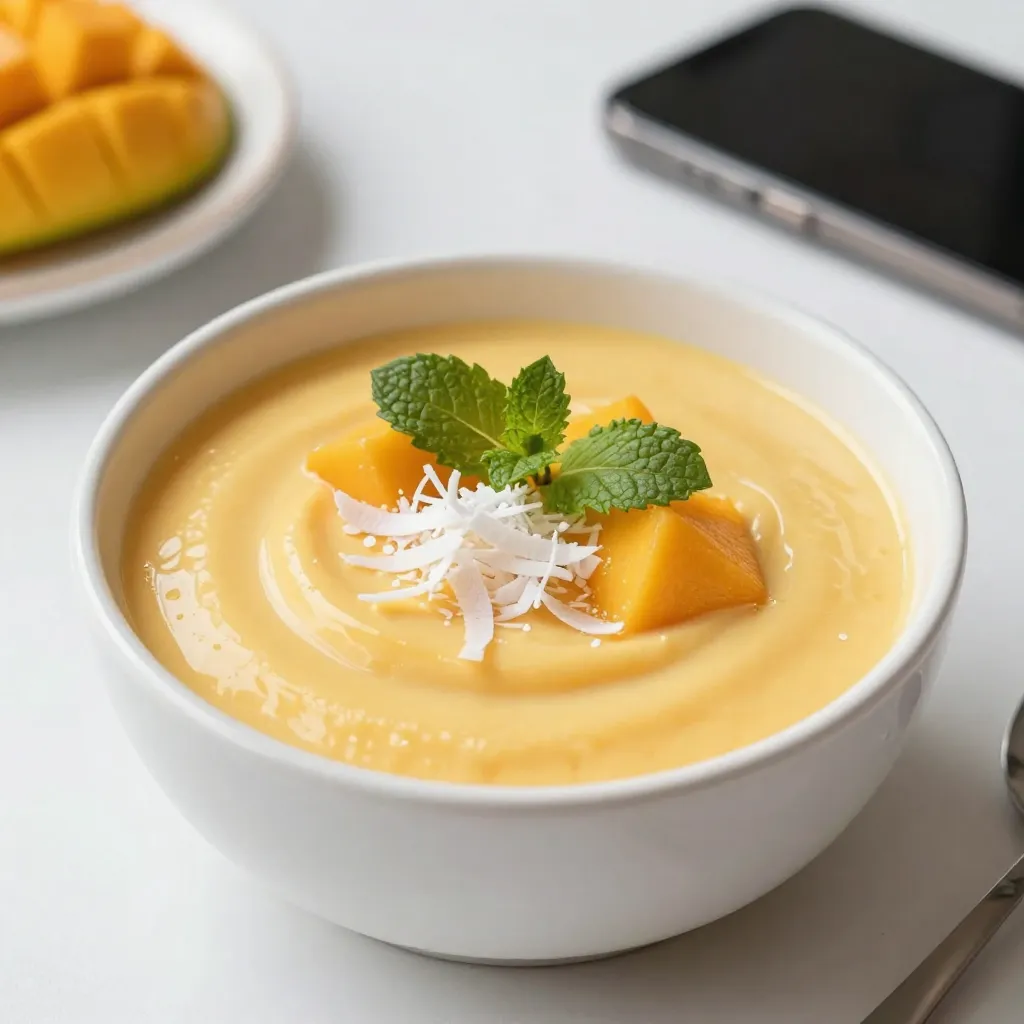 To make the creamy coconut mango pudding, gather these simple ingredients: - 1 ripe mango, diced into small pieces - 1 can (400 ml) full-fat coconut milk - 1/4 cup chia seeds - 1/4 cup maple syrup (or honey for a different sweetness) - 1 teaspoon pure vanilla extract - A pinch of sea salt - Shredded coconut and fresh mint leaves for garnish When measuring ingredients, accuracy helps achieve the best results. Here’s how to measure: - Mango: Use a ripe mango. Cut it into small pieces for easy blending. - Coconut Milk: A full can is 400 ml. Use the whole can for creaminess. - Chia Seeds: Measure 1/4 cup. These seeds will help thicken your pudding. - Maple Syrup: Use 1/4 cup. This adds sweetness and flavor. - Vanilla Extract: Just 1 teaspoon brings a lovely aroma. - Sea Salt: A pinch balances the sweetness. If you want to switch out the maple syrup, here are some options: - Honey: This adds a floral sweetness. Use the same amount as maple syrup. - Agave Nectar: A great vegan choice. Use it in equal amounts. - Stevia: A low-calorie sweetener. Use sparingly, as it is much sweeter than sugar. These alternatives can help you tailor the pudding to your taste. Enjoy your creamy coconut mango pudding! {{ingredient_image_2}} First, gather all your ingredients. You need one ripe mango, coconut milk, chia seeds, maple syrup, vanilla extract, and a bit of sea salt. Dice the mango into small pieces. This helps it blend well later. Next, take a powerful blender. Add the diced mango, coconut milk, maple syrup, vanilla extract, and a pinch of sea salt. Blend on high speed until the mix is smooth and creamy. It should look like a bright, sunny smoothie. Make sure the mango is well mixed in. Now, grab a separate bowl and measure out the chia seeds. After blending, pour the smooth mango mix over the chia seeds. Stir it vigorously. This ensures each seed gets coated. Let this sit for about 10 minutes at room temperature. This is key for thickening. Stir again to break up any clumps. Cover the bowl with plastic wrap or a lid. Place it in the fridge for at least two hours. This chilling time helps the pudding set perfectly. When ready, remove the bowl from the fridge. Give it a gentle stir to lighten the texture before serving. To get the creamiest texture, start with full-fat coconut milk. This milk adds rich flavor and a smooth feel. Blend it well with the mango. Use a powerful blender for a silky mix. After blending, let the mixture sit for ten minutes. This allows the chia seeds to soak up moisture. It helps to create a thick and creamy pudding. Stir again to break up clumps. Then chill the pudding for at least two hours. This cold time helps the pudding set perfectly. Serve this pudding in small cups or bowls. It looks great in clear dishes. You can layer it with extra diced mango for a colorful look. Drizzle some coconut milk on top for a lovely touch. Pair it with a light salad or fresh fruit. It makes for a delightful dessert after a meal. This pudding is also a perfect treat for warm days. Garnish your pudding to make it pop! Use shredded coconut for a tropical feel. Fresh mint leaves add color and a burst of flavor. You can also add a slice of mango on top. For a fun twist, try using edible flowers. They make your dessert look fancy and inviting. A sprinkle of nuts can add a nice crunch too. Get creative with your garnishing to impress your guests! Pro Tips Choose Ripe Mangoes: Ensure your mangoes are perfectly ripe for the sweetest flavor and smoothest texture. Look for fruit that gives slightly when you press it gently. Chia Seed Soaking: For an even creamier texture, soak chia seeds in coconut milk for 30 minutes before adding them to the mango mixture, allowing them to absorb some liquid. Adjust Sweetness: Taste your pudding mixture before refrigerating. Depending on the ripeness of the mango, you may want to adjust the sweetness by adding more maple syrup or honey. Presentation Matters: For a beautiful presentation, serve the pudding in clear glasses or jars, and layer with extra mango and coconut on top for a stunning visual effect. {{image_4}} If you want a dairy-free treat, this recipe shines. The full-fat coconut milk already makes it creamy. You can use almond milk or cashew milk for a lighter touch. These options give you a different flavor while keeping it rich. Just remember, the texture may change slightly. You can mix in other fruits for fun flavors. Try adding pineapple or passion fruit to the base. These fruits pair well with mango and coconut. They add a sweet and tart twist. You can also use bananas for a smooth texture. Blend them with the mango for a creamy pudding. For chocolate lovers, this pudding can turn into a chocolate dream. Add cocoa powder to the base blend. Start with 2 tablespoons and adjust to taste. The chocolate will mix beautifully with the mango. It creates a rich and decadent dessert. You can still follow the other steps just the same. Enjoy this fun twist on a classic! To store your creamy coconut mango pudding, place it in an airtight container. This keeps the pudding fresh and prevents it from absorbing other odors. You can also cover the bowl with plastic wrap. Make sure the wrap touches the pudding to avoid a skin forming on top. When stored properly, this pudding lasts up to five days in the fridge. I recommend enjoying it within three days for the best flavor and texture. After that, the chia seeds may become too soft, and the pudding may lose its creaminess. You can freeze the pudding if you want to keep it longer. Pour it into freezer-safe containers, leaving some space for expansion. It can last up to three months in the freezer. To enjoy, thaw it overnight in the fridge. Give it a good stir before serving to restore its creamy texture. Yes, you can use fresh mango. Fresh mango gives a bright flavor. Make sure it is ripe and sweet. Dice it into small pieces before blending. This will help it blend smoothly. You will enjoy the freshness in every bite. The pudding is ready when it thickens. After chilling for at least 2 hours, check the texture. It should be creamy and hold its shape. You can stir it gently to see if it feels thick. If it looks too runny, let it chill longer. If you do not have chia seeds, use flaxseeds. Ground flaxseeds work well in this recipe. They will help thicken the pudding just like chia seeds. You could also use gelatin for a different texture. Just follow the package instructions for best results. You now have all the tools to make delicious coconut mango pudding. We covered key ingredients, step-by-step instructions, and great tips for the best texture. You learned about variations and storage tips to keep your pudding fresh. Remember, you can always play with flavors and get creative! Enjoy making this easy treat that tastes amazing. With practice, you will master it and impress your friends and family. Happy cooking!
