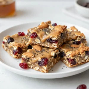 To make these tasty energy bars, you need some key ingredients: - 1 cup almonds, finely chopped - 1 cup dried cranberries, roughly chopped - 1 cup rolled oats - 1/2 cup almond butter - 1/2 cup honey or pure maple syrup - 1/4 cup chia seeds - 1/4 teaspoon sea salt - 1 teaspoon pure vanilla extract These ingredients work together to create a chewy and satisfying snack. The almonds give a nice crunch, while the cranberries add a fruity sweetness. Rolled oats provide fiber, and chia seeds pack in extra nutrients. You can make these bars even better with a few optional add-ins: - 1/4 cup dark chocolate chips Adding chocolate chips can make them more indulgent. They melt slightly during baking, giving a sweet surprise in each bite. Each bar offers a healthy boost. Here’s a quick look at the nutrition per serving (1 bar): - Calories: ~180 - Protein: ~5g - Fiber: ~3g - Sugars: ~8g - Healthy fats: ~10g These energy bars are not only tasty but also fill you up. They provide energy without heavy sugars, making them a great snack for any time of day. {{ingredient_image_2}} First, preheat your oven to 350°F (175°C). This step is key for even baking. Next, line an 8x8 inch baking dish with parchment paper. Make sure the paper hangs over the sides. This will help you lift the bars out later. In a big bowl, combine your dry ingredients. Add 1 cup of finely chopped almonds, 1 cup of roughly chopped dried cranberries, and 1 cup of rolled oats. Then mix in 1/4 cup of chia seeds and 1/4 teaspoon of sea salt. Stir well until everything is blended evenly. In a small saucepan, add 1/2 cup of almond butter and 1/2 cup of honey or maple syrup. Heat it on low and stir until it becomes smooth. Once it blends well, take it off the heat. Now, stir in 1 teaspoon of pure vanilla extract for flavor. Carefully pour the warm nut butter mixture over your dry ingredients. Use a spatula to mix everything together. Ensure all oats and nuts are coated well with the almond butter mixture. This step makes for tasty bars. Now, transfer the mixture into your prepared baking dish. Use a spatula or your hands to press it down firmly. Make sure it is packed evenly. A good press helps the bars hold their shape. Place your dish in the preheated oven. Bake for 15-20 minutes. Watch for the edges to turn golden brown. Once baked, remove the dish and let it cool for at least 30 minutes. This cooling time is crucial for the bars to set properly. To make the best almond cranberry energy bars, follow these tips: - Use fresh ingredients: Fresh nuts and dried fruits enhance flavor and texture. - Chop evenly: Chop nuts and cranberries into similar sizes for even mixing. - Heat nut butter slowly: This helps it blend well with honey or syrup. - Don’t skip the cooling step: Letting the bars cool properly helps them set. Store your energy bars in an airtight container. This keeps them fresh. You can also: - Refrigerate: This helps maintain firmness and flavor. - Freeze: Wrap bars in plastic wrap and place them in a freezer bag. They last longer this way. Make your energy bars appealing! Here are some ideas: - Use a bright plate: A colorful plate makes bars look fun. - Drizzle chocolate: Melt dark chocolate and drizzle over the top. It adds a delicious touch. - Cut into fun shapes: Use cookie cutters to create fun shapes for kids. - Serve with fruit: Pair with fresh fruit for a healthy snack spread. Pro Tips Chill Before Cutting: For cleaner cuts, refrigerate the bars for an hour after baking before slicing them into pieces. Customize Your Mix-ins: Feel free to swap out almonds and cranberries for other nuts and dried fruits based on your preferences! Use Fresh Ingredients: Ensure your dried cranberries and nuts are fresh to enhance the flavor and texture of the bars. Storage Tips: To maintain freshness, store the bars in an airtight container in the fridge for up to two weeks. {{image_4}} You can easily change the flavor of your Almond Cranberry Energy Bars. Try adding spices like cinnamon or nutmeg for warmth. If you want a nutty twist, swap almonds for walnuts or pecans. You can also mix in seeds like pumpkin or sunflower for added crunch. Want a sweeter touch? Add some cocoa powder or a scoop of protein powder. Each change will bring a new taste to your bars. Texture is key in energy bars. Use crunchy peanut butter instead of almond butter for a different feel. You can also try mixing in some crispy rice cereal. This will give your bars a fun crunch. If you prefer less sweetness, use less honey or maple syrup. You can even use stevia or agave syrup. Experimenting with these options can lead to your perfect bite! These energy bars can fit many diets. For a vegan option, replace honey with agave syrup. You can also use almond butter that is vegan-friendly. If you need a gluten-free snack, make sure your oats are certified gluten-free. You can easily adjust the recipe to fit your needs. Enjoy a tasty snack that suits your diet! To keep your Almond Cranberry Energy Bars fresh, store them in an airtight container. This helps avoid moisture and keeps them from drying out. You can layer the bars with parchment paper to prevent sticking. Always label the container with the date to track freshness. You can store your energy bars in the fridge for a week. Refrigeration helps maintain their texture and flavor. If you want to keep them longer, freezing is a great option. Wrap each bar in plastic wrap, then place them in a freezer-safe bag. This way, they can last up to three months. When stored properly, these energy bars can last about a week in the fridge. In the freezer, they can stay good for three months. Always check for signs of spoilage, like a change in smell or texture, before enjoying them after storage. Yes, you can use other nut butters. Peanut butter works well and adds a rich flavor. Cashew butter is another great option, providing a creamy texture. Sunflower seed butter is perfect too for a nut-free version. Each will change the taste a bit, but they all work in this recipe. These energy bars can last for up to one week in the fridge. Make sure to store them in an airtight container. If you want them to last longer, you can freeze them. They can stay fresh in the freezer for up to three months. Just thaw them in the fridge before eating. Absolutely! You can swap honey or maple syrup with agave nectar or brown rice syrup. These alternatives will still bind the bars together and add sweetness. If you're looking for a lower sugar option, try using mashed bananas or unsweetened applesauce. Just keep in mind that the bars may change in texture. Almonds are high in healthy fats and protein. They can help keep you full longer. They also have vitamin E, which is great for your skin. Cranberries are rich in antioxidants and can support your immune system. Together, they make these energy bars not just tasty, but also a nutritious snack option. You learned how to make delicious Almond Cranberry Energy Bars. We covered their main ingredients, step-by-step instructions, and helpful tips. You can try fun variations and choose the best storage methods. These bars are tasty, healthy, and easy to customize. They can fit many diets and last a long time. Now, you can enjoy a quick snack that fuels your day and satisfies your cravings. Getting creative in the kitchen with these energy bars is simple and fun!