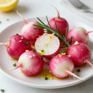 The ingredients for Herb Garlic Roasted Radishes are simple and fresh. Here is what you need: - Radishes (1 bunch, about 1 pound, washed and trimmed) - Olive oil (3 tablespoons) - Garlic (4 cloves, finely minced) - Herbs (1 teaspoon fresh rosemary, finely chopped; 1 teaspoon fresh thyme, finely chopped) - Seasoning (sea salt and freshly cracked black pepper, to taste) - Lemon zest (from 1 large lemon) Each ingredient plays a role. Radishes offer a crisp texture and a mild flavor. Olive oil adds richness and helps with roasting. Garlic gives a warm, savory taste. Rosemary and thyme bring earthiness. Sea salt and pepper enhance all flavors. Finally, lemon zest adds brightness. This combination creates a dish that is both tasty and easy to prepare. {{ingredient_image_2}} First, you need to preheat your oven. Set it to 425°F (220°C). This heat helps the radishes roast evenly and get that nice golden color. Next, take 1 pound of radishes. Wash them thoroughly and trim the tops and tails. This step is key. Clean radishes cook better and taste fresher. In a large bowl, combine the radishes with 3 tablespoons of olive oil. Add 4 cloves of minced garlic, 1 teaspoon of chopped rosemary, and 1 teaspoon of chopped thyme. Sprinkle in sea salt and black pepper to your taste. Mix well until each radish is coated. Spread the radishes out on a large baking sheet. Make sure they are in a single layer. This allows them to roast evenly. If they are too crowded, they won't caramelize as well. Now, place the baking sheet in your preheated oven. Roast the radishes for about 25-30 minutes. Halfway through, stir them gently to ensure even cooking. The goal is for them to become tender and golden brown. When the radishes are done, take them out of the oven. Toss them with the zest of one large lemon. This adds a bright flavor that complements the dish. Taste your radishes. Adjust the seasoning if needed, then serve them warm. Enjoy this simple and delicious treat! Choose firm radishes that feel heavy for their size. Look for bright colors without blemishes. Fresh radishes should have green tops. Check the skin for smoothness; rough skin means age. Roasting radishes at 425°F (220°C) gives them a crispy outside and soft inside. Spread them out on a baking sheet. Avoid crowding; this allows hot air to circulate. Stir halfway to ensure even cooking. Feel free to tweak seasonings to your taste. Add more garlic for a stronger flavor. If you love heat, sprinkle in some red pepper flakes. A splash of balsamic vinegar can add depth, too. Serve radishes in a decorative bowl for visual appeal. Garnish with fresh herb sprigs for color. Drizzle a bit of olive oil on top for shine. A sprinkle of lemon zest also adds brightness. Pro Tips Choose Fresh Radishes: Look for radishes that are firm and vibrant in color, as this indicates freshness and better flavor. Experiment with Herbs: Feel free to mix and match different herbs like parsley or dill to customize the flavor profile to your liking. Adjust Roasting Time: Depending on the size of your radishes, you may need to adjust the roasting time for perfect tenderness. Enhance with Balsamic Glaze: Drizzle a balsamic reduction over the roasted radishes just before serving for an extra layer of flavor. {{image_4}} You can change the herbs in this recipe. Try using parsley or dill instead of rosemary and thyme. Each herb adds its own taste. You can even use a mix of your favorite herbs. Fresh herbs work best, but dried ones are okay too. Just use less if you choose dried. Want to spice things up? Add a pinch of cayenne pepper or red pepper flakes. This will give your radishes a nice heat. You can also add smoked paprika for a smoky flavor. Just sprinkle a little before roasting. These spices boost the taste without changing the dish too much. You can mix radishes with other veggies. Carrots and potatoes roast well with radishes. Just cut them in similar sizes. Broccoli or cauliflower also work. They will add color and taste to your dish. Feel free to experiment and make it your own! Store the leftover roasted radishes in an airtight container. They will stay fresh for three to five days in the fridge. Make sure they cool down before sealing them. This will help keep them from getting soggy. To reheat, place the radishes on a baking sheet. Preheat your oven to 350°F (175°C). Heat them for about 10 to 15 minutes until warm. This method keeps them crispy and tasty. You can also microwave them for 1-2 minutes, but they might lose some crunch. You can freeze roasted radishes, but they change in texture. To freeze, let them cool completely. Then, place them in a freezer bag, removing as much air as possible. They will last for up to three months in the freezer. When ready to eat, thaw them in the fridge overnight before reheating. Roasted radishes last about 3 to 5 days in the fridge. Store them in an airtight container. Make sure they cool down first. This keeps them fresh and tasty for you. Yes, you can use baby radishes! They will roast well and taste great. Their smaller size means they may cook faster. Keep an eye on them while roasting. Radishes are low in calories and high in fiber. They can help with digestion and may boost your immune system. They also have antioxidants, which are good for your body. Eating radishes may support healthy skin too. Yes, you can substitute olive oil with other oils. Good options include avocado oil or canola oil. Each oil has its own flavor, so choose one that you like. Just remember to use the same amount as the recipe states. Roasting radishes is simple and tasty. We covered the ingredients you need, like olive oil and garlic. I walked you through steps to roast them perfectly, from preheating the oven to serving. Plus, I shared tips for picking fresh radishes and ways to spice things up. If you store them right, you can enjoy them later. Experiment with flavors or different veggies for variety. Roasted radishes can brighten any meal. You’re now ready to impress your friends and family with this fun dish!