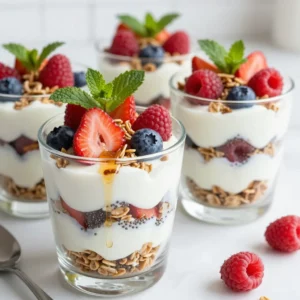 - 2 cups of Greek yogurt (plain or vanilla) - 1 cup of your favorite granola (homemade or store-bought) - 1 cup of fresh mixed berries (strawberries, blueberries, raspberries) - 1/2 cup of pure maple syrup - 1 tablespoon of chia seeds - 1 teaspoon of high-quality vanilla extract - Fresh mint leaves for garnish When I make Maple Granola Yogurt Parfaits, I start with Greek yogurt. You can use plain yogurt for a tangy taste or vanilla yogurt for extra sweetness. Greek yogurt adds a lovely creaminess. Next, I choose my favorite granola. You can buy granola or make it at home. I love using homemade granola because I can control the ingredients. It adds a nice crunch and flavor. Fresh mixed berries bring color and taste. I recommend using strawberries, blueberries, or raspberries. You can even mix them up! They provide natural sweetness and lots of nutrients. Pure maple syrup is a must. It gives a rich, sweet flavor. I use it to drizzle over the top and mix into the yogurt. Chia seeds are optional, but I love adding them. They give a nice texture and add healthy benefits. A bit of vanilla extract makes everything taste better. It enhances the flavors in the yogurt. Finally, fresh mint leaves are great for garnish. They add a pop of color and a fresh taste. These ingredients come together to create a delicious and easy treat! {{ingredient_image_2}} First, grab a mixing bowl. Add 2 cups of Greek yogurt. You can use plain yogurt for a tangy taste or vanilla for sweetness. Pour in 1/4 cup of pure maple syrup. Add 1 tablespoon of chia seeds for texture. Then, add 1 teaspoon of vanilla extract. Mix it all together until it's smooth and creamy. This step is key because it makes your parfait rich and tasty. Now, it’s time to layer your parfaits. Start by taking your serving glasses or bowls. Spoon in about one-third of the yogurt mixture at the bottom. Next, sprinkle a layer of your favorite granola on top. Then, add a layer of fresh mixed berries. You can use strawberries, blueberries, or raspberries. Make sure they are spread out evenly. Repeat this layering: yogurt, granola, and berries, until your glass is full. Aim for three layers, finishing with a beautiful layer of berries on top. To make your parfait extra special, drizzle the remaining maple syrup over the top layer of berries. Let it pool a bit for a nice look. If you want, add fresh mint leaves as a garnish. This gives your parfait a pop of color and freshness. Your Maple Granola Yogurt Parfaits are now ready to enjoy! Choosing the right yogurt is key for your parfait. Greek yogurt works well because it’s thick and creamy. You can use plain yogurt for a tangy taste or vanilla for extra sweetness. Balancing sweetness with maple syrup is important too. Start with a half-cup of pure maple syrup. This adds a rich, sweet flavor. Taste your yogurt mix before serving. Adjust the syrup to fit your preference. Presentation matters when serving your parfaits. Use clear glasses to show off the colorful layers. This makes your dish look appealing and fun. To enhance your brunch settings, think about décor. Use a bright tablecloth to create a cheerful vibe. Add a small vase with fresh berries or mint leaves to the table. This brings an inviting touch to your gathering. If you want to switch things up, there are alternatives for yogurt, granola, and berries. - For yogurt, consider dairy-free options like coconut yogurt. - If you need a granola swap, try nuts or seeds for crunch. - For berries, use whatever is in season or your favorite fruits. Apples and bananas can also work well. Pro Tips Choose Your Yogurt Wisely: Opt for plain Greek yogurt for a tangy contrast to the sweetness of maple syrup, or use vanilla yogurt for a richer dessert-like flavor. Layering Technique: Make sure to layer the parfaits carefully to create beautiful visual appeal—alternate yogurt, granola, and berries for an attractive display. Make it Your Own: Feel free to customize the parfaits with your favorite fruits, nuts, or seeds to suit your taste and dietary preferences. Presentation Matters: Use clear glasses or jars to showcase the colorful layers and consider garnishing with fresh mint leaves for an elegant touch. {{image_4}} You can switch up the flavors by using different fruits. Berries are a classic choice, but don't stop there! Try ripe peaches, plums, or even apples for a fun twist. Seasonal fruits add freshness and color. Tropical fruits are another great option. Add pineapple, mango, or kiwi for a sunny vibe. These fruits bring a juicy sweetness that pairs well with yogurt and granola. Experiment and find your favorite mix! If you follow a vegan diet, use plant-based yogurt. Coconut, almond, or soy yogurt work great. Look for granola without honey to keep it vegan. For those who need gluten-free options, choose certified gluten-free granola. Many brands offer tasty varieties that fit your needs. You can also make your own granola at home using oats and nuts. Spice up your parfaits by adding cinnamon or nutmeg. Just a sprinkle can give your dish warmth and depth. These spices complement the maple syrup nicely. You can also try flavored yogurts. Vanilla is a classic, but berry or coconut flavors can add a unique twist. Play around with different combinations to discover new favorites! To keep your parfaits fresh, place them in an airtight container. This helps prevent drying out. You can store them in the fridge for up to three days. If you use fresh berries, they may spoil faster. Always check for freshness before enjoying leftovers. You can make each part of this recipe ahead of time. Prepare the yogurt mixture and granola a day before. Store these in separate containers in the fridge. When it's time to serve, layer the yogurt, granola, and berries in glasses. This keeps the granola crunchy and the berries fresh. Can you freeze parfaits? I don't recommend freezing the whole parfait. The yogurt and berries can change texture. Instead, you can freeze the yogurt and granola separately. To maintain quality, seal them in freezer-safe bags. Thaw them in the fridge overnight before assembling. Maple Granola Yogurt Parfaits stay fresh in the fridge for about three days. To keep them at their best, cover them with plastic wrap or a lid. Avoid adding berries or granola until you eat them. This keeps them crunchy and fresh. Yes, you can use frozen berries for your parfaits. They work well, but the texture might change. Frozen berries are soft when thawed. I recommend letting them sit at room temperature for a bit before using. This helps them taste great and look nice. If you don’t have maple syrup, you can use honey or agave nectar. Both add sweetness and flavor. You might also try brown sugar mixed with water for a syrup-like texture. Just remember that each option has a unique taste. In this blog post, I shared how to create delicious Maple Granola Yogurt Parfaits. We discussed key ingredients, easy preparation steps, and fun variations to try. Remember to experiment with flavors and fruits that you love. Make parfaits in clear glasses for a beautiful presentation, and don’t forget to enjoy them fresh. With this guide, you can assemble tasty parfaits for any occasion. Enjoy your healthy treats and impress your friends!
