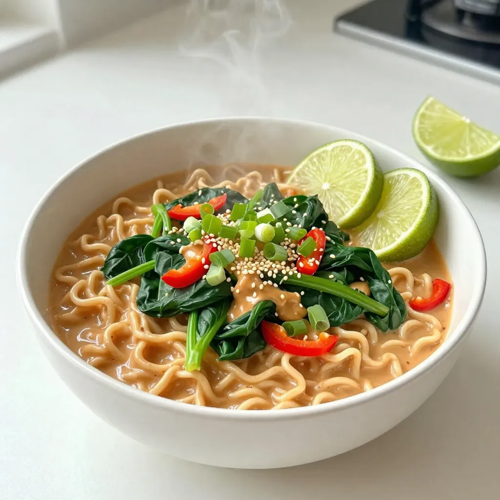 To make Spicy Peanut Ramen, gather these ingredients: - 200g ramen noodles - 2 tablespoons creamy peanut butter - 1 tablespoon toasted sesame oil - 2 cups vegetable broth (homemade or store-bought) - 1 tablespoon low-sodium soy sauce - 1 tablespoon sriracha (adjust to your spice preference) - 1 teaspoon freshly grated ginger - 2 cloves garlic, finely minced - 1 red bell pepper, thinly sliced into strips - 1 cup baby spinach, rinsed - 2 green onions, finely chopped - Toasted sesame seeds for garnish - Lime wedges for serving You can swap out some items if needed: - Use any noodles instead of ramen. - Almond or cashew butter works in place of peanut butter. - Any cooking oil can replace sesame oil. - Use chicken or beef broth if you prefer. - For a gluten-free option, use tamari instead of soy sauce. - You can also use chili paste instead of sriracha for heat. This dish is not just tasty; it is nutritious too. Each serving offers: - Calories: Approximately 450 - Protein: 15g - Carbohydrates: 60g - Fat: 18g - Fiber: 6g - Vitamin A: 70% of your daily needs - Iron: 15% of your daily needs Enjoying Spicy Peanut Ramen means you get a meal full of flavor and nutrients. {{ingredient_image_2}} First, grab a pot and fill it with water. Bring the water to a boil. Add the ramen noodles. Cook them according to the package directions until they are al dente. This usually takes about 3 to 4 minutes. Once done, drain the noodles in a colander. Place them in a bowl and set aside. Next, take a medium saucepan and heat 2 tablespoons of toasted sesame oil over medium heat. When the oil is warm, add 2 cloves of minced garlic and 1 teaspoon of freshly grated ginger. Sauté these for about 1 minute. You want to smell that great aroma. Be careful not to burn them, or the flavor will turn bitter. Now, it’s time to make the spicy peanut sauce. Toss in 1 thinly sliced red bell pepper and cook for another 2 to 3 minutes. The peppers should be tender, but still bright and colorful. Pour in 2 cups of vegetable broth, 1 tablespoon of low-sodium soy sauce, and 1 tablespoon of sriracha. Add 2 tablespoons of creamy peanut butter next. Stir everything until the peanut butter dissolves into a smooth sauce. Let it simmer for about 2 to 3 minutes. This allows all the flavors to mix well. It’s almost time to eat! Gently fold the cooked ramen noodles and 1 cup of rinsed baby spinach into the saucepan. Toss everything together, making sure the noodles are well-coated in the spicy peanut sauce. The spinach should wilt down a bit. Once combined, remove the saucepan from the heat. Serve the ramen hot in bowls. Top each bowl with chopped green onions and a sprinkle of toasted sesame seeds. Don’t forget to add lime wedges on the side for a fresh burst of flavor! To get the best noodles, start with a pot of boiling water. Add the ramen noodles and cook until they are al dente. This usually takes about three to four minutes. Don't overcook them! Drain the noodles and rinse them quickly under cold water. This stops the cooking and keeps them firm. Toss them with a little sesame oil to keep them from sticking. If you want to change the spice level, add less sriracha for a milder dish. You can also add more if you like it hot! Another tip is to serve lime wedges on the side. A squeeze of lime can balance the heat. You can also add sliced jalapeños for extra kick. To make your ramen look great, use deep bowls. Place the noodles in the center. Arrange the red bell pepper and spinach on top. Sprinkle chopped green onions and toasted sesame seeds for color. Add lime wedges on the side for a pop of freshness. This makes your meal look as good as it tastes! Pro Tips Use Fresh Ingredients: Fresh vegetables and herbs will enhance the flavors of your ramen and provide a vibrant color contrast. Adjust the Spice Level: Feel free to add more or less sriracha according to your heat preference. You can also use chili flakes for a different flavor profile. Perfectly Cooked Noodles: Make sure to cook the ramen noodles just until al dente, as they will continue to soften when combined with the sauce. Garnish for Flavor: Don't skip the toasted sesame seeds and lime wedges; they add both texture and a fresh burst of flavor to your dish. {{image_4}} You can easily make this dish vegan and gluten-free. For the broth, choose a vegetable broth without gluten. You can use tamari instead of soy sauce for a gluten-free option. Instead of peanut butter, try sunflower seed butter for a nut-free version. This keeps the creamy texture and flavor while making it safe for everyone. Adding proteins makes your ramen heartier. For chicken, use cooked, shredded meat. Just stir it in when you add the noodles. If you prefer tofu, use firm tofu cut into cubes. Sauté the tofu until golden brown before adding it to the sauce. This adds flavor and a nice texture. Feel free to mix up the veggies! You can use broccoli, snap peas, or carrots for added crunch. Mushrooms add a nice umami flavor. You can also toss in some kale or bok choy for extra nutrients. Just remember to adjust the cooking time so they stay crisp and fresh. To store leftovers, let your Spicy Peanut Ramen cool. Place it in a sealed container. Keep the container in the fridge. Your ramen will stay fresh for up to three days. Make sure to separate any toppings, like green onions and lime wedges. This helps keep everything fresh. When you’re ready to eat, take the ramen out of the fridge. Pour it into a pot. Add a splash of vegetable broth or water to help with moisture. Heat it on medium-low, stirring often. This keeps the noodles from sticking together. You can also use the microwave. Heat it in short bursts, stirring in between, until it’s hot. To freeze your Spicy Peanut Ramen, first cool it completely. Place it in an airtight container or freezer bag. It can last up to three months in the freezer. To reheat, let it thaw overnight in the fridge. Then, follow the reheating instructions above. Enjoy your meal prep! If you need a substitute for peanut butter, try almond butter or sunflower seed butter. Both options work well in this recipe. They give a similar creamy texture and taste. You can also use tahini, which is made from sesame seeds. It adds a nutty flavor, too. Yes, you can make this dish in advance. Cook the ramen and store it separately from the sauce and veggies. This keeps the noodles from getting mushy. Store each part in airtight containers in the fridge. When you’re ready to eat, heat the sauce and mix it with the noodles and veggies. The spice level of Spicy Peanut Ramen can be adjusted. The sriracha adds heat, but you can use more or less depending on your taste. If you prefer mild flavors, use a small amount of sriracha or leave it out. You can always add hot sauce to your bowl later if you want more spice. This blog post covers all you need to make Spicy Peanut Ramen. We looked at key ingredients and how to swap them out. I shared clear steps to cook the dish and gave tips for perfecting noodles and spice levels. You learned about tasty variations, how to store leftovers, and answered common questions. Now, you can enjoy this fun recipe that fits your taste. With these details, I hope you feel ready to create your own delicious bowl. Enjoy every bite!