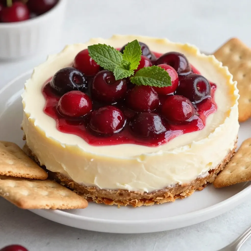 - 8 oz cream cheese (softened) - 1 cup powdered sugar (sifted) - 1 tsp pure vanilla extract - 1 cup whipped topping (e.g., Cool Whip) - 1 cup cherry pie filling - Graham crackers or vanilla wafers for dipping - Optional garnishes: fresh cherries, mint leaves To make Cherry Cheesecake Dip, you need a few simple ingredients. Start with 8 ounces of softened cream cheese. This gives your dip a rich base. Next, grab 1 cup of powdered sugar, sifted for smoothness. This adds sweetness without lumps. You will also need 1 teaspoon of pure vanilla extract. It enhances the flavor and adds warmth. For that fluffy texture, use 1 cup of whipped topping like Cool Whip. The whipped topping makes your dip light and airy. Don’t forget the star of the show: 1 cup of cherry pie filling. You can use homemade or store-bought. It adds a fruity burst. Lastly, gather graham crackers or vanilla wafers for dipping. They make every bite fun! If you want to dress it up, use fresh cherries and mint leaves as optional garnishes. These add a pop of color and freshness. Enjoy making this easy and delicious dessert! {{ingredient_image_2}} - Step 1: Beat cream cheese to smooth consistency In a medium bowl, take 8 ounces of softened cream cheese. Use an electric mixer. Beat it for about 2-3 minutes until it is creamy and smooth. - Step 2: Incorporate powdered sugar Gradually add 1 cup of sifted powdered sugar to the bowl. Start mixing on low speed. Once combined, increase to medium speed. Mix until the mixture is light and fluffy, which takes about 2 more minutes. - Step 3: Add vanilla extract and mix Pour in 1 teaspoon of pure vanilla extract. Mix until fully blended. Scrape the bowl's sides to make sure everything combines well. - Step 4: Gently fold in whipped topping Take 1 cup of whipped topping, like Cool Whip. Use a spatula to fold it into the cream cheese mixture. Be gentle to keep it airy and light. - Step 5: Transfer to serving dish Use the spatula to transfer the fluffy dip into your serving dish. Spread it evenly across the bottom for a nice look. - Step 6: Add cherry pie filling Take 1 cup of cherry pie filling and pour it over the cream cheese layer. Spread it gently to cover the dip fully. - Step 7: Create marbled effect (optional) For a fun touch, take a knife and swirl it through the cherry filling. This creates a beautiful marbled look with the cream cheese dip. - Step 8: Refrigerate before serving Cover the dish with plastic wrap. Place it in the fridge for about 30 minutes. This helps the flavors mix and makes the dip a bit firmer. Now, your Cherry Cheesecake Dip is ready to enjoy with graham crackers or vanilla wafers! To get the best texture in your dip, start with softened cream cheese. Cold cream cheese is hard to blend. Let it sit out for about 30 minutes before mixing. This will help it whip up smooth and creamy. When you add the whipped topping, be gentle. Use a spatula to fold it in slowly. If you mix too fast, it can lose air and become flat. You want it light and fluffy for that perfect dip. Want to boost the flavor? Add a pinch of salt to balance the sweetness. You can also try almond extract for a nutty twist. A bit of lemon juice adds a nice zing as well. For the cherry pie filling, homemade is best if you have time. It tastes fresh and bright. If you're short on time, choose a quality store-bought brand. Just make sure it has real fruit for the best taste. Pro Tips Use Room Temperature Cream Cheese: This helps achieve a smooth and creamy texture, making the dip easier to mix and blend. Sift the Powdered Sugar: Sifting the sugar before adding it to the mixture ensures a lump-free and silky smooth dip. Chill Before Serving: Refrigerating the dip for at least 30 minutes allows the flavors to meld and the texture to firm up, enhancing the overall taste. Customize Your Toppings: Feel free to add crushed nuts, chocolate chips, or additional fruit on top for extra flavor and texture variations. {{image_4}} You can switch things up with different flavors. Try a chocolate cherry cheesecake dip. Just add cocoa powder to the cream cheese mix. This adds a rich chocolate flavor that pairs well with the cherries. Another great option is the strawberry cheesecake dip. Simply swap the cherry pie filling for strawberry. You can also add fresh strawberries for a bright twist. Both flavors offer a fun take on the classic dip. If you need to change things, there are easy swaps. You can use mascarpone cheese instead of cream cheese. It gives a creamy texture and a different taste. You can also try Greek yogurt for a lighter option. It still tastes great and adds some protein. For whipped topping, you might choose heavy cream. Just whip it until you see soft peaks. This keeps it light and fluffy. Coconut whipped cream is another fun swap for a dairy-free option. It adds a nice coconut flavor that can complement the cherries. To keep your Cherry Cheesecake Dip fresh, store it in an airtight container. This helps keep the flavors rich and the dip creamy. You can refrigerate leftovers for up to 3 days. Just make sure to check for any changes in texture or smell before serving again. If it looks good, it should taste great! You can freeze Cherry Cheesecake Dip for later. To do this, place the dip in a freezer-safe container. Try to remove as much air as possible. It will stay good for up to 2 months. When you are ready to eat it, let it thaw in the fridge overnight. After thawing, stir it gently to restore its creamy texture. Enjoy your dip without losing any of that delicious flavor! How long does Cherry Cheesecake Dip last? Cherry Cheesecake Dip lasts about 3-5 days in the fridge. Keep it covered well. This dip tastes best fresh, but it can hold up in storage. Can I make this dip ahead of time? Yes, you can make this dip a day before. Just cover it and chill in the fridge. This gives the flavors time to mix together nicely. What can I serve with Cherry Cheesecake Dip? Serve this dip with graham crackers or vanilla wafers. You can also use fresh fruit like apple slices or strawberries for dipping. How do I make this dip vegan or dairy-free? To make this dip vegan, use dairy-free cream cheese and whipped topping. You can also use maple syrup instead of powdered sugar for sweetness. Can I use fresh cherries instead of cherry pie filling? Yes, you can use fresh cherries! Just chop them up and mix them with a bit of sugar. This adds a nice, fresh taste to your dip. This blog post covered all you need to make Cherry Cheesecake Dip. You learned about key ingredients and step-by-step instructions to create a delicious treat. I shared tips for a smooth texture and flavor boosts. You can also explore fun variations and storage tips. This dip is easy and fun for any occasion. With practice, you will impress friends and family. Enjoy making your Cherry Cheesecake Dip and feel free to get creative!