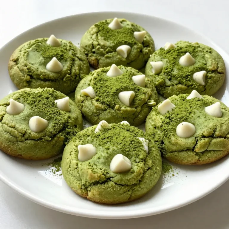 - 1 cup all-purpose flour - 2 tablespoons premium matcha green tea powder - 1/2 teaspoon baking powder - 1/4 teaspoon fine sea salt - 1/2 cup unsalted butter, softened to room temperature - 1/2 cup granulated sugar - 1/4 cup packed brown sugar - 1 large egg, at room temperature - 1 teaspoon pure vanilla extract - 1 cup white chocolate chips, or chopped white chocolate These ingredients create a soft and chewy cookie. The matcha powder gives a vibrant green color. It also adds a unique flavor that pairs well with sweet white chocolate. I love using high-quality matcha for the best taste. The all-purpose flour provides structure. The baking powder helps the cookies rise. Adding sea salt brings balance to the sweetness. For sweetness, I use both granulated and brown sugar. Brown sugar adds moisture and a hint of caramel flavor. The unsalted butter should be soft for easy mixing. Using a room temperature egg helps blend the ingredients smoothly. Pure vanilla extract enhances the overall flavor. Finally, the white chocolate chips melt slightly, creating delightful pockets of sweetness. Gathering these ingredients makes the cookie-making process simple and fun. You can easily find them at any grocery store. Let’s get ready to bake these delicious cookies! {{ingredient_image_2}} Start by preheating your oven to 350°F (175°C). This step warms the oven for even baking. While the oven heats, line a baking sheet with parchment paper. This helps the cookies not stick when baking. Next, take a medium bowl. In it, whisk together 1 cup of all-purpose flour, 2 tablespoons of matcha powder, 1/2 teaspoon of baking powder, and 1/4 teaspoon of fine sea salt. Mixing these dry ingredients well ensures even flavor in every bite. In a large bowl, add 1/2 cup of softened unsalted butter, 1/2 cup of granulated sugar, and 1/4 cup of packed brown sugar. Use an electric mixer on medium speed. Cream these together for 2-3 minutes until the mix turns light and fluffy. This step helps dissolve the sugars well. Now, add 1 large egg and 1 teaspoon of pure vanilla extract to the butter mix. Beat these together until you have a smooth, creamy mix. This creates a rich base for your cookies. Gradually add the dry ingredient mix into the wet mix. Use a spatula to fold everything together gently. Do not overmix. The dough should be just combined to keep your cookies soft and tender. Time to fold in the fun! Take 1 cup of white chocolate chips and gently mix them into the dough. Make sure they are evenly spread throughout. Each bite should have a sweet chocolate surprise. Using a spoon or cookie scoop, drop tablespoon-sized portions of dough onto the prepared baking sheet. Leave about 2 inches between each scoop. This space allows the cookies to spread as they bake. Once the cookies bake for 10-12 minutes, they will turn light golden brown at the edges. The centers may look soft. Let them rest on the baking sheet for about 5 minutes. This helps them set before moving them to a wire rack to cool completely. To make sure your cookies come out soft and chewy, follow these tips: - Measure ingredients accurately. Use a scale for precision. - Use room temperature ingredients. This helps them blend well. - Mix the dough gently. Overmixing can make cookies tough. - Chill the dough for 30 minutes. This helps them hold shape. Quality matters when baking. Here’s why: - Choose premium matcha. Look for vibrant green powder. It has more flavor and nutrients. - Select good white chocolate. Look for brands with real cocoa butter. This leads to rich taste. - Fresh ingredients make a difference. Use fresh butter and eggs for best results. Avoid these common mistakes to ensure your cookies are a hit: - Don’t overmix the dough. Stop mixing as soon as the flour disappears. - Underbake slightly. Cookies will firm up as they cool. Bake until edges are light brown. - Space cookies properly on the sheet. Keep about 2 inches apart to allow spreading. Pro Tips Use Sifted Matcha: Sifting the matcha powder before adding it to the dry ingredients helps to avoid clumps and ensures a smooth texture in your cookies. Chill the Dough: For chewier cookies, consider chilling the dough for 30 minutes before baking. This allows the flavors to deepen and the cookies to hold their shape better. Fresh Ingredients: Using fresh white chocolate and high-quality matcha will significantly enhance the flavor of your cookies, making them taste more vibrant and delicious. Don't Overbake: Keep an eye on your cookies as they bake; removing them when the edges are golden but the centers are still soft ensures they remain chewy and moist. {{image_4}} You can change the flavors of your Matcha White Chocolate Cookies easily. Try adding nuts like walnuts or macadamia nuts. Chopped nuts give a nice crunch. Dried fruits like cranberries or apricots can add sweetness. You can also mix in spices like cinnamon or ginger for a warm twist. These additions make each cookie unique and fun. If you want to use different sweeteners, there are great options. You can try coconut sugar or honey instead of granulated sugar. Maple syrup also works well. Just remember that these sweeteners can change the texture. You may need to adjust the flour to get the right dough consistency. Experiment to find your favorite mix! To make gluten-free Matcha White Chocolate Cookies, switch the flour. Use a gluten-free all-purpose blend instead. Make sure it contains xanthan gum for the best texture. You should also check your matcha and chocolate chips. Some brands may contain gluten. With these changes, you can still enjoy soft and delicious cookies! To keep your Matcha White Chocolate Cookies fresh, store them in an airtight container. This method prevents moisture from making them soft. Line the container with parchment paper to avoid sticking. Place a piece of bread inside to keep them soft longer. This simple trick works wonders! Freezing your cookies is easy. Start by letting them cool completely. Then, place them in a single layer on a baking sheet. Freeze them for about an hour. Once frozen, transfer them to a freezer bag. Remove as much air as possible before sealing. You can enjoy them later by baking straight from the freezer. Just add a couple of extra minutes to the baking time. At room temperature, these cookies last about a week. If you store them in the fridge, they can stay fresh for up to two weeks. Just remember to keep them sealed. This will help maintain their soft texture and great taste! Matcha is a type of green tea made from finely ground leaves. It’s rich in antioxidants and boosts energy. Matcha also helps improve focus and relax the mind. Using matcha in cookies gives them a unique taste and vibrant green color. It adds a gentle sweetness and a hint of earthiness that pairs well with white chocolate. Yes, you can! If you want a richer flavor, use dark chocolate chips. They add depth and a slight bitterness. Milk chocolate offers a sweeter option and pairs nicely with the matcha. You can also mix different chocolates for a fun twist. Experimenting with chocolate types can make your cookies even more exciting. Look for a light golden edge on the cookies. The centers should still look soft but not wet. You can also check by gently pressing the tops; they should spring back. Let them cool on the baking sheet for a few minutes. This helps them set perfectly while keeping them soft. Absolutely! You can prepare the cookie dough in advance and store it in the fridge. Wrap it tightly in plastic wrap or place it in an airtight container. The dough should last for up to three days. When you’re ready to bake, scoop and bake straight from the fridge. This gives you fresh cookies with minimal effort. If your butter is too hard, try cutting it into small cubes. Spread them out on a plate and let them sit for about 10 minutes. You can also microwave it for a few seconds. Just be careful not to melt it! Another method is to grate the cold butter using a cheese grater. This softens it quickly and evenly for mixing. You’ve explored how to make delicious Matcha White Chocolate Cookies. We covered ingredients, step-by-step baking instructions, and tips for success. Using good matcha and chocolate is key for the best flavor. Remember, there are fun ways to customize the cookies. Proper storage helps keep them fresh and tasty. With these tips, you can create amazing cookies that impress everyone. Enjoy your baking journey and the tasty results!