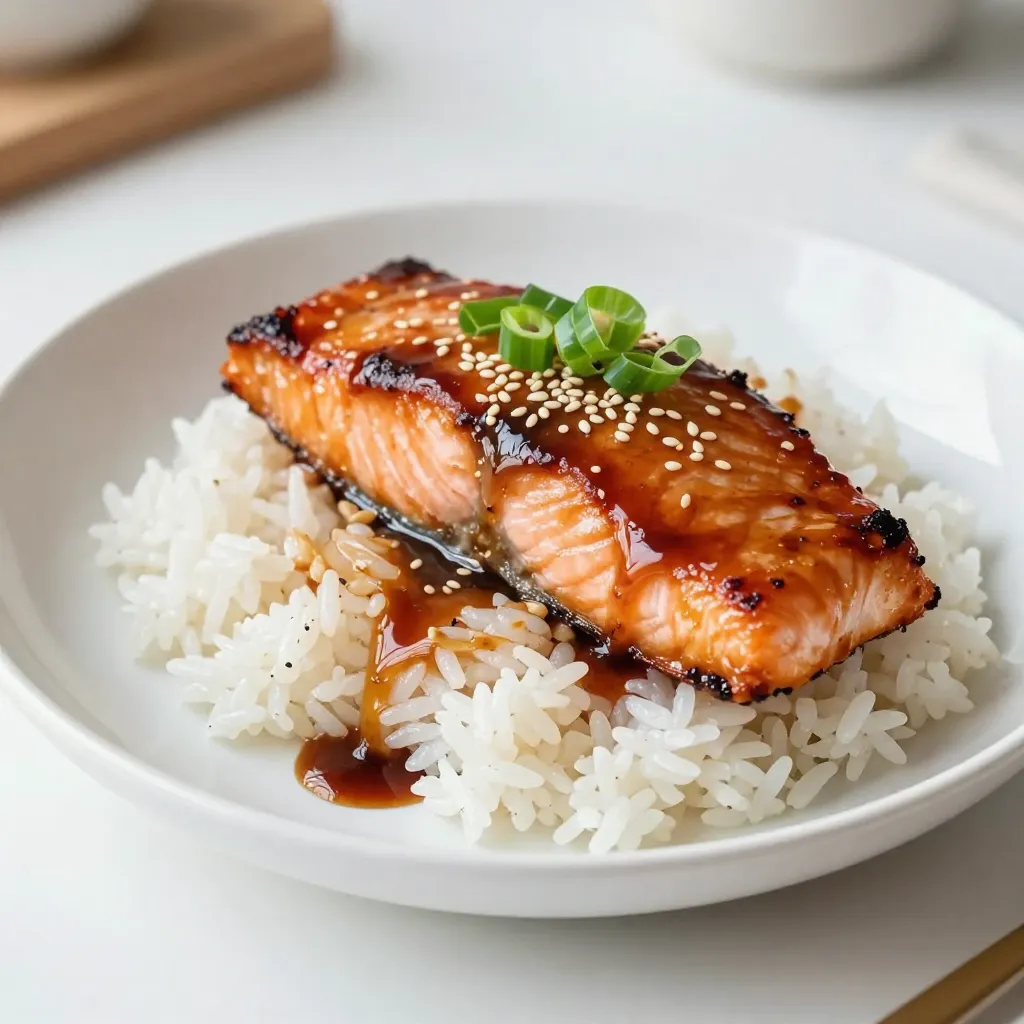 - 4 salmon fillets (6 oz each) - 1/4 cup low-sodium soy sauce - 2 tablespoons honey - 1 tablespoon rice vinegar - 1 tablespoon sesame oil - 2 garlic cloves, minced - 1 teaspoon fresh ginger, finely grated - 1 tablespoon cornstarch mixed with 2 tablespoons water (cornstarch slurry) - 1 tablespoon sesame seeds, toasted - 2 green onions, finely chopped - Cooked rice for serving When preparing teriyaki glazed salmon, use fresh ingredients for the best taste. The salmon fillets should be about 6 ounces each. Low-sodium soy sauce adds flavor without too much salt. Honey gives a natural sweetness. Rice vinegar adds a nice tang. Sesame oil brings warmth and aroma. Minced garlic and grated ginger enhance the dish’s depth. The cornstarch slurry thickens your glaze, making it sticky and perfect for salmon. To finish, toasted sesame seeds and chopped green onions add crunch and color. Serve over cooked rice, which soaks up the extra glaze. Preparation takes about 10 minutes, and cooking takes about 10 minutes, making a total of 20 minutes. This recipe serves four people. Enjoy this delicious dish with friends or family! {{ingredient_image_2}} 1. In a small saucepan, combine: - 1/4 cup low-sodium soy sauce - 2 tablespoons honey - 1 tablespoon rice vinegar - 1 tablespoon sesame oil - 2 minced garlic cloves - 1 teaspoon finely grated ginger 2. Heat this mix over medium heat. Whisk gently to blend all the flavors. 3. When it simmers, let it cook for 2-3 minutes. This helps the flavors mix well. 4. Gradually stir in 1 tablespoon of cornstarch mixed with 2 tablespoons of water. 5. Whisk continuously until the sauce thickens. It should be syrupy. 6. Remove from heat and let it cool for a bit. 1. Preheat your grill or grill pan to medium-high heat. This helps get a good sear. 2. Prepare 4 salmon fillets, each about 6 oz. 3. Generously brush the cooled teriyaki glaze on each salmon fillet. Reserve some glaze for later. 4. Place the salmon fillets skin-side down on the grill. 5. Grill for 4-5 minutes. Then, gently flip the fillets. 6. Continue grilling for another 3-4 minutes. The salmon is done when it turns opaque and flakes easily. 1. During the last minute of grilling, brush on a little more glaze. This adds flavor and shine. 2. Once cooked, remove the salmon from the grill. 3. Sprinkle with toasted sesame seeds and finely chopped green onions. This adds crunch and freshness. 4. Serve the teriyaki glazed salmon over fluffy cooked rice. Drizzle extra glaze on top for a tasty finish. Simmering the glaze is key. It helps all the flavors mix well together. When you simmer, the heat draws out the tastes. You want a rich, full flavor. If you find the glaze too sweet, add a splash of soy sauce. For a sweeter taste, stir in a bit more honey. Taste it often. This way, you can adjust until it’s just right. To get those great grill marks, make sure your grill is hot. Preheat your grill to medium-high heat. Place the salmon skin-side down first. Press gently to make good contact with the grill. This helps it sear nicely. Salmon can cook fast, so watch it closely. You want it to be opaque and flake easily with a fork. If you overcook it, it can dry out. Pair your teriyaki glazed salmon with rice. White, brown, or jasmine rice works well. The rice soaks up the glaze and adds flavor. You can also add some fresh veggies on the side. Steamed broccoli or sautéed bok choy complement the salmon perfectly. They add color and nutrition to your meal. Pro Tips Marinate for Extra Flavor: Allow the salmon to marinate in the teriyaki glaze for at least 30 minutes before grilling. This enhances the flavors and ensures a deliciously rich taste. Perfect Grill Temperature: Preheat your grill to medium-high heat. This ensures a nice sear on the salmon while keeping it moist and tender inside. Use Fresh Ingredients: Whenever possible, use fresh garlic and ginger. They provide a more vibrant flavor compared to dried alternatives, elevating your teriyaki glaze. Garnish for Visual Appeal: Don't skip the sesame seeds and green onions! They add both crunch and a pop of color, making your dish visually appealing as well as delicious. {{image_4}} You can swap salmon for chicken or tofu. Use skinless chicken breasts or firm tofu. For chicken, cook for about 6-7 minutes per side. For tofu, grill for 4-5 minutes per side. Adjust the grilling time based on thickness. This way, you still enjoy that tasty teriyaki flavor. Add some spices or herbs for extra flavor. Try garlic powder, red pepper flakes, or black pepper. Fresh herbs like cilantro or basil can brighten up the dish. You can also grill some veggies alongside the salmon. Bell peppers, zucchini, or broccoli work well. They add color and nutrition to your meal. You can bake the salmon in the oven. Preheat your oven to 400°F (200°C). Place the salmon on a baking sheet lined with parchment paper. Bake for 12-15 minutes. Keep an eye on the salmon; it should be opaque and flake easily. If you prefer stovetop cooking, pan-sear the salmon. Heat a non-stick skillet over medium-high heat. Add a bit of sesame oil before placing the salmon in the pan. Cook for about 4-5 minutes per side. This method gives you a nice crust and keeps the fish juicy. To store leftover salmon, place it in an airtight container. Make sure it cools down first. You can also wrap it tightly in plastic wrap. This keeps the fish fresh. In the fridge, teriyaki glazed salmon lasts for 3 to 4 days. Freezing teriyaki glazed salmon is simple. First, wrap each fillet in plastic wrap. Then, place them in a freezer bag or container. Make sure to squeeze out any air. This helps prevent freezer burn. Salmon can stay frozen for up to 3 months. When you're ready to eat, thaw it in the fridge overnight. To reheat, place it in the oven at 350°F until warmed through. You can get creative with leftover salmon! Try flaking it into salads for a tasty boost. It also works great in sandwiches. Add it to a soft roll with greens and a bit of mayo. You can also make salmon tacos with fresh veggies and a squeeze of lime. These ideas keep your meals fresh and exciting! It takes about 10 minutes to cook teriyaki glazed salmon on a medium-high grill. First, preheat the grill for about 5 minutes. Then, grill the salmon for 4-5 minutes on one side. Flip it and cook for another 3-4 minutes. It’s done when the salmon flakes easily with a fork. Yes, you can use regular soy sauce instead of low-sodium. However, the dish may taste saltier. Low-sodium soy sauce gives a better balance. You can also try tamari for a gluten-free option. Each type of soy sauce will add its own unique flavor. Many sides pair well with teriyaki glazed salmon. Here are some favorites: - Steamed broccoli - Stir-fried vegetables - Sesame green beans - Coconut rice - Cucumber salad These sides add color and nutrition to your meal. Yes, you can make the teriyaki glaze ahead of time. Store it in an airtight container in the fridge. It will stay fresh for about a week. When you are ready to use it, just warm it up. This article covers the delicious process of making teriyaki glazed salmon. You learned about the key ingredients, step-by-step instructions, and helpful tips. We also explored variations and storage info for leftovers. Teriyaki salmon is not only tasty but also versatile and easy to make. Try it out and enjoy! You can tweak the recipe to fit your taste. Happy cooking!