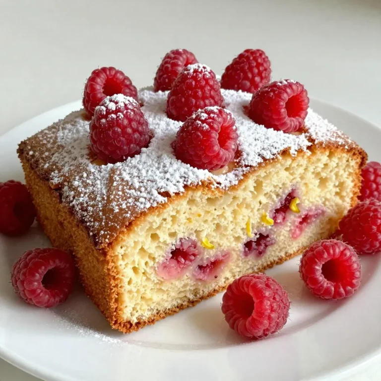 To make a delicious lemon raspberry pound cake, you need a few simple ingredients. Here’s what you will need: - 1 cup unsalted butter, softened - 2 cups granulated sugar - 4 large eggs - 3 cups all-purpose flour - 1 teaspoon baking powder - 1/2 teaspoon salt - 1 cup whole milk - 2 tablespoons lemon zest - 1/4 cup lemon juice - 1 cup fresh raspberries - 1 teaspoon vanilla extract - Optional garnish: powdered sugar, mint, extra raspberries Each ingredient plays an important role. The butter gives richness, while the sugar adds sweetness. Eggs help bind everything together and make the cake fluffy. Flour provides structure, and baking powder helps it rise. The salt brings out the flavors. Whole milk adds moisture, and lemon zest and juice infuse a bright, tangy taste. Fresh raspberries add a burst of flavor and color. For a lovely finish, you can garnish the cake with powdered sugar, mint, and extra raspberries. This not only looks nice but also enhances the flavor. You can find everything you need at your local grocery store. Enjoy the process and get ready for a tasty treat! {{ingredient_image_2}} Start by preheating your oven to 350°F (175°C). Grab a 9x5 inch loaf pan. Grease it well with soft butter. After that, dust it with flour. This helps the cake come out easily. As an option, you can line the bottom with parchment paper. This makes it even easier to remove the cake later. In a large bowl, take your softened butter and granulated sugar. Use a hand mixer or stand mixer. Beat them together on medium speed. You want this mixture to be light and fluffy. This process usually takes about 3 to 5 minutes. It’s key for a soft cake. Now, add your large eggs to the bowl one at a time. Beat well after each egg. This helps create a smooth mix. Next, mix in the lemon zest and pure vanilla extract. Make sure these flavors spread evenly throughout the batter. Using room temperature eggs helps with this step. In a separate bowl, whisk together the all-purpose flour, baking powder, and salt. Whisking helps to combine these dry items well. It also adds air, which makes the cake lighter. Make sure there are no lumps in the dry mix. Now it’s time to mix the wet and dry items. Gradually add the dry mix to the wet mix. Alternate this with the warmed whole milk. Start and end with the dry ingredients. Mix gently to combine everything. Be careful not to overmix, as this can make the cake dense. After that, you can fold in the freshly squeezed lemon juice and raspberries. Use a spatula to do this gently. The goal is to keep the raspberries whole. If you mash them too much, you lose their shape and texture. Pour the batter into your prepared loaf pan. Smooth the top with a spatula. Place the pan in your preheated oven. Bake for 60 to 70 minutes. You’ll know it’s done when a toothpick comes out clean or with a few moist crumbs. After baking, let the cake cool in the pan for about 10 minutes. Carefully transfer it to a wire rack to cool completely. To keep your lemon raspberry pound cake moist, avoid overmixing the batter. Overmixing can lead to a tough cake. Also, don’t skip the eggs or the milk. They add moisture that helps the cake stay soft. Finally, always measure your ingredients carefully. Too much flour can dry out the cake. Consider adding a splash of almond extract for a rich flavor. You can also mix in a little lime zest for a fun twist. If you want a sweeter touch, a hint of coconut extract can elevate the cake's taste. Experimenting with these flavors can make your cake unique and exciting. For a beautiful finish, dust the top with powdered sugar. Add fresh raspberries around the cake for color and charm. A sprig of mint can add a touch of green that makes it pop. Presentation matters, so take time to arrange your garnishes neatly. Pro Tips Room Temperature Ingredients: Ensure your eggs and butter are at room temperature before mixing. This helps create a smoother batter and a lighter cake. Gentle Mixing: When combining the wet and dry ingredients, mix gently to avoid overdeveloping the gluten, which can make the cake dense. Raspberry Care: When folding in the raspberries, use a spatula and fold gently to keep them intact and avoid turning the batter pink. Cooling Time: Allow the cake to cool in the pan for a short time before transferring to a wire rack. This helps the cake set properly and makes it easier to remove without breaking. {{image_4}} You can easily make this cake gluten-free. Use a gluten-free flour blend instead of all-purpose flour. Look for blends that have xanthan gum. This gum helps to hold the cake together. Make sure to check the blend's instructions, as some may need extra liquid. While raspberries shine in this cake, you can swap them out. Try blueberries or blackberries for a new twist. You can also mix in citrus like orange or lime zest. These fruits add fresh flavors and keep the cake bright and tasty. If you want smaller portions, use mini loaf pans. Fill them about two-thirds full with batter. Bake these mini cakes for 25-30 minutes. Check them with a toothpick to see if they are done. These smaller cakes are perfect for sharing or gifting. Store your leftover cake in an airtight container. This helps keep it moist. You can also wrap it tightly in plastic wrap. Place the cake in a cool, dry spot. If you have a large piece, cut it into slices. This makes it easier to store and serve. To freeze your lemon raspberry pound cake, wrap it well. Use plastic wrap first, then aluminum foil. This helps prevent freezer burn. Label the package with the date. To thaw, place the cake in the fridge overnight. You can also leave it at room temperature for a few hours. This keeps it soft and tasty. Your pound cake stays fresh for about 3 to 5 days at room temperature. If you store it in the fridge, it lasts about a week. However, freezing extends its life up to three months. Always check for any signs of spoilage before eating. Enjoy your treats while they are still at their best! Yes, you can use frozen raspberries in your pound cake. Here are some tips: - Thaw them first to avoid too much moisture in the batter. - Gently fold them in at the end, just like fresh berries. - Reduce baking time slightly, as frozen berries can cool the batter. Frozen raspberries can work well and still taste great! To check if your cake is done, look for these signs: - A golden top that feels firm to touch. - A toothpick inserted in the center comes out clean or with a few crumbs. - The sides of the cake should pull away from the pan. If you see these signs, your cake is ready to cool! A sinking cake can happen for a few reasons. Here are some common causes: - Overmixing the batter can add too much air. - Too much liquid can cause the center to sink. - Not baking long enough can lead to a collapse. Prevent this by mixing gently and checking your oven’s temperature. You’ve learned how to make a delicious lemon raspberry pound cake. We covered each ingredient, preparation step, and important tips. You now know how to make this cake moist and add your own twist. Remember, using fresh ingredients really boosts flavor. Enjoy baking, and share your tasty results! Your friends and family will love it.