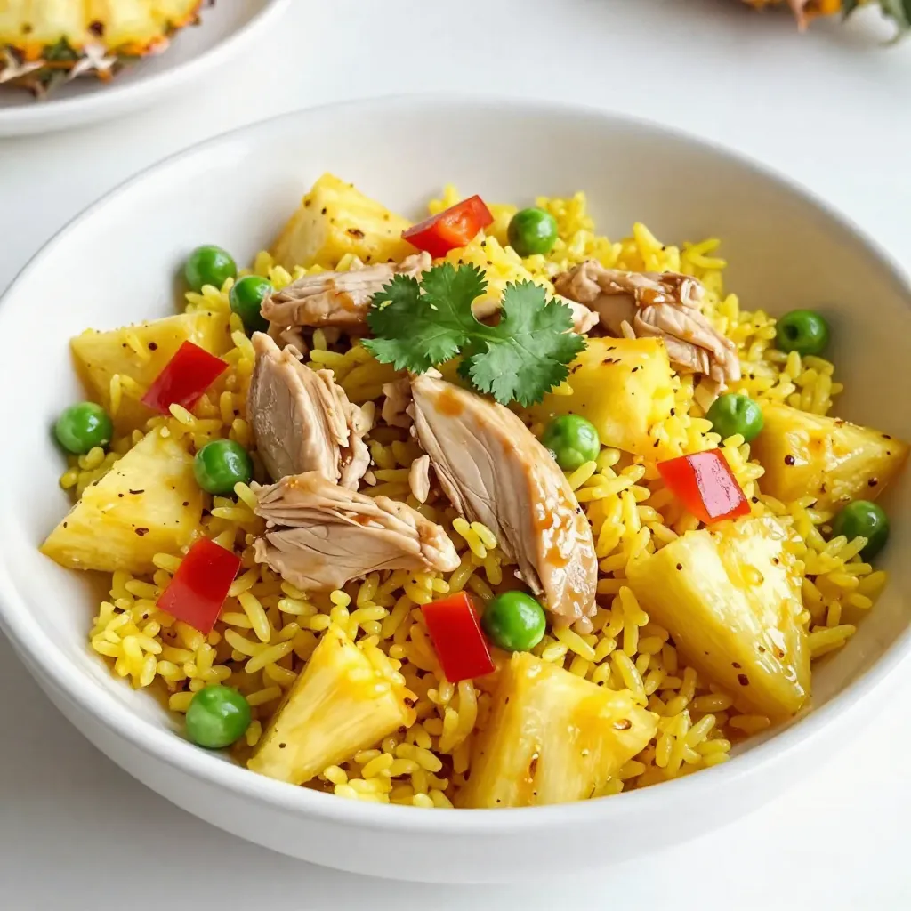 - 2 cups jasmine rice - 1 lb chicken breast, diced - 1 cup fresh pineapple, diced - 1 red bell pepper, diced - ½ cup green peas (fresh or frozen) - 3 green onions, sliced (green and white parts separated) - 3 cloves garlic, minced - 1 teaspoon fresh ginger, grated - 2 tablespoons soy sauce - 1 tablespoon coconut oil - ½ teaspoon turmeric powder - Salt and pepper to taste - Fresh cilantro, roughly chopped For this dish, I love using jasmine rice. It cooks up soft, fluffy, and fragrant. Chicken breast adds protein and keeps the meal light. Fresh pineapple brings a sweet twist, making every bite special. Next, I include colorful veggies. Red bell pepper gives crunch and a pop of color. Green peas add sweetness and a nice bite. Green onions add a fresh taste. Garlic and ginger bring warmth and depth. For seasonings, soy sauce provides umami, while coconut oil gives a tropical feel. Turmeric brightens the dish and adds warmth. Salt and pepper help enhance all the flavors. Fresh cilantro is the perfect garnish, adding color and a fresh lift. Gather these ingredients for a meal that’s easy to make and bursting with flavor! {{ingredient_image_2}} First, rinse the jasmine rice under cold water. Keep rinsing until the water runs clear. This step removes excess starch. Next, cook the rice according to the package instructions. Once cooked, fluff it gently with a fork. This helps keep the grains separate. Set the rice aside and keep it warm. Now, grab a large skillet or wok. Heat 1 tablespoon of coconut oil over medium heat. Once the oil is hot, add 3 cloves of minced garlic and 1 teaspoon of grated ginger. Sauté them for about 1 minute. You want them fragrant but not browned. This step adds a lovely depth of flavor. Next, add 1 pound of diced chicken breast to the skillet. Season it with salt and pepper. Cook the chicken until it is browned and fully cooked. This should take about 5 to 7 minutes. Stir occasionally to ensure even cooking. The chicken should be juicy and tender. Now it’s time to add some color. Stir in 1 diced red bell pepper, 1 cup of diced fresh pineapple, and ½ cup of green peas. Cook for an additional 3 to 4 minutes. Stir occasionally. The bell pepper should soften and the pineapple should caramelize a bit. Add the cooked jasmine rice to the skillet. Pour in 2 tablespoons of soy sauce and sprinkle ½ teaspoon of turmeric powder over everything. Mix it all together thoroughly. Heat it for about 2 to 3 minutes. Ensure the rice is evenly distributed and heated through. This brings all the flavors together. Finally, remove the skillet from heat. Fold in the sliced green onions, using both the white and green parts. This adds freshness and a pop of color. Now you are ready to serve your Tropical Pineapple Chicken Rice. Garnish with freshly chopped cilantro for an extra touch. Enjoy this vibrant dish that is sure to impress! To get the best rice, start with rinsing it. Rinse jasmine rice under cold water until the water runs clear. This removes excess starch. Less starch helps keep the rice fluffy. Once cooked, fluff the rice gently with a fork. This step breaks up clumps and makes the rice light. Avoid using a spoon, as it can mash the rice. You can adjust seasoning levels to suit your taste. Add more salt or soy sauce if you want a stronger flavor. A touch of honey can bring out the sweetness of the pineapple. Consider trying additional spices like chili flakes or cayenne pepper. These can add a nice heat to the dish. A pinch of garlic powder or onion powder can also enhance the overall taste. To cook chicken safely, ensure it reaches an internal temperature of 165°F. Use a meat thermometer for accuracy. This step prevents any chance of foodborne illness. For juicy chicken, let it rest for a few minutes after cooking. This allows the juices to redistribute, keeping the chicken moist. Avoid cutting it right away, as this can let the juices escape. Pro Tips Choose Ripe Pineapple: Using a ripe pineapple will enhance the sweetness and overall flavor of your dish, making it more tropical and delicious. Marinate the Chicken: For extra flavor, consider marinating the diced chicken in soy sauce and ginger for 30 minutes before cooking. Customize Vegetables: Feel free to add or substitute other vegetables like carrots or snap peas according to your preference or what's in season. Serve with Fresh Lime: A squeeze of fresh lime juice just before serving will add brightness and elevate the tropical flavors of the dish. {{image_4}} You can switch the chicken with shrimp or tofu. Each option offers unique benefits. - Shrimp: It cooks fast and adds a sweet, delicate taste. Shrimp also packs protein and nutrients. - Tofu: This is great for a plant-based dish. It absorbs flavors well and is rich in protein. Both shrimp and tofu can make this dish exciting and different, while keeping it healthy. If you have dietary needs, adapting this recipe is easy. - Gluten-Free: Use gluten-free soy sauce. Many brands offer this option, so check labels. - Vegan/Vegetarian: Replace chicken with tofu and use vegetable broth instead of soy sauce. This keeps the flavors rich without meat. These changes make the dish friendly for everyone. Using seasonal fruits and vegetables can enhance your dish. - Fruits: Try mango or papaya when pineapple is not in season. These fruits add sweetness and flavor. - Vegetables: In spring, add snap peas or asparagus for crunch. In fall, consider squash for a hearty touch. - Herbs: Fresh herbs like basil or mint can brighten the dish. They add fresh notes and color. Incorporating these ingredients keeps the meal fresh and exciting. For short-term storage, let your Tropical Pineapple Chicken Rice cool to room temperature. Place it in an airtight container. Store it in the fridge for up to three days. This keeps the dish fresh and tasty. When reheating, add a splash of water to prevent it from drying out. For long-term storage, you can freeze the dish. First, let it cool completely. Then, transfer the rice to freezer-safe bags. Squeeze out the air to avoid freezer burn. You can freeze it for up to three months. To reheat, thaw it overnight in the fridge. Heat it in the microwave or on the stove until hot. Add a bit of water to keep it moist. You can get creative with your leftovers. Here are some ideas: - Pineapple Chicken Stir-Fry: Sauté some extra veggies and toss in the rice. - Tropical Fried Rice: Add an egg and some soy sauce for a quick meal. - Wrap It Up: Use the rice as a filling in lettuce wraps or tortillas. These ideas make your meal stretch further while keeping it delicious! Yes, you can use brown rice. Brown rice has a nuttier flavor and more fiber. You will need to adjust the cooking time. Brown rice takes longer to cook, about 40-50 minutes, compared to jasmine rice. Make sure to add extra water to ensure it cooks well. If you do not have coconut oil, you can use olive oil or avocado oil. Olive oil has a fruity taste, while avocado oil is light and smooth. Each oil will change the flavor slightly. Choose based on what you enjoy most. This recipe can be gluten-free if you select the right soy sauce. Many soy sauces contain gluten. Look for gluten-free soy sauce made from rice. You can also use tamari as a good alternative. Always check the label to be sure it is gluten-free. This blog covers a delicious chicken and rice dish using jasmine rice, fresh pineapple, and vibrant veggies. You learned how to cook each component and combine them for full flavor. We also shared tips for getting the best texture and taste. Remember, you can tweak ingredients for your diet and enjoy leftovers creatively. These steps will guide you to make a tasty meal that fits your needs. Enjoy experimenting with flavors and making it your own!