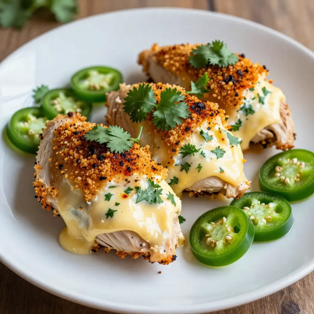 To make this tasty dish, gather these main items: - 4 boneless, skinless chicken breasts - 1 cup pepper jack cheese, finely shredded - 1/2 cup cream cheese, softened - 1/4 cup fresh cilantro, finely chopped - 1 tablespoon jalapeño, minced (adjust for spice) - 1 teaspoon garlic powder - 1 teaspoon onion powder - Salt and black pepper to taste - 2 tablespoons olive oil, divided - 1 teaspoon smoked paprika - 1 cup plain breadcrumbs You can make some fun changes to fit your taste: - Substitute pepper jack with cheddar or mozzarella for a milder flavor. - Add spinach or bell peppers to the cheese mix for extra veggies. - Use Greek yogurt instead of cream cheese for a lighter option. - Adjust the jalapeño amount to control the heat. Here are the tools you'll need: - A sharp knife for cutting chicken - A medium mixing bowl for the cheese filling - A shallow plate for the breadcrumb mixture - An oven-safe skillet for searing and baking - Toothpicks to secure chicken pockets, if needed - A meat thermometer to check chicken doneness {{ingredient_image_2}} To start, mix your filling. Grab a medium bowl. Add 1 cup of finely shredded pepper jack cheese. Next, include 1/2 cup of softened cream cheese. Toss in 1/4 cup of chopped cilantro and 1 tablespoon of minced jalapeño for a spicy kick. Add 1 teaspoon of garlic powder and 1 teaspoon of onion powder. Don't forget to sprinkle in some salt and black pepper. Stir well until the mixture is smooth and creamy. Now, take 4 boneless, skinless chicken breasts. Use a sharp knife to slice each breast horizontally. Make a pocket, but don't cut all the way through. This pocket will hold your filling. Fill each pocket generously with the creamy cheese mix. If the filling spills out, use toothpicks to close the opening. This keeps everything inside while cooking. In a shallow plate, combine 1 cup of plain breadcrumbs with 1 teaspoon of smoked paprika. Take 2 tablespoons of olive oil and lightly brush each stuffed chicken breast. Roll them in the breadcrumb mix until each piece is coated. Heat 1 tablespoon of olive oil in a large, oven-safe skillet over medium-high heat. Carefully add the chicken and sear for 3-4 minutes on each side until golden brown. Once you achieve a nice crust, move the skillet to a preheated oven at 375°F (190°C). Bake for 20-25 minutes. Check that the chicken is cooked when it reaches an internal temperature of 165°F (74°C). After baking, let it rest for a few minutes before slicing. This keeps the chicken juicy and flavorful. To stuff your chicken just right, start with a sharp knife. Cut a pocket in each chicken breast without slicing all the way through. This helps keep the filling inside. Make sure to pack the cheese mixture firmly. Use toothpicks to close the pocket if needed. This keeps the stuffing from spilling out as it cooks. For a crunchy crust, use plain breadcrumbs mixed with smoked paprika. This adds flavor and color. Brush the chicken with olive oil before rolling it in the breadcrumb mix. This helps the crumbs stick well. Sear the chicken in a hot skillet for about 3-4 minutes on each side. This step creates a nice golden-brown crust. After baking, let the chicken rest for a few minutes. This allows the juices to settle inside, making each bite juicy and tender. Slice the chicken carefully, and serve it on a bed of sautéed veggies or a fresh salad. For a pop of color, add more cilantro and jalapeño slices on top. This makes your dish look as good as it tastes! Pro Tips Choose the Right Chicken: Opt for organic or free-range chicken breasts for the best flavor and texture. Customize Your Heat: Adjust the amount of jalapeño in the filling based on your preference for spice. Don't Skip the Resting: Let the chicken rest after baking to lock in juices and enhance tenderness. Experiment with Fillings: Feel free to add other ingredients like spinach or sun-dried tomatoes to the cheese mixture for added flavor. {{image_4}} You can change the cheese to fit your taste. If you want more heat, try using habanero cheese. For a milder flavor, mozzarella or cheddar works well too. Mixing cheeses can also add depth. For example, blend pepper jack with gouda for a creamy twist. To make this dish low-carb, skip the breadcrumbs. Instead, you can coat the chicken in crushed pork rinds or almond flour. For gluten-free options, ensure your breadcrumbs are labeled gluten-free. This way, everyone can enjoy the meal without worry. Adding vegetables to the cheese mixture boosts flavor and nutrition. Spinach or kale adds a nice color and texture. Chopped bell peppers can give extra crunch and sweetness. You can even mix in some sautéed mushrooms for an earthy note. These additions make the dish more colorful and healthy. After cooking, allow the chicken to cool down. Place the stuffed chicken in an airtight container. It can stay fresh in the fridge for up to three days. If you want to keep it longer, consider freezing it. To freeze, wrap each stuffed chicken breast tightly in plastic wrap. Place the wrapped chicken in a freezer-safe bag or container. It will last for up to three months in the freezer. When ready to eat, thaw it overnight in the fridge before cooking. To reheat, use the oven for best results. Preheat the oven to 350°F (175°C). Place the chicken on a baking sheet and cover it with foil. Heat for about 20 minutes or until warmed through. You can also use a microwave, but this may make the chicken less crispy. Enjoy your flavorful meal! Yes, you can use other cheeses. Some good options include mozzarella, gouda, or cheddar. Each cheese adds a different flavor. If you want a milder taste, try mozzarella. For a sharper bite, go with cheddar. You can mix cheeses too! This way, you can create your own unique flavor. To check if the chicken is done, use a meat thermometer. The chicken should reach an internal temperature of 165°F (74°C). You can also look at the juices. If they run clear, the chicken is ready. Make sure to check the thickest part of the meat, not the stuffing. This ensures everything is safe to eat. Many sides go well with this dish. Here are some tasty options: - Steamed broccoli - Garlic mashed potatoes - Roasted vegetables - Fresh garden salad - Quinoa or rice These sides balance the spicy flavor of the chicken. They are easy to make and add color to your plate. Enjoy mixing and matching to find your favorite pairings! To sum up, we explored the key ingredients for your stuffed chicken, covering main and optional ingredients. I shared simple steps to prepare and cook this dish. You got tips for better stuffing and crispy crusts. I also introduced tasty variations and offered storage advice. Cooking stuffed chicken is fun and easy. With this guide, you’ll impress everyone at your table. Enjoy the process and share your tasty results!