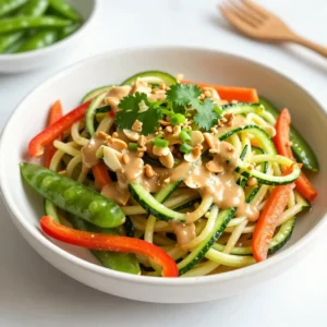 - 4 medium zucchinis, spiralized into zoodles - 1 red bell pepper, thinly sliced - 1 cup snap peas, trimmed and halved - 1 large carrot, cut into julienne strips - 1/4 cup creamy peanut butter - 2 tablespoons soy sauce (or gluten-free tamari) - 1 tablespoon sriracha (adjust for heat level) - 1 tablespoon rice vinegar - 2 teaspoons sesame oil - 1 tablespoon fresh ginger, finely minced - 2 cloves garlic, finely minced - 1/4 cup scallions, finely chopped - 1/4 cup fresh cilantro, roughly chopped - Crushed peanuts for garnish Gathering these ingredients is simple. You can find zucchinis and bell peppers at most grocery stores. The peanut butter should be creamy for a smooth sauce. If you want more heat, adjust the sriracha to your taste. Fresh ginger and garlic bring great flavor. I love using fresh herbs like cilantro and scallions as they add brightness. Crushed peanuts are a fun topping. They give a nice crunch to the dish. Make sure to prep all your veggies before you start cooking. This way, everything flows smoothly in the kitchen. Get ready to enjoy a tasty and quick meal that is packed with flavor! {{ingredient_image_2}} Start by heating sesame oil in a large skillet over medium heat. Once the oil shimmers, add minced ginger and garlic. Sauté them until they smell great, about 30 seconds. This step builds a strong flavor base for your dish. Next, add sliced red bell pepper, halved snap peas, and julienned carrot to the skillet. Stir-fry these colorful veggies for 3-4 minutes. You want them tender but still crisp. This gives your zoodles a nice texture and adds vibrant color. In a small bowl, combine creamy peanut butter, soy sauce, sriracha, and rice vinegar. Whisk the mixture until it is smooth. If it feels too thick, add a splash of warm water. The sauce should be creamy and easy to pour over the zoodles. Now it's time for the zoodles! Gently fold the spiralized zucchini into the skillet with the sautéed veggies. Drizzle the peanut sauce over everything. Toss them together carefully to coat well. Cook for an additional 2-3 minutes until the zoodles are warmed through but still have a slight crunch. Remove the skillet from heat. Stir in chopped scallions and cilantro. This fresh addition adds a burst of flavor and color to your dish. Serve the spicy zoodles while they are hot. Garnish each plate with crushed peanuts for extra crunch. Present them in shallow bowls for a lovely display. Enjoy your colorful and tasty meal! To enhance the flavor of your Spicy Peanut Zoodles, you can adjust the spice level. If you want more heat, add extra sriracha or a pinch of red pepper flakes. For a milder dish, reduce the sriracha. Adding lime juice can also bring a fresh zing. Fresh lime zest brightens the flavor, so consider a sprinkle. You can deepen the flavor with toasted sesame seeds. Just sprinkle them on top before serving. They add nice crunch and nutty notes. For a hint of sweetness, drizzle a bit of honey or maple syrup into the sauce. This balances the heat and adds a new layer of flavor. How you serve your Spicy Peanut Zoodles can make a big difference. Use shallow bowls to show off the colorful veggies. Arrange the zoodles in a neat pile for an eye-catching look. A small mound of crushed peanuts on top adds texture. Don't forget a few sprigs of cilantro for a pop of color. For extra flair, consider using a squeeze bottle to drizzle the peanut sauce. This creates a lovely pattern on the plate. You can also sprinkle sesame seeds over the dish for added visual appeal and flavor. Remember, we eat with our eyes first! To maintain the crunch in your zoodles, avoid overcooking them. When you add the zoodles to the skillet, cook just until heated through. This should take about 2-3 minutes. If they cook too long, they become mushy. Keep them firm for the best texture. A quick tip: If you find zoodles too watery, pat them dry with a paper towel before cooking. This helps them stay crunchy. Another option is to sauté them separately for a minute or two before combining them with the sauce. This ensures they stay crisp and delicious. Pro Tips Adjust the Spice Level: If you're not a fan of too much heat, start with a small amount of sriracha and gradually add more to suit your taste. Use Fresh Ingredients: Fresh ginger and garlic will enhance the flavor of the dish, so opt for fresh over pre-minced whenever possible. Customize Your Veggies: Feel free to add or substitute other vegetables like broccoli or bell peppers based on your preference or what's in season. Store Leftovers Properly: If you have leftovers, store the zoodles and sauce separately to prevent the zoodles from becoming soggy. {{image_4}} You can easily make this dish fit your needs. If you're gluten-free, swap soy sauce for tamari. For a vegan option, ensure your peanut butter is free of any animal products. If you want a nut-free dish, use sunflower seed butter instead of peanut butter. This way, everyone can enjoy the meal! Feel free to get creative with your veggies! You can add seasonal choices like bell peppers, broccoli, or even mushrooms. If you like greens, toss in some spinach or kale near the end of cooking. The more colors you add, the more fun and tasty your zoodles will be! Want to make this meal heartier? Add protein! Tofu is a great choice. Just cube it and sauté it with the veggies. If you eat meat, chicken or shrimp works well, too. Cook them until they are done, then mix them with the zoodles. This adds flavor and makes the dish more filling. To keep your zoodles fresh in the fridge, store them in an airtight container. Make sure to separate the zoodles from the veggies and sauce. This prevents sogginess. Zoodles can last for up to three days when stored this way. If you want to keep the flavors strong, add a slice of lemon in the container. This helps keep everything bright. Yes, you can freeze this dish! To do so, first allow the zoodles to cool. Place them in a freezer-safe bag or container. You can freeze the peanut sauce separately, too. Just make sure to leave some space in the container for expansion. The dish will stay fresh for up to three months in the freezer. When you’re ready to eat, thaw overnight in the fridge. Reheat your zoodles gently. Use a skillet over medium heat for the best results. Add a splash of water or broth to keep them moist. Heat for about five minutes, stirring often, until warmed through. Avoid the microwave if you can. It can make the zoodles mushy. With these tips, your spicy peanut zoodles will taste just as good as when you first made them! You can make zoodles using a few handy tools. A vegetable peeler works well. Simply peel thin strips from the zucchini. You can also use a box grater to create thin strands. Just be careful with your fingers! Another option is to slice the zucchini into thin rounds and then stack and cut them into strips. Each method gives you a fun texture. Yes, you can prepare the peanut sauce in advance. Mix the peanut butter, soy sauce, sriracha, and rice vinegar in a bowl. Store it in an airtight container in the fridge. It will last for a week. Just give it a good stir before using, as it may thicken. If needed, add a little warm water to loosen it up. If you have allergies to peanuts, there are great alternatives. Almond butter or sunflower seed butter can work well. Both have a similar texture and flavor. You can also try tahini, which is made from sesame seeds. Each option gives a unique twist to the sauce, so choose what you like best! In this post, we explored how to make spicy peanut zoodles. We covered the main ingredients, the steps to prepare them, and tips for enhancements. I shared helpful ideas for variations to fit your diet. Lastly, I provided storage information, so you can enjoy leftovers. With these simple steps, you can create a tasty and healthy meal. Enjoy making this dish and share it with friends!
