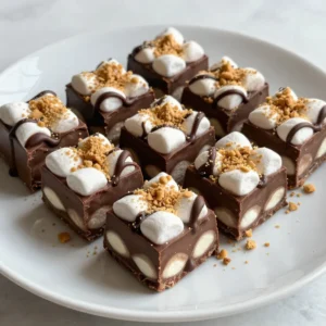 To make Chocolate Marshmallow Fudge, you will need: - 2 cups semi-sweet chocolate chips - 1 cup sweetened condensed milk - 1 cup mini marshmallows - ½ cup crushed graham crackers - 1 teaspoon vanilla extract - ¼ teaspoon salt You can add extra flavor and crunch with these: - ½ cup chopped nuts (such as walnuts or almonds) If you don't have something on hand, here are some swaps: - Use dark chocolate chips for a richer taste. - Try evaporated milk instead of sweetened condensed milk for a lighter fudge. - You can replace mini marshmallows with regular marshmallows, just cut them smaller. - Swap graham crackers with crushed cookies for a fun twist. {{ingredient_image_2}} - First, line an 8x8-inch baking dish with parchment paper. - Leave an overhang on two sides. This helps you lift the fudge later. - In a medium saucepan, mix the semi-sweet chocolate chips and sweetened condensed milk. - Place the saucepan on medium-low heat. Stir continuously with a spatula. - Wait until the chocolate chips melt and the mix looks smooth and glossy. - Remove the saucepan from heat. Stir in the vanilla extract and salt. - Fold in the mini marshmallows and crushed graham crackers. - If you want nuts, add them now. Mix gently until all is combined. - Pour the fudge mix into the lined baking dish. - Use a spatula to spread it evenly, filling all corners. - Chill in the fridge for at least 3 hours. It should feel firm when done. - Once set, lift the fudge out using the parchment paper. - Cut it into 16 squares or your preferred size. - Stir continuously while melting. This helps prevent burning and ensures a smooth mix. - Use mini marshmallows for the best texture. They blend well and give a nice bite. - Chill the fudge long enough to set; this helps it hold its shape. - For a lovely finish, sprinkle extra crushed graham crackers on top before serving. - Drizzling melted chocolate over the fudge adds flair and taste. When making chocolate marshmallow fudge, avoid these common mistakes: - Don’t rush the melting process. Heat the chocolate slowly. - Stir continuously while melting to prevent burning. - Make sure to fold in the marshmallows gently. This keeps them whole. - Don’t skip lining the baking dish. It helps with easy removal. - Allow the fudge to set fully in the fridge. This ensures the right texture. Serving your fudge can be fun and creative. Try these ideas: - Cut the fudge into fun shapes with cookie cutters. - Arrange squares on a colorful plate for a festive look. - Add a sprinkle of crushed graham crackers on top. This adds texture and flair. - Serve with a scoop of vanilla ice cream for a treat. - Drizzle melted chocolate over the fudge before serving. It looks amazing! Storing leftover fudge is easy. Follow these steps: - Place fudge squares in an airtight container. This keeps them fresh. - You can store it at room temperature for up to a week. - For longer storage, put the fudge in the fridge. It lasts up to two weeks there. - If you want to keep it longer, freeze the fudge. Wrap each piece in plastic wrap first. - To enjoy frozen fudge, let it thaw in the fridge overnight. Pro Tips Use Quality Chocolate: The flavor of your fudge heavily relies on the quality of the chocolate chips. Opting for high-quality semi-sweet chocolate will enhance the overall taste and texture. Chill Properly: For the best texture, ensure the fudge is chilled for the full 3 hours. This allows it to set properly, making it easier to cut into perfect squares. Customize Your Nuts: Feel free to experiment with different types of nuts, like pecans or hazelnuts, to add unique flavors and textures to your fudge. Presentation Matters: Enhance the visual appeal by garnishing with a sprinkle of crushed graham crackers or a drizzle of melted chocolate before serving. {{image_4}} You can add a crunchy twist to your fudge. Simply mix in ½ cup of chopped nuts. I love using walnuts or almonds. They add great texture and flavor. Just fold them in after melting the chocolate. This nutty touch makes each bite even more delightful! Feel free to switch up the chocolate types. You can use dark chocolate for a richer taste. Milk chocolate offers a sweeter flavor. Or try white chocolate for a fun twist. Just keep the same amount of chocolate chips. Each type brings a new flavor to your fudge! You can boost the taste of your fudge with simple changes. Try adding a splash of peppermint extract for a minty kick. A dash of espresso powder gives a coffee flavor that pairs well with chocolate. You can also mix in a bit of orange zest for a citrusy note. These enhancements will surprise your taste buds! Store your chocolate marshmallow fudge in an airtight container. This helps keep it fresh. You can place it in the fridge for up to one week. If you prefer, cut the fudge into squares before storing. This makes it easy to grab a piece whenever you crave a sweet treat. To freeze fudge, first wrap it tightly in plastic wrap. Then, place it in a freezer-safe bag or container. This extra layer protects it from freezer burn. You can freeze the fudge for up to three months. When you're ready to enjoy it, let it thaw in the fridge overnight. If your fudge becomes stale, don't worry! You can soften it. Place the fudge in a microwave-safe bowl. Heat it in short bursts, about 10 seconds at a time. Stir in between bursts until it's soft again. You can also add a bit of sweetened condensed milk to help it regain a creamy texture. You can tell if the fudge is set by gently pressing it. If it feels firm and holds its shape, it is ready. After chilling for at least 3 hours, you can also check the edges. They should pull away from the sides of the pan slightly. This is a good sign that your fudge is ready to be cut. Yes, you can use regular marshmallows. Just cut them into smaller pieces. This will help them mix better into the fudge. Keep in mind that mini marshmallows melt quickly and blend smoothly. So, the texture may change a bit when using regular marshmallows. To cut fudge neatly, first, make sure it is fully set. Lift the fudge out using the parchment paper. Use a sharp knife that has been warmed in hot water. This makes cutting easier. Wipe the knife after each cut for clean edges. This way, you’ll get perfect squares every time. You learned about fudge ingredients, step-by-step cooking, and storage tips. We covered common mistakes and how to make tasty variations. With these insights, you can create perfect fudge every time. Remember to experiment with flavors and store your fudge properly. Keep practicing to master your fudge-making skills. Enjoy sharing your sweet creations with friends and family!