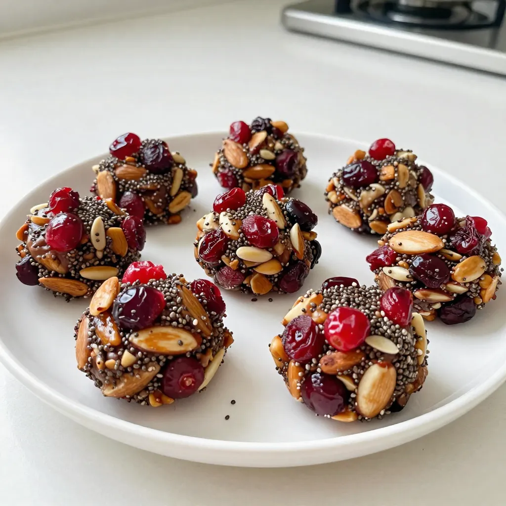 To make the Cranberry Almond Energy Bites, you will need a few simple items. Here’s the list: - 1 cup rolled oats - ½ cup almond butter - ⅓ cup honey or maple syrup - ½ cup dried cranberries, chopped - ½ cup slivered almonds - 2 tablespoons chia seeds - 1 teaspoon vanilla extract - A pinch of salt Each ingredient adds its own flavor and benefits. Rolled oats provide fiber. Almond butter gives healthy fats and protein. Honey or maple syrup adds natural sweetness. Dried cranberries bring a tart flavor. Slivered almonds add crunch. Chia seeds offer omega-3s. Vanilla extract enhances the taste. A pinch of salt balances all these flavors. You can easily find these ingredients at your local grocery store. Make sure to choose high-quality products for the best taste. For example, opt for natural almond butter without added sugar. This simple recipe brings together these wholesome ingredients for a tasty, easy snack. {{ingredient_image_2}} To start, grab a medium mixing bowl. Add 1 cup of rolled oats. Next, scoop in ½ cup of almond butter. Then, pour in ⅓ cup of honey or maple syrup. Finally, add 1 teaspoon of vanilla extract. Mix these ingredients together well. You want a sticky paste-like consistency for the next steps. Now it's time to make your mixture even more exciting. Chop ½ cup of dried cranberries and add them to your bowl. Then, sprinkle in ½ cup of slivered almonds. Don't forget to add 2 tablespoons of chia seeds and a pinch of salt. Stir everything thoroughly. This ensures every bite has a great mix of flavors and textures. With clean hands, take about a tablespoon of the mixture. Shape it into a round ball. Place each energy bite onto a parchment-lined baking sheet. Keep going until all the mixture is rolled into bites. This step is fun! You can make them as big or small as you like. After forming the bites, transfer them to the refrigerator. Let them chill for at least 30 minutes. This helps them firm up nicely. Once chilled, store your energy bites in an airtight container. They will stay fresh in the fridge for up to one week. Enjoy these tasty snacks anytime you need a boost! To get the best texture for your energy bites, mix well. Combine rolled oats, almond butter, honey, and vanilla extract. You want a thick paste that holds together. If it feels too dry, add a bit more almond butter. If too wet, add more oats. The right consistency helps shape perfect bites. Make your energy bites look great! Roll them in extra chia seeds or chopped nuts. This adds a nice crunch and makes them more appealing. Serve them in a colorful bowl. A bright bowl makes the bites look inviting and fun. Pair your energy bites with yogurt or fresh fruit. They taste great with a cup of tea or coffee. You can also enjoy them as a quick breakfast or snack on the go. These bites are flexible and fit many meal times. Pro Tips Use Fresh Ingredients: Always opt for fresh, high-quality dried cranberries and almonds for the best flavor and texture in your energy bites. Customize Your Mix-Ins: Feel free to experiment with different nuts, seeds, or dried fruits to suit your taste preferences and nutritional needs. Perfect Portioning: Use a cookie scoop for uniform energy bites, ensuring that each one is the same size for consistent nutrition and easy snacking. Storage Tips: For longer shelf life, you can freeze the energy bites. Just layer them in an airtight container with parchment paper in between each layer. {{image_4}} You can easily swap out the almond butter for other nut butters. Try peanut butter, cashew butter, or sunflower seed butter for a nut-free option. Each choice gives a unique flavor to your energy bites. For sweeteners, use agave syrup or coconut nectar instead of honey or maple syrup. These alternatives keep the bites tasty and sweet. Want to spice up your energy bites? Add seeds like pumpkin or sunflower seeds for a crunch. You can also mix in other dried fruits, like apricots or raisins. These options bring different flavors and textures. Experimenting with spices, like cinnamon or nutmeg, can add warmth and depth to the bites. Making your energy bites gluten-free is simple. Just ensure your oats are certified gluten-free. For vegan bites, swap the honey for maple syrup. This change keeps your snacks plant-based. You can also use vegan chocolate chips for an extra treat. These adjustments help everyone enjoy these energy bites. Store your Cranberry Almond Energy Bites in an airtight container. This keeps them fresh and prevents them from drying out. I recommend using glass or BPA-free plastic containers. These materials help maintain the taste and texture of the bites. These energy bites stay fresh for up to one week in the fridge. If you keep them sealed well, you will enjoy their chewy texture and sweet taste. After a week, they might lose some flavor but will still be safe to eat. For long-term storage, you can freeze your energy bites. Place them in a single layer on a baking sheet. Freeze them for about two hours until firm, then transfer them to a freezer bag. They can last up to three months in the freezer. When you’re ready to eat, just thaw them in the fridge overnight. Enjoy your healthy snack anytime! Yes, you can use rolled oats. Rolled oats are thicker and provide a chewy texture. Quick oats are finer and blend faster. The energy bites will still hold together well with rolled oats. If you prefer a softer bite, use quick oats. You can store these bites for up to one week. Keep them in an airtight container in the fridge. They will stay fresh and tasty this way. For longer freshness, consider freezing them. Just thaw them before eating. Yes, these energy bites are great for kids. They contain healthy fats, fiber, and natural sugars. The dried cranberries add sweetness and vitamins. These bites can provide energy for playtime or school. Just watch for any nut allergies. Absolutely! You can swap almond butter for sun butter or soy nut butter. These alternatives keep the texture creamy. You can also use pumpkin seeds instead of slivered almonds. Make sure to check for any allergies with these options. These energy bites are simple to make and delicious. You mix oats, almond butter, and honey. Then, you add cranberries, almonds, chia seeds, and salt. Form the mixture into balls and chill them. Remember, you can switch ingredients to fit your tastes or diets. Store them in an airtight container for freshness. Enjoy them as snacks for kids or yourself. These bites are packed with nutrients and energy. Try making them today for a quick and tasty treat!