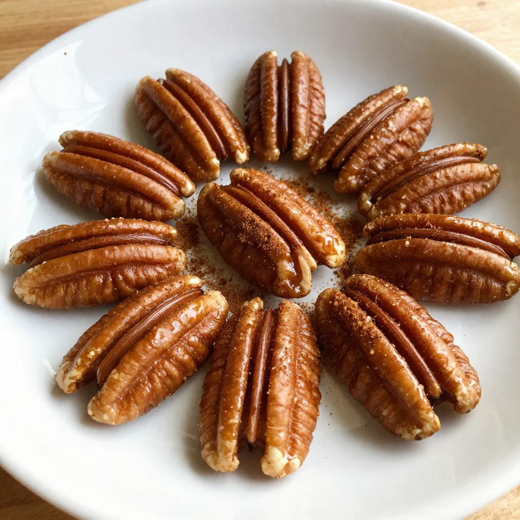 - 2 cups pecan halves - 1/4 cup pure maple syrup - 1 teaspoon ground cinnamon - 1/2 teaspoon vanilla extract - 1/4 teaspoon salt - 1 tablespoon unsalted butter, melted For this recipe, precise measurements matter. Use 2 cups of pecan halves for the best crunch. If you want a sweeter taste, you can add more maple syrup. If you need a nut-free option, try sunflower seeds instead. You can swap the unsalted butter with coconut oil for a dairy-free treat. When picking pecans, look for ones that are fresh and whole. They should feel heavy for their size. Avoid nuts with dark spots or a rancid smell. Organic pecans often taste better and have no harmful additives. For the best flavor, buy them in bulk from a trusted source. {{ingredient_image_2}} Start by preheating your oven to 350°F (175°C). This is important for even cooking. Next, line a baking sheet with parchment paper. This step helps prevent sticking and makes cleanup easy. In a large bowl, whisk together the pure maple syrup, melted butter, ground cinnamon, vanilla extract, and salt. Mix until smooth. This coating gives the pecans their sweet and spicy flavor. Carefully add the pecan halves to your bowl. Use a spatula to toss them gently. Make sure every pecan gets a nice coat of the maple mixture. Once coated, pour the pecans onto the baking sheet. Spread them into a single layer for even roasting. Place the baking sheet in the preheated oven. Roast the pecans for 15-20 minutes. Stir them halfway through to help them brown evenly. Keep an eye on them, as nuts can burn quickly. When they turn golden brown and smell amazing, take them out. Allow the pecans to cool on the baking sheet. They will become crispier as they cool. Enjoy your sweet and crunchy treat! To get the best results, spread the pecans in a single layer. This allows hot air to reach each nut. Stir the nuts halfway through roasting. This helps them brown evenly. Keep an eye on them, as they can burn quickly. The goal is a golden brown color with a nice crunch. Once your pecans cool, store them in an airtight container. They stay fresh for about two weeks at room temperature. For longer storage, put them in the fridge. You can also freeze them for up to six months. Just make sure they are in a freezer-safe container. Serve your maple cinnamon roasted pecans in a nice bowl. A sprinkle of extra cinnamon on top adds a pretty touch. These nuts make great gifts, too! Package them in a mason jar and tie it with a ribbon. Everyone loves a tasty and thoughtful treat! Pro Tips Use Fresh Pecans: For the best flavor and crunch, choose fresh pecan halves. Stale nuts can detract from the overall taste of your roasted snack. Adjust Sweetness: Feel free to modify the amount of maple syrup according to your taste preference. You can also try adding a pinch of cayenne for a spicy kick! Even Roasting: Stir the pecans halfway through roasting to ensure they brown evenly. This will help avoid any burnt bits and enhance the flavor. Cool Completely: Allow the pecans to cool on the baking sheet after roasting. This step is crucial for achieving that delightful crispiness! {{image_4}} You can change the taste of your pecans by adding spices. Try adding nutmeg for warmth. You can also mix in a pinch of cayenne for a spicy kick. A touch of ginger adds a lovely zing. If you want a cozy flavor, consider adding pumpkin pie spice. Each spice brings a new twist to the sweet and crunchy treat. If you want to swap maple syrup, there are great options. Honey can add a floral note. Agave syrup is another sweet option that is lighter. Coconut sugar gives a rich flavor and pairs well with cinnamon. Just remember, each sweetener may change the flavor and texture a bit. Mixing different nuts can make this snack even better. Almonds add a nice crunch and flavor. Walnuts can bring a soft texture and earthy taste. Cashews add creaminess that contrasts well with the crunch of pecans. Feel free to experiment with your favorite nut mix for a unique snack each time! A serving of Maple Cinnamon Roasted Pecans has about 200 calories. Most of these calories come from healthy fats and natural sugars. Each serving gives you around 20 grams of fat, mostly unsaturated fats. These fats are good for heart health. The carbs in this snack come from maple syrup and pecans, adding a touch of sweetness. Pecans are more than just a tasty treat. They are rich in nutrients. They contain protein, fiber, and healthy fats. This mix helps keep you full longer. Pecans also have antioxidants, which help fight free radicals in your body. Eating pecans can support heart health and improve digestion. Regular snacking on them may even lower cholesterol levels. These Maple Cinnamon Roasted Pecans fit many diets. They are gluten-free, making them safe for those with gluten sensitivities. They are also vegan since they use plant-based ingredients. Just replace the butter with coconut oil for a vegan option. This recipe is a great choice for anyone looking to enjoy a sweet and healthy snack! Roasted pecans can last up to two weeks at room temperature. Store them in an airtight container to keep them fresh. If you want them to last longer, you can freeze them. Just make sure to use a freezer-safe bag or container. They can stay good for up to six months in the freezer. Yes, you can use other nuts like walnuts or almonds. Each nut will give a different taste and texture. Just make sure to adjust the roasting time if you use larger nuts. They might need a bit more time to roast properly. The best way is to keep roasted pecans in an airtight container. This keeps them crunchy and fresh. Avoid exposing them to heat or moisture. For extra crunchiness, you can store them in the fridge. Yes, you can make this recipe ahead of time. Just roast the pecans and then let them cool. Store them in an airtight container until you need them. They make a great snack or topping for salads later on. You can adjust the sweetness by adding more or less maple syrup. If you want a less sweet taste, cut back on the syrup to half. For extra sweetness, add a bit more. You can also try adding a sprinkle of brown sugar for a caramel flavor. Roasting pecans is a simple and fun process. We explored the best ingredients, measurements, and how to prep. I shared tips for even roasting and ways to store your nuts. You can even try tasty variations with spices or sweeteners. With all this, you can enjoy healthy, delicious snacks. Remember, roasting pecans boosts their flavor and nutrition. Simple steps lead to great results. Enjoy your tasty treat!