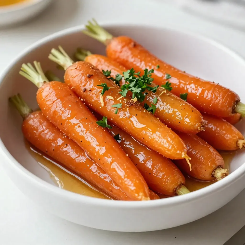 - 1 pound baby carrots (or regular carrots, peeled and cut into sticks) - 3 tablespoons honey - 2 tablespoons unsalted butter - 1 tablespoon fresh ginger, finely grated - 1/4 teaspoon ground cinnamon - Salt and freshly cracked pepper to taste - 2 tablespoons chopped fresh parsley (for garnish) - For this recipe, you need 1 pound of baby carrots. If you use regular carrots, peel and cut them into sticks. - Use 3 tablespoons of honey to give your dish a sweet taste. Maple syrup works well if you want a different flavor. - You’ll need 2 tablespoons of unsalted butter to create a rich base for the glaze. - Fresh ginger adds a nice kick; use 1 tablespoon, finely grated. Ground ginger can be a quicker substitute. - A pinch of ground cinnamon (1/4 teaspoon) adds warmth. You can skip it if you prefer. - Season with salt and freshly cracked pepper to taste. - Use 2 tablespoons of chopped fresh parsley for a colorful finish. You can use other herbs like chives if you like. This list of ingredients makes the dish simple yet full of flavor. Each one adds something special to the final dish. {{ingredient_image_2}} 1. Start by heating a large skillet over medium heat. Add 2 tablespoons of unsalted butter. Let it melt fully. Be careful not to let it brown. 2. Once the butter melts, add 1 tablespoon of finely grated fresh ginger. Sauté it for about 1 minute. You want the ginger to smell really good. 3. Next, pour in 3 tablespoons of honey. Sprinkle in 1/4 teaspoon of ground cinnamon. Mix everything well. You want a fragrant glaze that smells sweet and spicy. 1. Carefully add 1 pound of baby carrots to the skillet. If you use regular carrots, peel and cut them into sticks first. Toss the carrots gently. Make sure they are coated with the honey-ginger mixture. 2. Season the carrots with salt and freshly cracked pepper to taste. This adds flavor to each bite. 3. Lower the heat to a simmer. Cover the skillet and let the carrots cook for about 10 to 12 minutes. Stir them occasionally. The carrots should be tender but still hold their shape. 4. After 10 to 12 minutes, remove the lid. Continue cooking for an extra 2 to 3 minutes. This helps the glaze thicken and stick to the carrots. 1. Once the carrots are glazed nicely, transfer them to a vibrant serving dish. A shallow bowl or platter works great. 2. Garnish with 2 tablespoons of chopped fresh parsley. This adds a pop of color and freshness. 3. For a beautiful look, consider serving the glazed carrots with roasted meats. It makes a complete and tasty meal. Balancing sweetness and spice is key to this dish. The honey gives a lovely sweetness, while fresh ginger adds a warm kick. Adjust the honey if you want it sweeter, or add more ginger for more spice. Ground cinnamon brings a cozy flavor that ties everything together. To gain that perfect glaze, keep an eye on the cooking time. Once the carrots are tender, you want to reduce the heat and let the glaze thicken. Stir the carrots often so they get a nice coating. This helps the glaze stick and gives each bite a burst of flavor. Carrots come in different sizes. For baby carrots, 10-12 minutes should work well. If you use larger carrots, cut them into smaller sticks. This helps them cook evenly. You may need to add a few extra minutes to ensure they are tender. To ensure even cooking, stir the carrots occasionally. This helps them cook through and absorb the glaze. If you want them extra tender, cover the skillet with a lid while they cook. This traps steam and speeds up the cooking process. Pro Tips Choose the Right Carrots: Opt for fresh, vibrant baby carrots for a sweeter taste and better texture. If using regular carrots, ensure they are firm and not woody. Adjusting Sweetness: Feel free to adjust the amount of honey based on your preference for sweetness. You can also substitute maple syrup for a different flavor profile. Ginger Alternatives: If fresh ginger is unavailable, ground ginger can be used as a substitute. Use about 1/2 teaspoon of ground ginger for this recipe. Make Ahead: These glazed carrots can be prepared ahead of time. Simply reheat them in the skillet with a splash of water to prevent drying out before serving. {{image_4}} You can change the sweetener in this recipe. Instead of honey, try maple syrup. It gives a nice flavor twist. You can also use agave nectar for a lighter taste. Each sweetener adds its own charm. Adding spices can elevate your glazed carrots. Try nutmeg for warmth or clove for a spicy kick. Just a pinch can make a big difference. Play around with these spices to find your favorite mix. Feel free to add more vegetables to this dish. Peas, green beans, or bell peppers work well. They add color and texture, making the dish even more appealing. Just adjust cooking times to keep everything tender. You can also use the honey ginger glaze on other foods. Try it on chicken or salmon for a sweet and spicy touch. It’s a flexible sauce that can enhance many meals. Use your creativity and enjoy! To keep your honey ginger glazed carrots fresh, place them in an airtight container. Store them in the fridge. The carrots will stay good for about 3 to 5 days. If you want to enjoy them longer, freeze them. They can last up to 3 months in the freezer. Just make sure they cool down before storing. When reheating your glazed carrots, aim for gentle methods. You can use the microwave or the stove. For the microwave, place the carrots in a bowl, cover them, and heat for 1 to 2 minutes. Stir halfway through. This keeps them moist. If using the stove, add a splash of water to a pan. Heat over low heat and stir until warm. This method helps to keep the texture nice and tender. Can I use frozen carrots for this recipe? Yes, you can use frozen carrots. They may take a bit longer to cook. Just follow the same steps. Keep an eye on them to ensure they get tender. How can I make this dish vegan? To make honey ginger glazed carrots vegan, replace honey with maple syrup. Use vegan butter in place of unsalted butter. The flavor will still shine through. What dishes pair well with honey ginger glazed carrots? These carrots go great with roasted chicken or pork. They also pair nicely with rice or quinoa. Their sweet and spicy flavor adds a nice touch to any plate. Can I roast the carrots instead of glazing them? Yes, you can roast the carrots for a different flavor. Toss them with honey, ginger, and spices, then roast at 400°F until tender. This method gives great caramelization. What’s the best way to clean and prepare fresh ginger? To clean fresh ginger, rinse it under water and scrub gently. Peel the skin with a spoon for easy removal. Then, grate it finely for your recipe. This blog post covered a simple recipe for honey ginger glazed carrots. We explored key ingredients, step-by-step cooking instructions, and useful tips for perfecting flavor. Variations and storage methods help to make this dish your own. In conclusion, this recipe is versatile and easy. You can customize it to fit your taste. Enjoy cooking and sharing this delicious side dish!