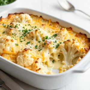 To make Cheesy Cauliflower Au Gratin, you need a few key ingredients. Here’s what you’ll gather: - 1 large head of cauliflower, cut into bite-sized florets - 2 tablespoons olive oil, plus extra for greasing - Salt and freshly ground black pepper, to taste - 2 cups shredded sharp cheddar cheese - 1 cup grated Parmesan cheese - ½ cup heavy cream - 2 tablespoons unsalted butter - 2 tablespoons all-purpose flour - 1 cup whole milk - 1 teaspoon garlic powder - ½ teaspoon onion powder - ½ teaspoon smoked paprika - Fresh parsley, finely chopped, for garnish Each ingredient plays a role. The cauliflower provides texture, while the cheeses add richness. Heavy cream and butter create a luscious sauce. Spices like garlic powder and smoked paprika bring depth. Don’t forget to season with salt and pepper for balance. Gather everything before you start. It makes the cooking process smooth and fun. {{ingredient_image_2}} Start by preheating your oven to 375°F (190°C). This step warms the oven for even cooking. Grease a medium baking dish with a little olive oil. Greasing helps keep the dish from sticking. Next, bring a large pot of salted water to a boil. Add the cauliflower florets and blanch them for about 5 minutes. You want them slightly tender but still crisp. After blanching, drain the florets in a colander. Set them aside to cool. This step helps the cauliflower stay firm during baking. In a medium saucepan, melt 2 tablespoons of unsalted butter over medium heat. Once melted, sprinkle in 2 tablespoons of all-purpose flour. Whisk this mixture for about 2 minutes. This roux will thicken your cheese sauce. Gradually add 1 cup of whole milk and ½ cup of heavy cream while whisking constantly. Stir in 1 teaspoon of garlic powder, ½ teaspoon of onion powder, and ½ teaspoon of smoked paprika. Whisk for about 5 minutes until the sauce thickens to a creamy texture. Now, take the blanched cauliflower and gently fold it into the cheese sauce. Make sure each piece gets a good coating of the sauce. This ensures every bite is cheesy and delicious. Pour the mixture into the greased baking dish. Spread it out evenly. Sprinkle some reserved shredded cheddar and 1 cup of grated Parmesan cheese on top. Place the dish in the oven and bake for 20 to 25 minutes. Look for a golden brown top and bubbly edges. This means it is done! After baking, let the dish cool for about 5 minutes. This resting time helps set the cheese. Garnish with freshly chopped parsley for a pop of color. Serving right from the baking dish adds a rustic touch. Enjoy this cheesy comfort food! - Overcooking the cauliflower: This will make it mushy. Blanch for only 5 minutes. - Not whisking the sauce continuously: This can cause lumps. Keep whisking to ensure smoothness. - Adding spices or herbs: Try adding a pinch of cayenne for heat or fresh thyme for earthiness. - Using different cheese varieties: Mix in gouda or fontina for a richer flavor. These cheeses melt well and add depth. - Serving directly from the dish vs. ramekins: You can serve from a large dish for a casual vibe. For a fancy touch, use ramekins. - Garnishing ideas for visual appeal: Sprinkle fresh parsley on top. It adds color and freshness. You can also add a light dusting of paprika for extra flair. Pro Tips Choose the Right Cauliflower: Look for a cauliflower head that is firm and free of blemishes. Freshness ensures better flavor and texture in your au gratin. Customize Your Cheese: Feel free to mix different types of cheese like Gruyère or mozzarella for a unique flavor profile. Just ensure that you have a good melting cheese for the best results. Don’t Skip the Blanching: Blanching the cauliflower before baking helps to enhance its color and reduces the cooking time in the oven, ensuring it's perfectly tender. Perfectly Browned Top: For an extra crispy topping, broil the au gratin for the last 1-2 minutes of baking, but watch closely to prevent burning. {{image_4}} You can add more veggies to your au gratin. Broccoli works well for color and taste. Just steam it lightly, so it stays crisp. Brussels sprouts also add a nice crunch. Slice them thinly and mix them in. You can even toss in some fresh spinach for a pop of green. It wilts down nicely and adds nutrients. For gluten-free options, swap all-purpose flour with cornstarch. This keeps your sauce thick and creamy. If you're dairy-free, try using almond or oat milk. There are many dairy-free cheese brands available now. Look for ones that melt well to keep that cheesy goodness. The spice in your au gratin can change the whole dish. Try adding a pinch of cayenne for heat. You could also use different herbs like thyme or rosemary for freshness. If you want more flavor, add cooked bacon or diced ham. They give a savory kick that pairs nicely with the cheese and cauliflower. After enjoying your cheesy cauliflower au gratin, store any leftovers properly. Let the dish cool down to room temperature. Use an airtight container to keep it fresh. This dish lasts about 3 to 5 days in the fridge. Make sure to label your container with the date. When it comes to reheating, you have two good options: the oven or the microwave. For best results, use the oven. Preheat it to 350°F (175°C) and bake for about 15 to 20 minutes. This keeps the dish crispy on top. If you prefer the microwave, heat in short bursts. Use a lower power setting to avoid sogginess. Cover the dish with a paper towel to help with steam. Enjoy it warm and tasty! Making Cheesy Cauliflower Au Gratin takes about 55 minutes. - Prep time: 15 minutes - Cook time: 40 minutes - Total time: 55 minutes This time includes all steps, from prepping the ingredients to baking the dish. You can enjoy a warm, cheesy meal in under an hour. Yes, you can prep this dish ahead of time. - Prep ahead: Blanch the cauliflower and make the cheese sauce. - Storage: Keep them separate in the fridge. - Timing: You can assemble and bake it when ready. This method saves time on busy days and allows the flavors to develop. For a rich flavor, I recommend using sharp cheddar cheese. - Cheddar: It melts well and adds a nice tang. - Parmesan: Grated Parmesan adds depth and a salty kick. Experiment with other cheeses like Gruyère or Monterey Jack for unique tastes. Cheesy Cauliflower Au Gratin can be a healthy option. - Nutritional facts: Cauliflower is low in calories and high in fiber. - Lighter variations: Use reduced-fat cheese or milk. This dish can fit into a balanced diet while still being comforting and delicious. In this post, we covered how to make Cheesy Cauliflower Au Gratin from start to finish. You learned about the key ingredients, step-by-step instructions, tips to avoid mistakes, and creative variations. Remember, the right cheese and proper cooking time make a big difference. This dish offers a tasty way to enjoy vegetables, whether for a family meal or a special occasion. Enjoy making this recipe and share it with friends! Your kitchen is now ready for a cheesy delight.