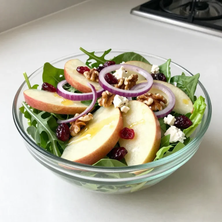 - 3 cups mixed salad greens (arugula, spinach, romaine) - 2 medium apples (Honeycrisp or Fuji) - 1 cup dried cranberries - 1 cup walnuts, toasted and roughly chopped - 1/2 cup feta cheese, crumbled - 1/4 cup red onion, thinly sliced - 1/2 cup extra-virgin olive oil - 2 tablespoons apple cider vinegar - 1 tablespoon honey - Salt and pepper to taste To create a delicious Apple Cranberry Walnut Salad, gather these fresh and vibrant ingredients. The salad base uses a mix of three greens, which gives a nice texture. I love using Honeycrisp or Fuji apples because they are sweet and crunchy. The dried cranberries add a tart flavor that contrasts beautifully with the nuts. Next, we toast the walnuts to bring out their rich flavor. This small step makes a big difference! Crumbled feta cheese adds a creamy and salty bite that works well with the other ingredients. Finally, we have the red onion, which gives the salad a sharp kick. For the dressing, combine extra-virgin olive oil and apple cider vinegar. The vinegar adds a tangy taste that balances the sweetness of the honey. Season with salt and pepper to make it just right. This mix brings all the salad components together and enhances the overall flavor. Collect all these ingredients, and you are ready to make a fresh, flavorful salad that everyone will enjoy! {{ingredient_image_2}} - In a large bowl, combine 3 cups of mixed salad greens. Use arugula, spinach, and romaine for great flavor. - Next, add 2 thinly sliced apples. I like using Honeycrisp or Fuji for their sweetness. - Toss in 1 cup of dried cranberries. They add a nice tartness and color to the mix. - Now, sprinkle 1 cup of toasted walnuts on top. Toasting brings out their rich flavor. - Crumble 1/2 cup of feta cheese over the salad. This adds a creamy and salty touch. - Distribute 1/4 cup of thinly sliced red onion throughout the salad. It gives a nice crunch and sharpness. - In a small bowl, whisk together 1/2 cup of extra-virgin olive oil, 2 tablespoons of apple cider vinegar, and 1 tablespoon of honey. Add a pinch of salt and pepper. - Drizzle the dressing over the salad. Toss gently to coat everything without bruising the apples. - Serve right away to keep the greens crisp and fresh. Enjoy the bright flavors! Choosing the right apples is key. I love using Honeycrisp or Fuji apples. They add a sweet crunch. Their flavor makes the salad shine. Toasting walnuts is another important step. It brings out their rich flavor. You can toast them in a pan or oven. This small step makes a big difference in taste. For a beautiful display, layer the salad in clear glass bowls. You can see the bright greens, apples, and cranberries. It looks fresh and inviting. Top the salad with extra walnuts and crumbled feta. This adds a nice touch and makes it more appealing. This salad pairs well with grilled chicken or fish. It also works as a side for a festive meal. Enjoy it during autumn gatherings or summer picnics. It’s perfect for any occasion! Pro Tips Choose the Right Apples: Opt for Honeycrisp or Fuji apples for their perfect balance of sweetness and crispness, enhancing the overall flavor of your salad. Toast the Walnuts: Toasting walnuts before adding them to the salad brings out their natural oils and deepens their flavor, making them a delightful addition. Dress Just Before Serving: To maintain the freshness and crispness of the greens, dress the salad just before serving. This prevents wilting and keeps every bite refreshing. Experiment with Cheese: While feta adds a nice tang, feel free to experiment with other cheeses like goat cheese or blue cheese for varied flavors and textures in your salad. {{image_4}} You can make this salad your own by adding protein. Try grilled chicken or crispy tofu for a hearty twist. Both options bring great flavor and make your salad more filling. You can also switch up the cheese. Goat cheese gives a tangy touch, while blue cheese adds a bold flavor. These changes keep the salad fresh and exciting. In fall, you can enhance the salad with seasonal ingredients. Add roasted sweet potatoes or pomegranate seeds for extra color and taste. In summer, consider using lighter ingredients. Swap apples for berries, like strawberries or blueberries, to create a refreshing summer salad. This keeps the flavors bright and delightful. You might want to change the dressing as well. Instead of apple cider vinegar, try balsamic or red wine vinegar for a different tang. Both options add a unique depth of flavor. You can also experiment with flavored olive oils, like garlic or herb-infused oils. These oils can change the whole taste of your salad, making it even more delicious. To keep your Apple Cranberry Walnut Salad fresh, store it in an airtight container. This way, the greens stay crisp. Refrigerate it right after serving. It usually lasts for about two days in the fridge. If you want to keep the dressing separate, do that. This helps prevent soggy greens. You should not freeze the salad as a whole. Freezing changes the texture of the greens and apples. However, you can freeze some ingredients. Nuts freeze well and can last months. Apples can also be frozen, but they become mushy. If you freeze apples, slice them first. Store them in a freezer bag with air removed. For busy days, prepare the salad base ahead. Mix the greens, apples, cranberries, and walnuts. Keep them in the fridge for up to two days. When ready to eat, add feta and onion. Dress the salad right before serving. You can refresh the salad by tossing it gently. If it seems dry, add a little extra dressing. Apple Cranberry Walnut Salad lasts about 3 to 5 days in the fridge. To keep it fresh, store it in an airtight container. I recommend eating it within the first couple of days. The greens stay crisp, and the flavors are bright. After a few days, the greens may wilt, and the taste may change. You can use fresh cranberries, but the taste and texture will differ. Fresh cranberries are tart and crunchy. Dried cranberries provide a sweet burst of flavor. If you want a sweeter salad, stick with dried. Fresh cranberries may also need extra sugar or honey to balance their tartness. This salad is packed with health benefits. Here are some key points: - Fruits and Vegetables: Apples and greens provide vitamins and fiber. - Cranberries: Rich in antioxidants, they help fight inflammation. - Walnuts: They offer healthy fats and protein, promoting heart health. - Feta Cheese: Adds calcium and protein for strong bones. - Olive Oil: A heart-healthy fat that supports overall wellness. Eating this salad can support your health and provide essential nutrients. This blog post shared how to make a tasty Apple Cranberry Walnut Salad. You learned about the key ingredients, simple steps, and great tips for a perfect dish. Remember to try different toppings and dressings to make it your own. Storing leftovers properly keeps the salad fresh for days. Enjoy this salad at any meal or event for a boost of flavor and nutrients. It’s a fun and healthy option that everyone will love!
